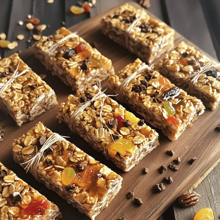 - 2 cups rolled oats - 1/2 cup almond butter (or your favorite nut butter) - 1/2 cup honey or maple syrup - 1/2 cup chopped nuts (such as almonds, walnuts, or pecans) - 1/4 cup mini dark chocolate chips (optional) - 1/4 cup dried fruit (choose from raisins, cranberries, or apricots) - 1 teaspoon vanilla extract - 1/2 teaspoon ground cinnamon - A pinch of salt Rolled oats provide fiber, which helps keep you full. They also lower cholesterol. Almond butter gives you healthy fats and protein. Honey or maple syrup adds sweetness but also some trace vitamins. Chopped nuts are great for healthy fats, protein, and minerals. Mini dark chocolate chips can boost mood with antioxidants. Dried fruit adds natural sweetness and fiber. Vanilla extract enhances flavor without extra calories. Ground cinnamon adds taste and can help regulate blood sugar. A pinch of salt brings out all the flavors. If you want to switch things up, try peanut butter or cashew butter instead of almond butter. You can use agave nectar as a sweetener in place of honey. For nuts, sunflower seeds work well if you need a nut-free option. Instead of dark chocolate chips, try white chocolate or leave them out entirely. You can swap dried fruit for seeds or even fresh fruit if you plan to eat the bars right away. To start, gather your ingredients. You will need rolled oats, nut butter, honey, nuts, and more. In a large bowl, mix the rolled oats, chopped nuts, chocolate chips, dried fruit, cinnamon, and salt. Stir them well until everything is evenly spread. In a small bowl, blend the almond butter, honey, and vanilla extract. Mix these until they are smooth and creamy. Then, pour this wet mixture into the dry ingredients. Use a spatula to combine them. Keep stirring until the mixture feels sticky and well mixed. Next, line an 8x8 or 9x5-inch baking dish with parchment paper. Leave some paper hanging over the edges. This will help when you take the bars out later. Transfer the sticky granola mix to the lined dish. When pressing the mixture, use your hands or the spatula's back. Make sure to press down firmly. This helps the bars hold their shape when cut. Aim for an even layer. If it feels loose, keep pressing until it feels compact. To make sure it sticks well, you can dampen your hands slightly before pressing. This will help the mixture not to stick to your hands. Now, place the dish in the fridge. Let it chill for 1-2 hours. This will help the bars firm up nicely. After the chilling time, lift the bars out of the dish using the parchment paper. Cut the granola slab into bars or squares based on your preferred size. Enjoy your healthy no-bake granola bars as a tasty snack! For the full recipe, check the section above. To get your granola bars to hold together, you need a good sticky mix. The almond butter and honey work as glue. When you mix the wet and dry items, make sure to blend them well. Use a spatula to press the mixture into your pan. Press it down hard to pack it together. This helps the bars stick when you cut them. Store your granola bars in an airtight container. They will stay fresh for about one week at room temperature. If you want them to last longer, keep them in the fridge. For even longer storage, you can freeze them. Wrap each bar in parchment paper and place them in a freezer bag. They can last up to three months this way. These granola bars make a great snack anytime. You can enjoy them as is or pair them with yogurt. Slice them into smaller pieces for kids or share at a picnic. You can even crumble them over oatmeal for breakfast. They are tasty and fun to eat! Want the full recipe? You can find it above. {{image_4}} You can change the nut butter for different tastes. Almond butter is creamy and nutty. Peanut butter brings a classic flavor. Cashew butter offers a smooth and mild taste. Sunflower seed butter is great for nut-free diets. Each option changes the flavor and texture of your bars. Superfoods boost nutrition in your granola bars. Try adding chia seeds for fiber and omega-3s. Flaxseeds add extra fiber and protein too. Protein powder can also give your bars a healthy kick. Just mix in a scoop with your dry ingredients for a protein boost. Flavor is key for tasty granola bars. You can add spices like nutmeg or ginger for warmth. Try using fruit purees for extra sweetness and moisture. Coconut flakes add a tropical touch. Don’t forget to experiment with extracts! Almond or coconut extracts can make your bars even more delicious. For the full recipe, you can refer to the Healthy No Bake Granola Bars. Enjoy making your own tasty snacks! To keep your granola bars fresh, store them in an airtight container. This helps protect them from air and moisture. You can also wrap each bar in plastic wrap for added freshness. Keep the container in a cool, dry place, like your pantry. Avoid direct sunlight, as this can make them go stale fast. Storing them correctly helps maintain their taste and texture. You can freeze granola bars for long-term storage. To do this, wrap each bar in plastic wrap. Then, place them in a freezer-safe bag or container. Label the bag with the date. You can freeze them for up to three months. When you're ready to eat one, take it out and let it thaw at room temperature. You can also microwave it for a few seconds to enjoy it warm. When stored properly, your healthy no bake granola bars last about one week at room temperature. In the fridge, they can last up to two weeks. If you freeze them, they stay good for three months. Always check for any signs of spoilage, like an off smell or change in texture. Trust your senses to decide if they are still good to eat. Yes, you can easily make these bars vegan. Just replace honey with maple syrup. Use any nut butter that fits your taste. This way, your snack stays plant-based and delicious. You can tell the bars are set when they feel firm to the touch. After chilling for 1-2 hours, they should hold their shape. If they are still soft, give them more time in the fridge. You can mix in many fun ingredients! Try adding seeds like chia or flax. You can also use different dried fruits like apricots or figs. For a crunch, add more nuts or coconut flakes. These granola bars are healthy because they use whole ingredients. Rolled oats provide fiber, which helps with digestion. Nut butter adds protein and healthy fats. Dried fruits give natural sweetness and vitamins. To make your own Healthy No Bake Granola Bars, check out the Full Recipe above. It’s simple and quick, and you’ll love the taste! You learned about crafting healthy no-bake granola bars from start to finish. We discussed the key ingredients and their benefits, along with handy tips for making and storing them. You can experiment with variations like different nut butters and superfoods. Remember, these bars are easy to customize and fun to make. They can fit into many diets and are great for snacking. Try these ideas, and enjoy your tasty and nutritious treat!