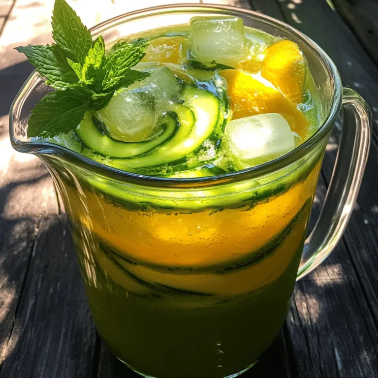 - 2 medium cucumbers, peeled and roughly chopped - 1 tablespoon fresh ginger, finely grated - 2-3 large lemons, juiced (about ½ cup of lemon juice) - 1/4 cup honey (or agave syrup for a vegan option) - 4 cups cold water - A pinch of salt - Fresh mint leaves for garnish - Ice cubes - Blender - Fine-Mesh Sieve - Large Pitcher - Measuring Cups To make cucumber ginger lemonade, you need fresh ingredients. Choose firm cucumbers with a vibrant green color. Select juicy lemons that feel heavy for their size. Fresh ginger adds a spicy kick, so pick a root that is smooth and firm. For sweetness, honey or agave syrup works well. You also need basic kitchen tools. A blender helps puree the cucumbers. A fine-mesh sieve strains the mixture, ensuring a smooth drink. A large pitcher holds your lemonade as it chills. Measuring cups ensure you use the right amounts of each ingredient. These ingredients and tools are essential for making this refreshing summer drink. They create a balance of flavors that will quench your thirst on hot days. You can find the full recipe in the section above. - Peeling and Chopping Start by peeling the cucumbers. Use a vegetable peeler to remove the skin. Then, chop the cucumbers into large chunks. This makes them easier to blend. - Blending to Puree Place the chopped cucumbers into a blender. Blend at high speed until the mixture is smooth and liquid-like. This will create a fresh cucumber puree for your lemonade. - Using a Fine-Mesh Sieve Next, take a fine-mesh sieve and set it over a large pitcher. Pour the cucumber puree into the sieve. This helps to separate the juice from the pulp. - Extracting Maximum Juice Use a spatula or the back of a spoon to press down on the mixture. This action extracts every drop of juice. Discard the leftover pulp, as you won’t need it for the lemonade. - Adding Ginger, Lemon Juice, and Sweetener In the pitcher with cucumber juice, add the freshly grated ginger. Then, squeeze the juice from the lemons. Pour in the honey or agave syrup, and add a pinch of salt. - Mixing and Adjusting Sweetness Stir the mixture well. Make sure the honey dissolves fully. Taste it, and if you want it sweeter, add more honey until it’s just right. - Refrigeration Time and Tips for Flavor Enhancement Cover the pitcher and place it in the fridge. Let it chill for about 30 minutes. This time allows the flavors to blend beautifully, giving you a refreshing drink. - Pouring Over Ice When you're ready to serve, fill glasses with ice cubes. Then pour the chilled cucumber ginger lemonade over the ice. - Garnishing with Mint Finally, garnish each glass with fresh mint leaves. This adds a nice color and a lovely aroma to your drink. Enjoy your refreshing summer drink! For the full recipe, check out the details above. To make your cucumber ginger lemonade just right, you can adjust its sweetness and acidity. If you find it too sour, add more honey or agave syrup. Start with a small amount and mix well. Taste it again until you reach your ideal balance. For a zesty kick, try adding a bit of lime juice. This adds a fun twist to the flavor. Infusing flavor is also key. After mixing the ingredients, let the drink chill in the fridge for 30 minutes. This allows the flavors to blend well. You can even add sliced cucumbers or ginger into the pitcher. This gives a fresh look and extra taste to your drink. Serving your cucumber ginger lemonade can be a fun part of the process. Use tall, clear glasses to show off the bright green color. For a fancy touch, try using mason jars or colorful glassware. Add a sprig of mint on top for a pop of color. It also adds a nice scent when you sip. You can also create a lemonade bar. Set out ice, fresh fruits, and herbs. Let guests customize their own drinks. This adds a fun and interactive element to your gathering. Making this lemonade in advance can save you time. You can prepare the base a day before serving. Just follow the full recipe and store it in the fridge. Avoid adding ice until you are ready to serve. This keeps the drink from getting watery. For best storage, use a pitcher with a lid. This keeps the lemonade fresh and prevents it from absorbing other fridge smells. If you have leftovers, store them in an airtight container. They will last for up to three days. {{image_4}} Cucumber ginger lemonade is a great base for fun twists. You can mix it up to suit your taste or mood. - Mint Variation: Adding fresh mint gives this drink a cool flavor. Just toss in a handful of mint leaves when blending the cucumbers. This makes your drink even more refreshing. - Citrus Variations: Want more zing? Try adding lime or orange juice. These fruits blend well with the lemon and add a bright, tangy kick. Just use the same amount of juice as you do for lemons. - Using Different Natural Sweeteners: Honey is common, but you can swap it for agave syrup or maple syrup. Each sweetener brings its own flavor profile. Try them out to see what you like best. - Sugar-Free Options: If you want a sugar-free drink, use a sugar substitute like stevia or erythritol. Just remember to adjust the amount to avoid making it too sweet. - Adding Herbal Elements: You can also add herbs like basil or rosemary. These add a unique flavor. Just crush the leaves before adding to release their oils. - Using Sparkling Water for a Fizzy Twist: For a bubbly drink, use sparkling water instead of still water. This adds a fun fizz and makes it feel more like a celebration. Just mix it in right before serving to keep the bubbles. These variations make cucumber ginger lemonade fun. You can always find new ways to enjoy it! For the full recipe, check the main article. To keep your cucumber ginger lemonade fresh, use a clean glass pitcher. Glass does not hold odors or flavors like plastic. You can also use a mason jar with a tight lid. This helps keep the lemonade flavorful and cool. Make sure to seal it well. In the refrigerator, your lemonade lasts about three days. After this, the flavors may fade. If you notice separation, just give it a quick stir. Always check for any off smells or changes in color. You can freeze your lemonade for later use. Pour it into ice cube trays for easy storage. This way, you can add a cube to any drink for a refreshing twist. Just pop the cubes out when you're ready. Enjoy the cool taste anytime in the future! Cucumber ginger lemonade offers great health benefits. - Hydration and Cooling Effects: This drink helps keep you hydrated. Cucumber has high water content, making it refreshing. Ginger adds a nice kick and can help cool your body. - Nutritional Benefits of Cucumbers and Ginger: Cucumbers are low in calories and rich in vitamins. They contain vitamin K and antioxidants. Ginger can help with digestion and reduce inflammation. This drink is a tasty way to get these nutrients. Yes, you can easily change the recipe to fit your taste. - Customizing Sweetness and Flavor Profiles: If you want it sweeter, add more honey or agave syrup. For more zing, squeeze in more lemon juice. You can also add more ginger for a stronger flavor. Try different amounts until it tastes just right for you. Absolutely! This drink is great for detox diets. - Discussing Detox Properties and Usage: Cucumber and ginger help flush out toxins. They work together to cleanse your system. The lemon adds vitamin C, which supports your immune system. This makes it a perfect drink for a detox. Making this lemonade vegan is simple and easy. - Sweetener Alternatives and Other Vegan Tips: Instead of honey, use agave syrup or maple syrup. Both options work well and keep the drink vegan. Also, check any garnishes you use to ensure they are plant-based. Cucumber ginger lemonade is refreshing and simple to make. We covered the key ingredients, like cucumbers, ginger, and lemons, and the equipment needed. Following clear steps helps create the best flavor. You can also experiment with different sweeteners and variations for a unique twist. Store leftovers properly to enjoy later. Creating your drink offers hydration and a fun way to enjoy summer. Now, you can impress others with your homemade lemonade!