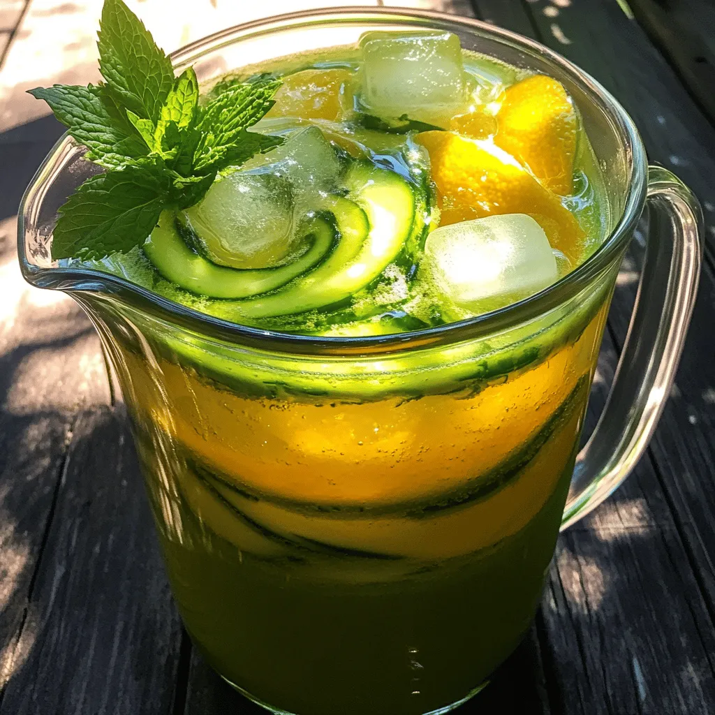 - 2 medium cucumbers, peeled and roughly chopped - 1 tablespoon fresh ginger, finely grated - 2-3 large lemons, juiced (about ½ cup of lemon juice) - 1/4 cup honey (or agave syrup for a vegan option) - 4 cups cold water - A pinch of salt - Fresh mint leaves for garnish - Ice cubes - Blender - Fine-Mesh Sieve - Large Pitcher - Measuring Cups To make cucumber ginger lemonade, you need fresh ingredients. Choose firm cucumbers with a vibrant green color. Select juicy lemons that feel heavy for their size. Fresh ginger adds a spicy kick, so pick a root that is smooth and firm. For sweetness, honey or agave syrup works well. You also need basic kitchen tools. A blender helps puree the cucumbers. A fine-mesh sieve strains the mixture, ensuring a smooth drink. A large pitcher holds your lemonade as it chills. Measuring cups ensure you use the right amounts of each ingredient. These ingredients and tools are essential for making this refreshing summer drink. They create a balance of flavors that will quench your thirst on hot days. You can find the full recipe in the section above. - Peeling and Chopping Start by peeling the cucumbers. Use a vegetable peeler to remove the skin. Then, chop the cucumbers into large chunks. This makes them easier to blend. - Blending to Puree Place the chopped cucumbers into a blender. Blend at high speed until the mixture is smooth and liquid-like. This will create a fresh cucumber puree for your lemonade. - Using a Fine-Mesh Sieve Next, take a fine-mesh sieve and set it over a large pitcher. Pour the cucumber puree into the sieve. This helps to separate the juice from the pulp. - Extracting Maximum Juice Use a spatula or the back of a spoon to press down on the mixture. This action extracts every drop of juice. Discard the leftover pulp, as you won’t need it for the lemonade. - Adding Ginger, Lemon Juice, and Sweetener In the pitcher with cucumber juice, add the freshly grated ginger. Then, squeeze the juice from the lemons. Pour in the honey or agave syrup, and add a pinch of salt. - Mixing and Adjusting Sweetness Stir the mixture well. Make sure the honey dissolves fully. Taste it, and if you want it sweeter, add more honey until it’s just right. - Refrigeration Time and Tips for Flavor Enhancement Cover the pitcher and place it in the fridge. Let it chill for about 30 minutes. This time allows the flavors to blend beautifully, giving you a refreshing drink. - Pouring Over Ice When you're ready to serve, fill glasses with ice cubes. Then pour the chilled cucumber ginger lemonade over the ice. - Garnishing with Mint Finally, garnish each glass with fresh mint leaves. This adds a nice color and a lovely aroma to your drink. Enjoy your refreshing summer drink! For the full recipe, check out the details above. To make your cucumber ginger lemonade just right, you can adjust its sweetness and acidity. If you find it too sour, add more honey or agave syrup. Start with a small amount and mix well. Taste it again until you reach your ideal balance. For a zesty kick, try adding a bit of lime juice. This adds a fun twist to the flavor. Infusing flavor is also key. After mixing the ingredients, let the drink chill in the fridge for 30 minutes. This allows the flavors to blend well. You can even add sliced cucumbers or ginger into the pitcher. This gives a fresh look and extra taste to your drink. Serving your cucumber ginger lemonade can be a fun part of the process. Use tall, clear glasses to show off the bright green color. For a fancy touch, try using mason jars or colorful glassware. Add a sprig of mint on top for a pop of color. It also adds a nice scent when you sip. You can also create a lemonade bar. Set out ice, fresh fruits, and herbs. Let guests customize their own drinks. This adds a fun and interactive element to your gathering. Making this lemonade in advance can save you time. You can prepare the base a day before serving. Just follow the full recipe and store it in the fridge. Avoid adding ice until you are ready to serve. This keeps the drink from getting watery. For best storage, use a pitcher with a lid. This keeps the lemonade fresh and prevents it from absorbing other fridge smells. If you have leftovers, store them in an airtight container. They will last for up to three days. {{image_4}} Cucumber ginger lemonade is a great base for fun twists. You can mix it up to suit your taste or mood. - Mint Variation: Adding fresh mint gives this drink a cool flavor. Just toss in a handful of mint leaves when blending the cucumbers. This makes your drink even more refreshing. - Citrus Variations: Want more zing? Try adding lime or orange juice. These fruits blend well with the lemon and add a bright, tangy kick. Just use the same amount of juice as you do for lemons. - Using Different Natural Sweeteners: Honey is common, but you can swap it for agave syrup or maple syrup. Each sweetener brings its own flavor profile. Try them out to see what you like best. - Sugar-Free Options: If you want a sugar-free drink, use a sugar substitute like stevia or erythritol. Just remember to adjust the amount to avoid making it too sweet. - Adding Herbal Elements: You can also add herbs like basil or rosemary. These add a unique flavor. Just crush the leaves before adding to release their oils. - Using Sparkling Water for a Fizzy Twist: For a bubbly drink, use sparkling water instead of still water. This adds a fun fizz and makes it feel more like a celebration. Just mix it in right before serving to keep the bubbles. These variations make cucumber ginger lemonade fun. You can always find new ways to enjoy it! For the full recipe, check the main article. To keep your cucumber ginger lemonade fresh, use a clean glass pitcher. Glass does not hold odors or flavors like plastic. You can also use a mason jar with a tight lid. This helps keep the lemonade flavorful and cool. Make sure to seal it well. In the refrigerator, your lemonade lasts about three days. After this, the flavors may fade. If you notice separation, just give it a quick stir. Always check for any off smells or changes in color. You can freeze your lemonade for later use. Pour it into ice cube trays for easy storage. This way, you can add a cube to any drink for a refreshing twist. Just pop the cubes out when you're ready. Enjoy the cool taste anytime in the future! Cucumber ginger lemonade offers great health benefits. - Hydration and Cooling Effects: This drink helps keep you hydrated. Cucumber has high water content, making it refreshing. Ginger adds a nice kick and can help cool your body. - Nutritional Benefits of Cucumbers and Ginger: Cucumbers are low in calories and rich in vitamins. They contain vitamin K and antioxidants. Ginger can help with digestion and reduce inflammation. This drink is a tasty way to get these nutrients. Yes, you can easily change the recipe to fit your taste. - Customizing Sweetness and Flavor Profiles: If you want it sweeter, add more honey or agave syrup. For more zing, squeeze in more lemon juice. You can also add more ginger for a stronger flavor. Try different amounts until it tastes just right for you. Absolutely! This drink is great for detox diets. - Discussing Detox Properties and Usage: Cucumber and ginger help flush out toxins. They work together to cleanse your system. The lemon adds vitamin C, which supports your immune system. This makes it a perfect drink for a detox. Making this lemonade vegan is simple and easy. - Sweetener Alternatives and Other Vegan Tips: Instead of honey, use agave syrup or maple syrup. Both options work well and keep the drink vegan. Also, check any garnishes you use to ensure they are plant-based. Cucumber ginger lemonade is refreshing and simple to make. We covered the key ingredients, like cucumbers, ginger, and lemons, and the equipment needed. Following clear steps helps create the best flavor. You can also experiment with different sweeteners and variations for a unique twist. Store leftovers properly to enjoy later. Creating your drink offers hydration and a fun way to enjoy summer. Now, you can impress others with your homemade lemonade!