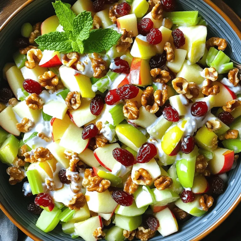 - 2 cups diced apples - 1 cup celery, thinly sliced - 1 cup red grapes, halved - 1/2 cup walnuts, chopped - 1/2 cup raisins or dried cranberries - 1 cup plain Greek yogurt - 1 tablespoon honey - 1/2 teaspoon fresh lemon juice - Salt and pepper to taste - Lettuce leaves for serving Fresh produce makes this salad shine. I love using crisp apples, like Granny Smith, for their tartness. They add a nice crunch. The celery brings a refreshing snap, while juicy red grapes add sweetness. Nuts and dried fruits give texture and flavor. Chopped walnuts are my go-to. Toast them for even more flavor. Raisins or dried cranberries add a touch of sweetness, balancing the dish well. For the dressing, I use plain Greek yogurt. It’s creamy and healthy. Honey adds sweetness, and a bit of lemon juice brightens the flavors. Season with salt and pepper to enhance everything. Finally, serve on fresh lettuce leaves. They make a great base and add color. This combination of ingredients creates a delightful Waldorf salad. You can find the full recipe at [Full Recipe]. - Start by adding 2 cups of diced apples to a large bowl. - Drizzle the apples with 1/2 teaspoon of fresh lemon juice. This keeps them fresh and bright. - Next, slice 1 cup of celery into thin pieces. Add this to the bowl. - Halve 1 cup of red grapes and toss them in too. - In the same bowl, mix the fruit with 1/2 cup of chopped walnuts. - Add 1/2 cup of raisins or dried cranberries for sweetness. Gently toss the mixture. - In a separate bowl, combine 1 cup of plain Greek yogurt with 1 tablespoon of honey. Stir until smooth. - Carefully fold the yogurt dressing into the fruit mixture. Make sure everything is coated. - Season with salt and pepper to taste, folding gently to mix. - Cover the bowl and chill it in the fridge for at least 30 minutes. This helps the flavors blend. - When ready, serve on fresh lettuce leaves for a beautiful presentation. Enjoy your Waldorf salad! - For the complete recipe, check out the Full Recipe. You can swap out fruits and nuts to suit your taste. Try pears or oranges for a fresh twist. For nuts, almonds or pecans work well, too. If you want a creamier texture, use Greek yogurt instead of mayonnaise. The yogurt adds protein and keeps the salad light. Toasting walnuts really boosts their flavor. Just place them in a dry pan over medium heat. Stir them until they smell nutty and are lightly browned. You can also adjust sweetness or tartness. If the salad is too sweet, add a dash of lemon juice. For more sweetness, drizzle in extra honey. Serve your Waldorf salad on crisp lettuce leaves for a vibrant look. Arrange the salad in a large bowl or individual cups. Garnish with mint leaves for a fresh pop of color. You can also sprinkle extra toasted walnuts on top for added crunch. These simple touches make your dish stand out. For the full recipe, refer to the Waldorf Wonderland Salad 🥗. {{image_4}} The classic Waldorf salad uses simple, fresh ingredients. It combines apples, celery, grapes, and walnuts in a creamy dressing. Modern twists can add new flavors. You might see variations like adding chicken or swapping yogurt for mayonnaise. These changes keep the dish fresh and fun. You can experiment with spices, too. A hint of cinnamon or nutmeg can add warmth. If you want a vegan Waldorf salad, swap Greek yogurt for a plant-based option. Silken tofu blended with lemon juice makes a great dressing. For a gluten-free version, check your nuts and dried fruits. Most are safe, but some brands add gluten. You can also cut calories by using low-fat yogurt. This keeps the creaminess while reducing fat. Seasonal fruits can enhance the Waldorf salad. In fall, add sliced pears for sweetness. In winter, pomegranate seeds add color and crunch. Fresh berries in summer create a bright, juicy contrast. Each season brings a new twist to this classic salad. Try different fruits to match the season and your taste. The full recipe allows you to mix and match as you please. To store leftover Waldorf salad, place it in an airtight container. This keeps the salad fresh. Use a lid or plastic wrap to seal it well. The salad can last up to 3 days in the fridge. After that, the texture and flavor may change. If you see any browning apples, it’s best to toss them out. You can prepare some ingredients in advance. Chop your apples, celery, and grapes a day before. Keep them in separate containers in the fridge. This saves time when you want to make the salad. If you want to freeze Waldorf salad, I suggest not freezing it whole. The fruits will lose their crunch. Instead, freeze just the nuts or dried fruits. This keeps them fresh longer. When you are ready, mix them in fresh, chilled salad. You can enjoy that fresh taste even after storage! For the full recipe, check out the Waldorf Wonderland Salad. Waldorf Salad dates back to the late 1800s. A chef at the Waldorf Astoria Hotel in New York created it. The original recipe had only apples, celery, and mayonnaise. Over time, people added more ingredients, like walnuts and grapes. This salad became popular at formal dinners and events. It has a classic, timeless appeal that many enjoy today. Yes, you can prepare Waldorf Salad ahead of time. Make it a few hours before serving for best results. Just follow the steps of mixing everything and keep it in the fridge. This helps the flavors blend well. If you plan to serve it the next day, be careful with the apples. They can brown, so use lemon juice to keep them fresh. Waldorf Salad is quite healthy! It features fresh fruits and nuts, which offer great nutrients. Apples provide fiber and vitamins, while walnuts add healthy fats. The Greek yogurt dressing gives protein and a creamy texture. This salad is a great choice for a light meal or side dish. Eating it can help you feel full and satisfied. You can find the full recipe for this delightful salad [here](#). Waldorf salad combines fresh produce, nuts, and a creamy dressing. You learned how to prepare it step-by-step. I shared tips to enhance flavor and presentation. Feel free to adjust ingredients based on your taste. You can also explore various dietary options and seasonal fruits. This salad is not only tasty but also healthy. With proper storage methods, you’ll enjoy it for days. Now, it's time to create your own delicious version!