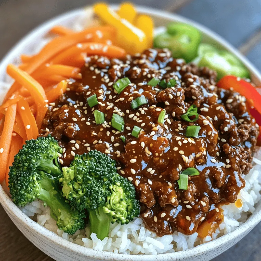 - 1 lb ground beef (or ground turkey for leaner option) - 1 tablespoon vegetable oil - 3 cloves garlic, minced - 1 inch piece ginger, finely grated - 1 tablespoon gochujang (Korean chili paste) - 1 medium carrot, julienned - 1 cup broccoli florets - 1 bell pepper, sliced into thin strips - 2 green onions, chopped (white and green parts divided) - 1 tablespoon sesame seeds (for garnish) - 1 tablespoon soy sauce - 1 tablespoon sesame oil - 1 tablespoon packed brown sugar - Option for cooked rice of choice (white, brown, or cauliflower) for serving In this recipe, the main ingredients create a rich base for the beef bowls. Ground beef adds depth, while garlic and ginger deliver bold flavors. Gochujang gives that perfect spicy kick. For vegetables, choose colorful options like carrots and bell peppers. They not only add crunch but also enhance the bowl's visual appeal. Broccoli brings nutrition and pairs well with the beef. The sauce combines soy sauce, sesame oil, and brown sugar. This mix balances salty, nutty, and sweet flavors. You can serve it over any rice you like. For the full recipe, check the earlier section. This dish is quick to make and packed with taste. Perfect for busy weeknights! Heat the vegetable oil in a large skillet over medium-high heat. Add minced garlic and grated ginger. Sauté these until they smell fragrant. This step brings out their natural flavors. Next, cook the ground beef in the skillet. Break it into smaller pieces while it cooks. This process takes about 5 to 7 minutes. If there is excess fat, drain it for a leaner dish. Now, stir in the gochujang, soy sauce, sesame oil, and brown sugar. Mix everything well to coat the beef with the sauce. This will give the meat its spicy and savory kick. Add the julienned carrot, broccoli florets, and sliced bell pepper to the skillet. Mix them in gently. Cover the skillet and cook for 3 to 4 minutes. This helps the vegetables become tender but still crunchy. Remove the skillet from heat. Fold in the chopped green onions, saving some green tops for later. To serve, spoon the spicy beef mixture over your choice of cooked rice. Sprinkle sesame seeds on top and add the remaining green onions for color and flavor. For the full recipe, check the ingredients and instructions above. - Use a non-stick skillet. This helps prevent sticking and makes cooking easier. - Adjust the gochujang amount. This lets you control the spice level to match your taste. - Choose vibrant dishes. Colorful plates make the meal more appealing. - Serve lime wedges on the side. A squeeze of lime adds a fresh zest to the dish. - Prepare your ingredients in advance. This makes cooking go much faster on busy nights. - Store leftover beef mixture separately from the rice. This keeps the rice from getting mushy. For the full recipe, check the details provided earlier. {{image_4}} You can swap ground beef for ground turkey. This makes the dish leaner. For a vegetarian option, use crumbled tofu or any plant-based meat. You can also add different veggies. Zucchini, snow peas, or bell peppers work great. These changes keep the dish fresh and fun. To add more zing, try a splash of rice vinegar. This will brighten the flavors. You can also play with spices. Cumin or paprika can give you new tastes. Adjust these to fit your palate. Each touch makes the dish uniquely yours. For a low-carb meal, make lettuce wraps. This is a fun way to eat and adds crunch. You can also serve your bowls with kimchi or pickled veggies on the side. These sides add an extra kick. They balance the spicy beef perfectly. Store any leftovers in an airtight container in the refrigerator. They will stay fresh for up to 3 days. This keeps the flavors intact and prevents spoilage. If you want to save some for later, freeze the beef mixture in a freezer-safe container. It can last for up to 3 months. Label your container with the date for easy tracking. To reheat, the skillet works best. Heat it over medium heat and stir the beef mixture until warm. If you need a quick option, use the microwave. Just remember to stir occasionally to heat evenly. To add more heat, increase the gochujang. You can also chop up some chili peppers and mix them in. This will boost the spice level nicely. The right heat makes the dish exciting and flavorful. Yes! You can swap ground beef for chicken, pork, or tofu. Each option brings its own taste and texture. Changing proteins helps keep meals fun and varied. Feel free to experiment with what you like best. You can serve these bowls with steamed rice, quinoa, or even a fresh salad. Each side adds a different touch and can make the meal lighter or heartier. Choose what fits your mood or diet best. Absolutely! You can replace ground beef with crumbled tofu or a plant-based meat alternative. This makes the dish friendly for vegetarians while keeping the flavor rich and satisfying. It takes about 10 minutes to prep and 25 minutes to cook. This makes it a quick weeknight meal. With just a bit of time, you can enjoy a delicious and filling dish. For the full recipe, check back to ensure you get all the details! This blog covered the key ingredients and steps to make Spicy Korean Beef Bowls. We explored aromatics, meat, vegetables, and a zesty sauce. Cooking tips and storage options helped you plan better. You can easily customize this dish to fit your taste. These bowls are quick, fun, and full of flavor. Whether you enjoy cooking or are short on time, this recipe delivers. Enjoy your meal and make it your own!