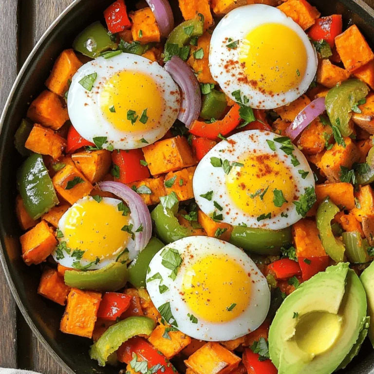 To make a healthy sweet potato hash, you need these ingredients: - 2 large sweet potatoes, peeled and cut into small cubes - 1 red bell pepper, cut into small cubes - 1 green bell pepper, cut into small cubes - 1 small red onion, finely diced - 3 cloves of garlic, minced - 1 teaspoon smoked paprika - 1 teaspoon ground cumin - ½ teaspoon cayenne pepper (optional, for a spicy kick) - 2 tablespoons olive oil - Sea salt and freshly cracked black pepper, to taste - 4 large eggs (optional, for topping) - Fresh cilantro or parsley, finely chopped (for garnish) These ingredients work well together. Sweet potatoes bring a natural sweetness. Bell peppers add crunch and color. Onions and garlic give a lovely aroma and flavor. Spices like smoked paprika and cumin make this dish really pop. If you want extra protein, you can add eggs on top. Fresh herbs add a nice touch at the end. For the full recipe, you can check the detailed instructions I provided earlier. 1. First, heat 2 tablespoons of olive oil in a large skillet over medium heat. Wait until it shimmers, which means it’s ready. 2. Next, add 2 large sweet potatoes, cut into small cubes. Spread them out in a single layer. Let them cook for about 5 minutes without stirring. This helps them get crispy. 3. After 5 minutes, stir the sweet potatoes. Cook until they are soft and golden, about another 10 minutes. 1. Now, it’s time to add flavor! Stir in 1 small red onion, finely diced. Keep cooking for about 3-4 minutes until the onion is soft and clear. 2. Then, mix in 3 cloves of minced garlic, 1 red bell pepper, and 1 green bell pepper, both cut into small cubes. 3. Add spices: 1 teaspoon smoked paprika, 1 teaspoon ground cumin, and ½ teaspoon cayenne pepper if you want heat. Stir well and let it cook for 5-7 minutes. The peppers should be tender, and the sweet potatoes should be fork-tender. Season with sea salt and black pepper to taste. 1. If you want to add eggs, create 4 small wells in the hash mixture. Crack an egg into each well. 2. Cover the skillet with a lid and cook for about 5 minutes. This cooks the eggs to your liking. For runny yolks, 5 minutes is perfect. This vibrant sweet potato hash is not just easy to make; it’s also packed with flavor. For the full recipe, refer to the earlier sections. To get the best sweet potato hash, focus on the cooking process. Start with small cubes of sweet potato. This helps them cook faster and evenly. Cook them in a hot skillet so they get crispy. I recommend using a cast-iron skillet. It holds heat well and gives a nice sear to your veggies. Spices can really boost the flavor. I love using smoked paprika and cumin. These spices add warmth and depth. If you like heat, add cayenne pepper too. You can adjust the spice levels based on your taste. Start with a small amount and add more if needed. Serving matters! For a pretty look, use shallow bowls. Place the hash in the center, and if you added eggs, make sure they sit on top. This highlights them nicely. A sprinkle of fresh herbs like cilantro or parsley adds color. A slice of creamy avocado on the side makes it even better. For the complete recipe, check out the [Full Recipe]. {{image_4}} Sweet potatoes are packed with nutrients. They are high in vitamins A and C. These vitamins help keep your skin healthy and boost your immune system. One medium sweet potato gives you over 400% of your daily vitamin A needs. This vitamin is great for your eyes and skin. Sweet potatoes also contain fiber. Fiber helps your digestion and keeps you feeling full. By adding sweet potatoes to your breakfast, you get a tasty way to start your day. You include a healthy veggie that fills you with energy. To make this sweet potato hash a balanced meal, add proteins and healthy fats. Protein keeps you strong and satisfied. You can top your hash with eggs for extra protein. Eggs also add a creamy texture. If you want healthy fats, consider adding avocado. This will give your dish a smooth, rich flavor. You can also use nuts or seeds for crunch. Integrating this hash into your diet is easy. It suits different meals, not just breakfast. Serve it for lunch or dinner too. This flexibility makes it a great choice for any day. Enjoy this delicious dish while knowing you are eating well. Check out the Full Recipe for more details! You can change the flavors in your sweet potato hash easily. Adding different vegetables makes it fun. Try adding zucchini or spinach for a fresh twist. Both add great taste and color. You can also use Italian herbs for a different flavor profile. Oregano and basil can enhance your dish. Don't be afraid to mix and match! Adding protein to your hash makes it more filling. You can use chicken or turkey for a hearty meal. Just cook the meat first, then add it to the hash. If you prefer a vegetarian option, tofu or beans work well. Tofu can soak up the flavors of the spices. Beans like black or kidney add fiber and protein. You can serve sweet potato hash in many ways. For breakfast, serve it with eggs on top. The runny yolks add creaminess to each bite. If you're having brunch, add a side salad for balance. You can also create a savory sweet potato bowl. Just layer the hash with your favorite toppings. Think avocado, salsa, or even a dollop of yogurt. Each of these changes keeps your meal exciting! For the full recipe, check out the detailed guide. You can store sweet potato hash in the fridge for up to four days. Make sure to place it in an airtight container. When you’re ready to eat, reheat it on the stove or in the microwave. For the best taste, add a splash of olive oil when reheating. This helps keep the hash moist and tasty. Yes, you can easily make this recipe vegan. Instead of eggs, you can use tofu or chickpea flour. Just scramble the tofu or mix chickpea flour with water to create a batter. You can also replace olive oil with avocado oil or coconut oil. This keeps the flavors rich while making it plant-based. Absolutely! Sweet potato hash is perfect for meal prep. You can cook a big batch and store it in the fridge. Divide it into portions for the week. Just reheat what you need each day. You can also add different proteins or veggies for variety throughout the week. To reheat the hash, use a skillet over medium heat. This helps keep its texture nice. Stir occasionally to ensure even heating. If using a microwave, heat it in short bursts of 30 seconds. Stir in between to avoid hot spots. This way, your hash stays tasty and not mushy. Yes, cheese can add great flavor! Try sharp cheddar or feta for a nice twist. You can sprinkle it on top while the hash is still hot. This lets the cheese melt nicely. If you prefer a creamier texture, consider adding cream cheese or goat cheese. This blog post covered a tasty sweet potato hash recipe from start to finish. We explored essential ingredients, cooking steps, and tips to enhance flavor. You also learned about nutritional benefits and variations to customize your dish. In the end, this recipe is not just easy to make; it’s also a great way to start your day. Try it and enjoy the burst of flavors and textures. You can make it your own with simple adjustments or serve it as is. Your breakfast just got better!