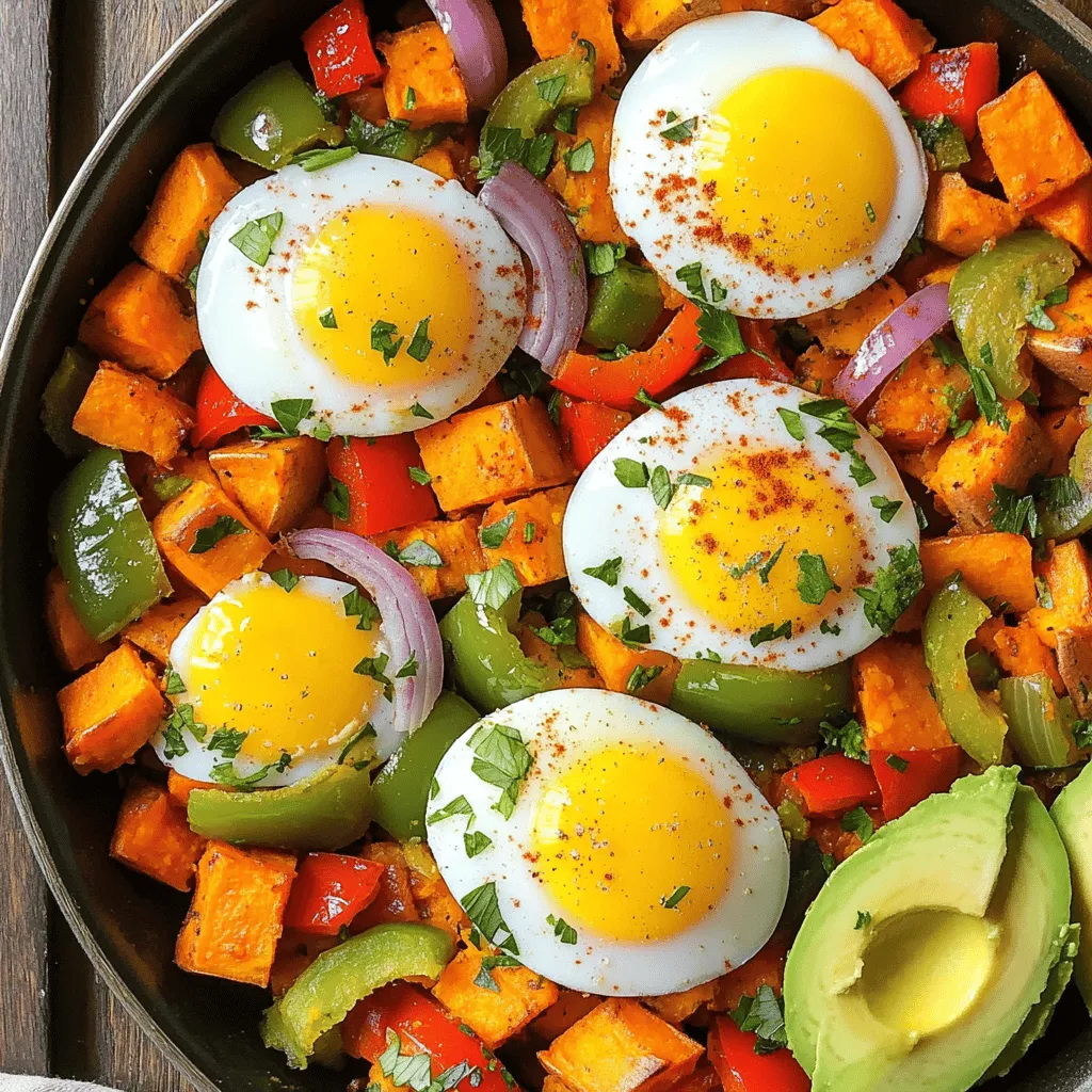 To make a healthy sweet potato hash, you need these ingredients: - 2 large sweet potatoes, peeled and cut into small cubes - 1 red bell pepper, cut into small cubes - 1 green bell pepper, cut into small cubes - 1 small red onion, finely diced - 3 cloves of garlic, minced - 1 teaspoon smoked paprika - 1 teaspoon ground cumin - ½ teaspoon cayenne pepper (optional, for a spicy kick) - 2 tablespoons olive oil - Sea salt and freshly cracked black pepper, to taste - 4 large eggs (optional, for topping) - Fresh cilantro or parsley, finely chopped (for garnish) These ingredients work well together. Sweet potatoes bring a natural sweetness. Bell peppers add crunch and color. Onions and garlic give a lovely aroma and flavor. Spices like smoked paprika and cumin make this dish really pop. If you want extra protein, you can add eggs on top. Fresh herbs add a nice touch at the end. For the full recipe, you can check the detailed instructions I provided earlier. 1. First, heat 2 tablespoons of olive oil in a large skillet over medium heat. Wait until it shimmers, which means it’s ready. 2. Next, add 2 large sweet potatoes, cut into small cubes. Spread them out in a single layer. Let them cook for about 5 minutes without stirring. This helps them get crispy. 3. After 5 minutes, stir the sweet potatoes. Cook until they are soft and golden, about another 10 minutes. 1. Now, it’s time to add flavor! Stir in 1 small red onion, finely diced. Keep cooking for about 3-4 minutes until the onion is soft and clear. 2. Then, mix in 3 cloves of minced garlic, 1 red bell pepper, and 1 green bell pepper, both cut into small cubes. 3. Add spices: 1 teaspoon smoked paprika, 1 teaspoon ground cumin, and ½ teaspoon cayenne pepper if you want heat. Stir well and let it cook for 5-7 minutes. The peppers should be tender, and the sweet potatoes should be fork-tender. Season with sea salt and black pepper to taste. 1. If you want to add eggs, create 4 small wells in the hash mixture. Crack an egg into each well. 2. Cover the skillet with a lid and cook for about 5 minutes. This cooks the eggs to your liking. For runny yolks, 5 minutes is perfect. This vibrant sweet potato hash is not just easy to make; it’s also packed with flavor. For the full recipe, refer to the earlier sections. To get the best sweet potato hash, focus on the cooking process. Start with small cubes of sweet potato. This helps them cook faster and evenly. Cook them in a hot skillet so they get crispy. I recommend using a cast-iron skillet. It holds heat well and gives a nice sear to your veggies. Spices can really boost the flavor. I love using smoked paprika and cumin. These spices add warmth and depth. If you like heat, add cayenne pepper too. You can adjust the spice levels based on your taste. Start with a small amount and add more if needed. Serving matters! For a pretty look, use shallow bowls. Place the hash in the center, and if you added eggs, make sure they sit on top. This highlights them nicely. A sprinkle of fresh herbs like cilantro or parsley adds color. A slice of creamy avocado on the side makes it even better. For the complete recipe, check out the [Full Recipe]. {{image_4}} Sweet potatoes are packed with nutrients. They are high in vitamins A and C. These vitamins help keep your skin healthy and boost your immune system. One medium sweet potato gives you over 400% of your daily vitamin A needs. This vitamin is great for your eyes and skin. Sweet potatoes also contain fiber. Fiber helps your digestion and keeps you feeling full. By adding sweet potatoes to your breakfast, you get a tasty way to start your day. You include a healthy veggie that fills you with energy. To make this sweet potato hash a balanced meal, add proteins and healthy fats. Protein keeps you strong and satisfied. You can top your hash with eggs for extra protein. Eggs also add a creamy texture. If you want healthy fats, consider adding avocado. This will give your dish a smooth, rich flavor. You can also use nuts or seeds for crunch. Integrating this hash into your diet is easy. It suits different meals, not just breakfast. Serve it for lunch or dinner too. This flexibility makes it a great choice for any day. Enjoy this delicious dish while knowing you are eating well. Check out the Full Recipe for more details! You can change the flavors in your sweet potato hash easily. Adding different vegetables makes it fun. Try adding zucchini or spinach for a fresh twist. Both add great taste and color. You can also use Italian herbs for a different flavor profile. Oregano and basil can enhance your dish. Don't be afraid to mix and match! Adding protein to your hash makes it more filling. You can use chicken or turkey for a hearty meal. Just cook the meat first, then add it to the hash. If you prefer a vegetarian option, tofu or beans work well. Tofu can soak up the flavors of the spices. Beans like black or kidney add fiber and protein. You can serve sweet potato hash in many ways. For breakfast, serve it with eggs on top. The runny yolks add creaminess to each bite. If you're having brunch, add a side salad for balance. You can also create a savory sweet potato bowl. Just layer the hash with your favorite toppings. Think avocado, salsa, or even a dollop of yogurt. Each of these changes keeps your meal exciting! For the full recipe, check out the detailed guide. You can store sweet potato hash in the fridge for up to four days. Make sure to place it in an airtight container. When you’re ready to eat, reheat it on the stove or in the microwave. For the best taste, add a splash of olive oil when reheating. This helps keep the hash moist and tasty. Yes, you can easily make this recipe vegan. Instead of eggs, you can use tofu or chickpea flour. Just scramble the tofu or mix chickpea flour with water to create a batter. You can also replace olive oil with avocado oil or coconut oil. This keeps the flavors rich while making it plant-based. Absolutely! Sweet potato hash is perfect for meal prep. You can cook a big batch and store it in the fridge. Divide it into portions for the week. Just reheat what you need each day. You can also add different proteins or veggies for variety throughout the week. To reheat the hash, use a skillet over medium heat. This helps keep its texture nice. Stir occasionally to ensure even heating. If using a microwave, heat it in short bursts of 30 seconds. Stir in between to avoid hot spots. This way, your hash stays tasty and not mushy. Yes, cheese can add great flavor! Try sharp cheddar or feta for a nice twist. You can sprinkle it on top while the hash is still hot. This lets the cheese melt nicely. If you prefer a creamier texture, consider adding cream cheese or goat cheese. This blog post covered a tasty sweet potato hash recipe from start to finish. We explored essential ingredients, cooking steps, and tips to enhance flavor. You also learned about nutritional benefits and variations to customize your dish. In the end, this recipe is not just easy to make; it’s also a great way to start your day. Try it and enjoy the burst of flavors and textures. You can make it your own with simple adjustments or serve it as is. Your breakfast just got better!