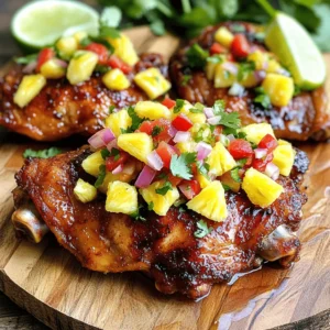 - 4 chicken thighs (bone-in, skin-on) - 2 tablespoons jerk seasoning - 1 tablespoon olive oil - Salt and pepper to taste - 1 ripe pineapple, peeled and diced into small cubes - 1 red bell pepper, diced into small pieces - 1 small red onion, finely chopped - 1 jalapeño, deseeded and minced (adjust for spice preference) - Juice of 1 fresh lime - Fresh cilantro, chopped (for garnish) For this jerk chicken with pineapple salsa recipe, use chicken thighs for their rich flavor. The jerk seasoning adds a spicy and smoky kick. The pineapple and vegetables bring freshness and sweetness to the dish. - Adjust spice levels: If you want less heat, skip the jalapeño or use less jerk seasoning. - Additional garnishes: Lime wedges and extra cilantro make great toppings. You can also add avocado for creaminess. Feel free to customize these ingredients according to your taste. The key is to balance heat, sweetness, and freshness. For the full recipe, check out the [Full Recipe]. Start by mixing the chicken thighs with jerk seasoning, olive oil, salt, and pepper. Use your hands to coat each piece well. This step is key for flavor. Cover the bowl with plastic wrap and place it in the fridge. Marinate for at least 1 hour, but overnight gives the best taste. In a clean bowl, combine diced pineapple, red bell pepper, red onion, and jalapeño. Squeeze the juice of one lime over it and add a pinch of salt. Stir gently to mix. Let this salsa rest for at least 15 minutes. This resting time allows the flavors to blend nicely. Heat your grill or grill pan to medium-high. Take the chicken out of the marinade and let any extra drip off. Grill the chicken for about 6-8 minutes on each side. Use a meat thermometer to check that it reaches 165°F (75°C). This ensures it is fully cooked and safe to eat. Arrange the grilled jerk chicken on a platter. Spoon the bright pineapple salsa over the top. For a finishing touch, sprinkle fresh cilantro on the dish. You can also serve it on a rustic wooden board with lime wedges and extra pineapple chunks. This adds a fun, tropical vibe to your meal. For the full recipe, check out the [Full Recipe]. The key to great jerk chicken is marinating well. Many people rush this step, but a good marinating time is essential. Aim for at least one hour, or overnight if you can. This allows the chicken to soak up the flavors deeply. Common mistakes to avoid: - Skipping the marinade: This makes the chicken bland. - Using too much heat: Jerk seasoning has a kick. Balance it with other flavors. - Not resting the chicken: Skipping this step makes the meat dry. Flavor enhancements: - Add some lime zest to your marinade for extra tang. - Try a bit of honey for a hint of sweetness. - Use smoked paprika for a deeper, richer flavor. The salsa adds brightness to the dish. Choosing ripe pineapples is key to great flavor. Tips for selecting ripe pineapples: - Look for pineapples with a sweet smell at the base. - The skin should be golden and slightly firm. - Press gently; it should give just a little. Variations for additional flavor: - Add diced mango for extra sweetness. - Mix in some chopped mint for a fresh twist. - Try a dash of cumin for a warm, earthy note. These tips will help you create a jerk chicken dish that shines. Don't forget to check out the Full Recipe for more details! {{image_4}} You can swap chicken for other meats. Try pork or turkey. Both soak up jerk flavor well. If you prefer seafood, shrimp or fish works too. Just keep an eye on cooking times. Seafood cooks quickly, so grill it for just a few minutes. Feel free to play with the vegetables. You can use different peppers like green or yellow. Red onions are great, but sweet onions add a nice touch too. Want to mix it up? Add diced mango or avocado to the salsa. Fresh herbs like mint or basil can add fun flavors too. For gluten-free options, check your jerk seasoning. Make sure it has no gluten. You can enjoy jerk chicken without any worries. If you're looking for low-carb choices, skip the sugar in the salsa. You can also serve the chicken with a salad instead of rice. This keeps it fresh and light. To store leftovers, place the jerk chicken in an airtight container. Let it cool to room temperature before sealing. This helps keep it fresh longer. Jerk chicken can stay in the fridge for up to three days. When you are ready to eat, reheat it in the oven or on the grill. Heat it to 165°F (75°C) for safe eating. Avoid reheating in the microwave if you want crispy skin. Yes, you can freeze jerk chicken. Wrap it tightly in plastic wrap and then place it in a freezer-safe bag. It can last up to three months in the freezer. For thawing, move the chicken to the fridge overnight. If you need it fast, you can also use the microwave on the defrost setting. After thawing, make sure to heat it well before serving. This keeps it tasty and safe to eat. For the full recipe, visit the [Full Recipe]. I suggest marinating the chicken for at least one hour. For the best flavor, try to marinate overnight. This allows the jerk seasoning to soak in deeply, making the chicken tasty and juicy. Jerk chicken pairs well with a variety of sides. Some great options are: - Rice and peas - Grilled vegetables - Coleslaw - Fried plantains - Cornbread These sides balance the rich flavors of the chicken. Yes, you can make the salsa ahead of time. I recommend preparing it a few hours before serving. This gives the salsa time to rest. The flavors will mix better, making it even more delicious. Jerk seasoning has a unique and bold flavor. It combines heat from peppers, sweetness from spices, and a hint of smokiness. Common ingredients include allspice, thyme, and garlic. This mix creates a savory and vibrant taste. The spice level of jerk chicken can vary. It depends on the amount of jalapeño you use. If you want less heat, remove the seeds. For more spice, add extra jalapeño or a hotter pepper. Adjusting the seasoning lets you enjoy the dish at your preferred heat level. You learned about making jerk chicken with easy steps and key ingredients. Focus on marinating the chicken and crafting the pineapple salsa for the best flavor. Enjoy grilling techniques to get that perfect char. Remember to avoid common mistakes while cooking. You can also try different proteins and flavor swaps for variety. Store leftovers properly to enjoy later. Your jerk chicken can impress anyone at the table. Now, it’s time to put this knowledge to use and enjoy your delicious creation!