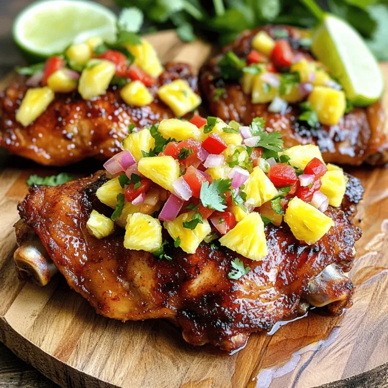- 4 chicken thighs (bone-in, skin-on) - 2 tablespoons jerk seasoning - 1 tablespoon olive oil - Salt and pepper to taste - 1 ripe pineapple, peeled and diced into small cubes - 1 red bell pepper, diced into small pieces - 1 small red onion, finely chopped - 1 jalapeño, deseeded and minced (adjust for spice preference) - Juice of 1 fresh lime - Fresh cilantro, chopped (for garnish) For this jerk chicken with pineapple salsa recipe, use chicken thighs for their rich flavor. The jerk seasoning adds a spicy and smoky kick. The pineapple and vegetables bring freshness and sweetness to the dish. - Adjust spice levels: If you want less heat, skip the jalapeño or use less jerk seasoning. - Additional garnishes: Lime wedges and extra cilantro make great toppings. You can also add avocado for creaminess. Feel free to customize these ingredients according to your taste. The key is to balance heat, sweetness, and freshness. For the full recipe, check out the [Full Recipe]. Start by mixing the chicken thighs with jerk seasoning, olive oil, salt, and pepper. Use your hands to coat each piece well. This step is key for flavor. Cover the bowl with plastic wrap and place it in the fridge. Marinate for at least 1 hour, but overnight gives the best taste. In a clean bowl, combine diced pineapple, red bell pepper, red onion, and jalapeño. Squeeze the juice of one lime over it and add a pinch of salt. Stir gently to mix. Let this salsa rest for at least 15 minutes. This resting time allows the flavors to blend nicely. Heat your grill or grill pan to medium-high. Take the chicken out of the marinade and let any extra drip off. Grill the chicken for about 6-8 minutes on each side. Use a meat thermometer to check that it reaches 165°F (75°C). This ensures it is fully cooked and safe to eat. Arrange the grilled jerk chicken on a platter. Spoon the bright pineapple salsa over the top. For a finishing touch, sprinkle fresh cilantro on the dish. You can also serve it on a rustic wooden board with lime wedges and extra pineapple chunks. This adds a fun, tropical vibe to your meal. For the full recipe, check out the [Full Recipe]. The key to great jerk chicken is marinating well. Many people rush this step, but a good marinating time is essential. Aim for at least one hour, or overnight if you can. This allows the chicken to soak up the flavors deeply. Common mistakes to avoid: - Skipping the marinade: This makes the chicken bland. - Using too much heat: Jerk seasoning has a kick. Balance it with other flavors. - Not resting the chicken: Skipping this step makes the meat dry. Flavor enhancements: - Add some lime zest to your marinade for extra tang. - Try a bit of honey for a hint of sweetness. - Use smoked paprika for a deeper, richer flavor. The salsa adds brightness to the dish. Choosing ripe pineapples is key to great flavor. Tips for selecting ripe pineapples: - Look for pineapples with a sweet smell at the base. - The skin should be golden and slightly firm. - Press gently; it should give just a little. Variations for additional flavor: - Add diced mango for extra sweetness. - Mix in some chopped mint for a fresh twist. - Try a dash of cumin for a warm, earthy note. These tips will help you create a jerk chicken dish that shines. Don't forget to check out the Full Recipe for more details! {{image_4}} You can swap chicken for other meats. Try pork or turkey. Both soak up jerk flavor well. If you prefer seafood, shrimp or fish works too. Just keep an eye on cooking times. Seafood cooks quickly, so grill it for just a few minutes. Feel free to play with the vegetables. You can use different peppers like green or yellow. Red onions are great, but sweet onions add a nice touch too. Want to mix it up? Add diced mango or avocado to the salsa. Fresh herbs like mint or basil can add fun flavors too. For gluten-free options, check your jerk seasoning. Make sure it has no gluten. You can enjoy jerk chicken without any worries. If you're looking for low-carb choices, skip the sugar in the salsa. You can also serve the chicken with a salad instead of rice. This keeps it fresh and light. To store leftovers, place the jerk chicken in an airtight container. Let it cool to room temperature before sealing. This helps keep it fresh longer. Jerk chicken can stay in the fridge for up to three days. When you are ready to eat, reheat it in the oven or on the grill. Heat it to 165°F (75°C) for safe eating. Avoid reheating in the microwave if you want crispy skin. Yes, you can freeze jerk chicken. Wrap it tightly in plastic wrap and then place it in a freezer-safe bag. It can last up to three months in the freezer. For thawing, move the chicken to the fridge overnight. If you need it fast, you can also use the microwave on the defrost setting. After thawing, make sure to heat it well before serving. This keeps it tasty and safe to eat. For the full recipe, visit the [Full Recipe]. I suggest marinating the chicken for at least one hour. For the best flavor, try to marinate overnight. This allows the jerk seasoning to soak in deeply, making the chicken tasty and juicy. Jerk chicken pairs well with a variety of sides. Some great options are: - Rice and peas - Grilled vegetables - Coleslaw - Fried plantains - Cornbread These sides balance the rich flavors of the chicken. Yes, you can make the salsa ahead of time. I recommend preparing it a few hours before serving. This gives the salsa time to rest. The flavors will mix better, making it even more delicious. Jerk seasoning has a unique and bold flavor. It combines heat from peppers, sweetness from spices, and a hint of smokiness. Common ingredients include allspice, thyme, and garlic. This mix creates a savory and vibrant taste. The spice level of jerk chicken can vary. It depends on the amount of jalapeño you use. If you want less heat, remove the seeds. For more spice, add extra jalapeño or a hotter pepper. Adjusting the seasoning lets you enjoy the dish at your preferred heat level. You learned about making jerk chicken with easy steps and key ingredients. Focus on marinating the chicken and crafting the pineapple salsa for the best flavor. Enjoy grilling techniques to get that perfect char. Remember to avoid common mistakes while cooking. You can also try different proteins and flavor swaps for variety. Store leftovers properly to enjoy later. Your jerk chicken can impress anyone at the table. Now, it’s time to put this knowledge to use and enjoy your delicious creation!