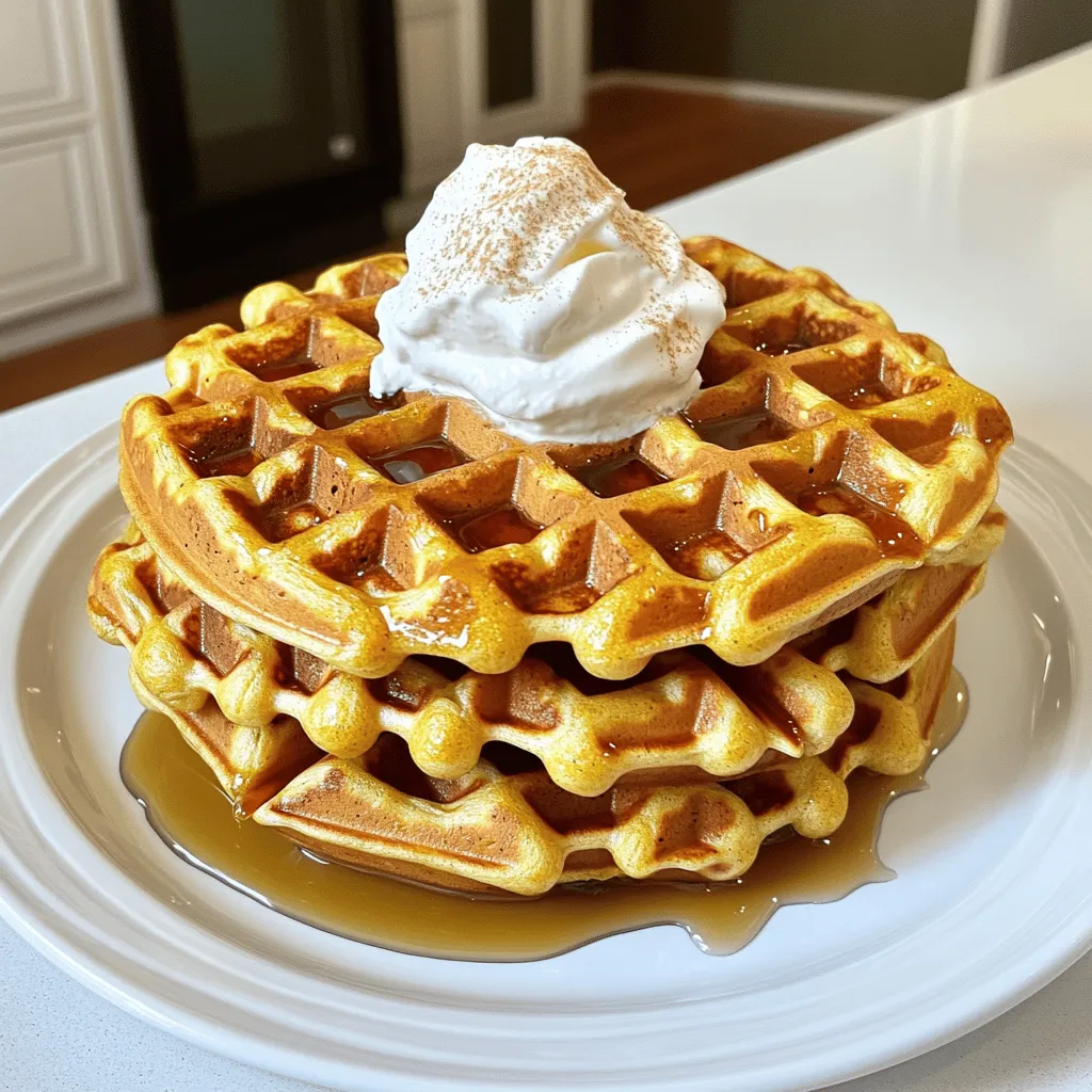 To make pumpkin spice waffles, you will need the following ingredients: - 1 cup all-purpose flour - 1 cup whole wheat flour - 2 tablespoons brown sugar - 2 teaspoons baking powder - 1 teaspoon baking soda - 1 teaspoon ground cinnamon - 1 teaspoon ground nutmeg - 1/2 teaspoon ground ginger - 1/4 teaspoon ground cloves - 1/4 teaspoon salt - 1 cup pumpkin puree - 1 1/2 cups milk (you can use dairy or non-dairy like almond, soy, or oat) - 2 large eggs - 1/4 cup melted butter or coconut oil - 1 teaspoon vanilla extract These ingredients create a warm, comforting flavor that brings fall vibes to your kitchen. The mix of all-purpose and whole wheat flour gives a nice texture. The pumpkin spice blend adds that cozy aroma. The melted butter and eggs help the waffles become fluffy and rich. Make sure to measure everything correctly. This ensures your waffles turn out just right. You can find the full recipe for step-by-step instructions on how to put these ingredients together. Have fun cooking these delightful waffles! First, preheat your waffle iron. This step is key for making crispy waffles. If your iron is not non-stick, grease it lightly. A small amount of butter or oil works well. In a large bowl, mix these dry ingredients: - 1 cup all-purpose flour - 1 cup whole wheat flour - 2 tablespoons brown sugar - 2 teaspoons baking powder - 1 teaspoon baking soda - 1 teaspoon ground cinnamon - 1 teaspoon ground nutmeg - 1/2 teaspoon ground ginger - 1/4 teaspoon ground cloves - 1/4 teaspoon salt Whisk them together well. This ensures the spices and baking agents are evenly distributed. In another bowl, blend together: - 1 cup pumpkin puree - 1 1/2 cups milk (you can use almond, soy, or oat) - 2 large eggs - 1/4 cup melted butter or coconut oil - 1 teaspoon vanilla extract Whisk until the mixture is smooth. This combination adds moisture and flavor. Gently pour the wet mixture into the dry ingredients. Stir until just combined. It’s okay to have lumps. Overmixing makes the waffles dense and chewy. Pour the batter into the hot waffle iron. Follow your iron's instructions for the right cooking time. Wait until they turn golden brown and crispy. Remove them carefully using a fork or tongs. Serve your waffles hot. Top them with warm maple syrup or a dollop of whipped cream. For a fun twist, sprinkle some cinnamon on top. Enjoy them fresh for the best taste! For the best pumpkin spice waffles, avoid overmixing the batter. Stir just until you see no dry flour. A few lumps are okay. This helps keep your waffles light and fluffy. To get the right crunch, adjust your cooking time. If you want crispier waffles, let them cook a bit longer. Keep an eye on them so they don’t burn. Toppings can make your waffles even better. You might try fresh fruit like bananas, berries, or apples. Nuts add a nice crunch, too. Flavored syrups give a twist to the classic maple syrup. Think about using chocolate or caramel syrup for a fun change. For a creamy finish, whipped cream is a must. You can make it special by adding coconut or vanilla flavor. The right tools can change the game. For even cooking, a good waffle iron is key. Look for one with non-stick surfaces for easy cleanup. If you want to make the process smoother, a ladle helps pour the batter neatly. A cooling rack can also keep your waffles crisp while you finish cooking the rest. For the Full Recipe on how to make these delicious waffles, refer back to the main section. {{image_4}} You can make your pumpkin spice waffles even better! Add chocolate chips or nuts to the batter. The sweet chocolate or crunchy nuts will give a nice twist. You can also mix in other spices like cardamom or allspice. These add depth and warmth to each bite. Experiment with your favorite flavors to create your perfect waffle. If you need gluten-free waffles, you can use gluten-free flour. Almond or coconut flour works well. For a dairy-free option, try almond or oat milk. Instead of regular butter, use coconut oil or a plant-based butter. These swaps keep the flavor rich and the texture fluffy. They ensure everyone can enjoy these tasty treats. Get creative with how you serve your waffles! Make pumpkin spice waffle sandwiches. Layer them with cream cheese or Nutella for a sweet treat. You can also pair your waffles with savory sides. Crispy bacon or fluffy scrambled eggs make a great match. These unique serving ideas will impress your family and friends. Enjoy the versatility of pumpkin spice waffles! For the full recipe, check out the recipe section. To keep your pumpkin spice waffles fresh, store them in an airtight container. Place parchment paper between layers to avoid sticking. You can keep them in the fridge for up to three days. When you’re ready to enjoy them again, reheat in a toaster or microwave. If using the microwave, heat for about 20 seconds at a time until warm. Freezing your waffles is a great way to extend their life. First, let them cool completely. Then, place them in a single layer on a baking sheet. Freeze for an hour to firm them up, then transfer them to a freezer bag. Be sure to remove excess air. You can freeze them for up to three months. To thaw, simply place them in the fridge overnight or pop them in the toaster straight from the freezer. Pumpkin spice waffles last about three days in the fridge. If frozen, they maintain good quality for three months. Always check for any signs of spoilage before consuming leftovers, as freshness matters for taste and safety. Yes, you can make the batter ahead of time. To prep the batter, mix the dry and wet ingredients separately. Store the dry mix in an airtight container. Keep the wet ingredients in the fridge. When you're ready to cook, combine them. This saves time on busy mornings. You know the waffles are done when they are golden brown and crisp. Most waffle irons have a light that tells you when they are ready. If your iron does not have this feature, check after a few minutes. The steam will decrease, and the waffles will look firm. If you don't have pumpkin puree, try using sweet potato puree or butternut squash puree. Both have a similar texture and flavor. Applesauce can also work for a different taste. Just remember that the flavor will change slightly. Pumpkin spice waffles have some healthy elements. They contain pumpkin, which is high in fiber and vitamins. Using whole wheat flour adds more nutrients too. However, they also contain sugar and butter, so enjoy them in moderation. Balance is key to a healthy diet. Yes, you can use different types of flour. Almond flour or oat flour can work well. If you use gluten-free flour, make sure it has a good binding agent. Different flours may change the texture, but they can offer fun new flavors. Making pumpkin spice waffles is fun and tasty. You learned about ingredients, step-by-step instructions, and helpful tips. Customizing flavors lets you get creative with every batch. You can store leftovers easily for future treats. Remember, the right waffle iron makes a big difference. Enjoy experimenting with toppings and variations. Whether for breakfast or a snack, these waffles will delight everyone. Keep trying new ideas to make each waffle unique. Enjoy your delicious journey into pumpkin spice waffles!