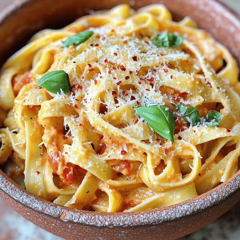 To make creamy tomato basil pasta, you will need: - 12 oz pasta (fettuccine or penne) - 2 tablespoons extra virgin olive oil - 3 cloves garlic, finely minced - 1 can (14 oz) crushed tomatoes - 1 cup heavy cream - 1 cup fresh basil leaves, roughly chopped - 1 teaspoon granulated sugar - Salt and freshly ground black pepper to taste - ½ cup grated Parmesan cheese, plus more for serving These ingredients blend well to create a rich and creamy dish. The pasta acts as the base, while the tomatoes, garlic, and basil bring in bold flavors. The heavy cream adds that luxurious texture. Some optional ingredients can enhance your dish: - A pinch of red pepper flakes for added heat - A splash of white wine for depth - Fresh oregano or thyme for more aroma Adding these extras can elevate the taste. Each brings a twist that can make your pasta unique and even more delightful. If you don’t have certain ingredients, here are some good swaps: - Substitute heavy cream with half-and-half for a lighter option. - Use canned tomato sauce if crushed tomatoes are not available. - Swap fresh basil with dried basil in a pinch, but use less. These substitutions will keep the dish flavorful. You can enjoy creamy tomato basil pasta no matter what you have on hand. Check out the Full Recipe for detailed steps! To start, grab a large pot. Fill it with water and add a good amount of salt. Bring it to a boil. Once the water is bubbling, add 12 oz of your favorite pasta. I like fettuccine or penne. Cook the pasta according to the package instructions. Look for that perfect al dente texture. When it's done, drain it well, but save half a cup of the starchy pasta water. This helps later to make the sauce smooth. Set your pasta aside. Next, take a large skillet and place it on medium heat. Add 2 tablespoons of extra virgin olive oil. Once the oil is hot, toss in 3 cloves of finely minced garlic. Stir this for about a minute, just until you smell that wonderful aroma. Be careful not to let the garlic turn brown. Burnt garlic can ruin the taste. After savoring the garlic scent, carefully pour in a can of 14 oz crushed tomatoes. Add 1 teaspoon of granulated sugar to cut the acidity. Season it well with salt and freshly ground black pepper. Stir the mix and let it simmer gently for about 5 minutes. This step allows all the flavors to blend together nicely. Now, reduce the heat to low and pour in 1 cup of heavy cream. Stir well to combine. Let the sauce cook gently for another 3-4 minutes. This is where the magic happens; the sauce becomes rich and creamy. Next, add 1 cup of roughly chopped fresh basil to the mix. If the sauce feels too thick, add some of that reserved pasta water a little at a time. Now, toss in the cooked pasta, mixing it well so every piece gets coated. Let it cook on low for 2 more minutes. Finally, remove the skillet from the heat and sprinkle in ½ cup of grated Parmesan cheese. Stir until the cheese melts and everything is creamy. Taste your dish and adjust the seasoning if needed. Serve it up nice and hot, garnished with more cheese or red pepper flakes if you like a little heat. For the complete recipe, check out the Full Recipe. When making creamy tomato basil pasta, some mistakes can ruin your dish. Here are a few to watch for: - Overcooking the Pasta: Always cook pasta until it is al dente. This keeps it firm and prevents it from becoming mushy. - Burning the Garlic: Garlic adds flavor but burns quickly. Sauté it gently and keep an eye on it. - Skipping the Sugar: A pinch of sugar balances the acidity of the tomatoes. Don’t skip this step! - Not Reserving Pasta Water: This starchy water helps adjust sauce thickness. Always save some before draining the pasta. To create a rich and creamy sauce, follow these tips: - Use Heavy Cream: It gives the sauce a thick and smooth feel. Avoid light cream, as it won’t be as rich. - Simmer Gently: After adding the cream, keep the heat low. This allows flavors to meld without boiling the cream. - Add Fresh Basil Last: Stir in the basil just before serving. This keeps it vibrant and fresh. - Adjust Consistency: If the sauce is too thick, add reserved pasta water a little at a time. This helps reach your desired creaminess. Cooking pasta correctly sets the stage for your dish. Here are some best practices: - Use Plenty of Water: Fill a large pot with plenty of salted water. This allows pasta to move freely and cook evenly. - Salt the Water: Add salt to the boiling water. This flavors the pasta itself. - Stir Occasionally: Stir the pasta in the pot to prevent it from sticking together. - Taste for Doneness: Start tasting the pasta a minute or two before the package time ends. This ensures perfect texture. Following these tips will help you craft a creamy tomato basil pasta that is rich and flavorful. For complete guidance, refer to the Full Recipe. {{image_4}} You can use many types of pasta for this dish. Fettuccine and penne are popular choices. However, you can also try spaghetti, rigatoni, or even farfalle. Each shape holds the sauce differently. For a fun twist, use whole wheat or gluten-free pasta. These options add taste and texture to your meal. To make this dish vegetarian, simply skip the cheese or use a vegetarian alternative. For a vegan version, replace heavy cream with coconut milk or cashew cream. You can also use nutritional yeast for a cheesy flavor without dairy. Fresh vegetables like spinach or bell peppers can add color and nutrients. Adding protein can make this dish even heartier. Grilled chicken is a great option. Simply slice it and toss it with the pasta. Shrimp is another tasty choice. Cook the shrimp in the skillet before adding the sauce. This way, they soak up all the flavors. You can mix and match proteins to fit your taste. Check out the Full Recipe for more tips! To keep your creamy tomato basil pasta fresh, let it cool completely. Use airtight containers for storage. This helps maintain flavor and texture. Place the leftovers in the fridge. They will stay good for about three to five days. Make sure to label the container with the date. This way, you won’t forget how long they’ve been stored. When you're ready to enjoy leftovers, heat them gently. Start by adding a splash of water or cream to the pasta. This prevents it from drying out. You can reheat in a skillet over low heat. Stir often to ensure even warming. If you prefer the microwave, place the pasta in a microwave-safe bowl. Heat in short bursts, stirring in between. This helps to warm it evenly. If you want to keep the pasta for longer, freezing is a good option. Allow the pasta to cool, then portion it out. Use freezer-safe bags or containers for storage. Squeeze out any extra air to prevent freezer burn. You can freeze the pasta for up to three months. To eat, thaw it in the fridge overnight. Reheat gently as mentioned before. Enjoy your creamy tomato basil pasta anytime! For the full recipe, check out the details above. Yes, you can. Canned tomato sauce works well. It gives a smoother texture. Just remember to adjust the seasoning. You might need to add a bit more salt or sugar. This will help balance the flavors. To make this dish gluten-free, choose gluten-free pasta. Many brands offer great options. Look for pasta made from rice or corn. They cook similarly to regular pasta. Just check the cooking time on the package. This pasta pairs well with many sides. Here are a few ideas: - Garlic bread - A fresh green salad - Roasted vegetables - Grilled chicken or shrimp These sides add flavor and balance to your meal. You can prepare this dish ahead of time. Cook the pasta and sauce separately. Store them in airtight containers in the fridge. When ready to eat, just heat them together. Add a splash of pasta water if needed. This keeps the sauce creamy and fresh. For the full recipe, check the earlier sections. This blog post explored creamy tomato basil pasta. It covered key ingredients, cooking steps, and useful tips. I shared variations to make the dish your own. Proper storage and reheating methods extend the life of your meal. Embrace creativity in your cooking. Experiment with flavors and enjoy every bite. You have the tools to make delicious pasta that suits your taste. Happy cooking!