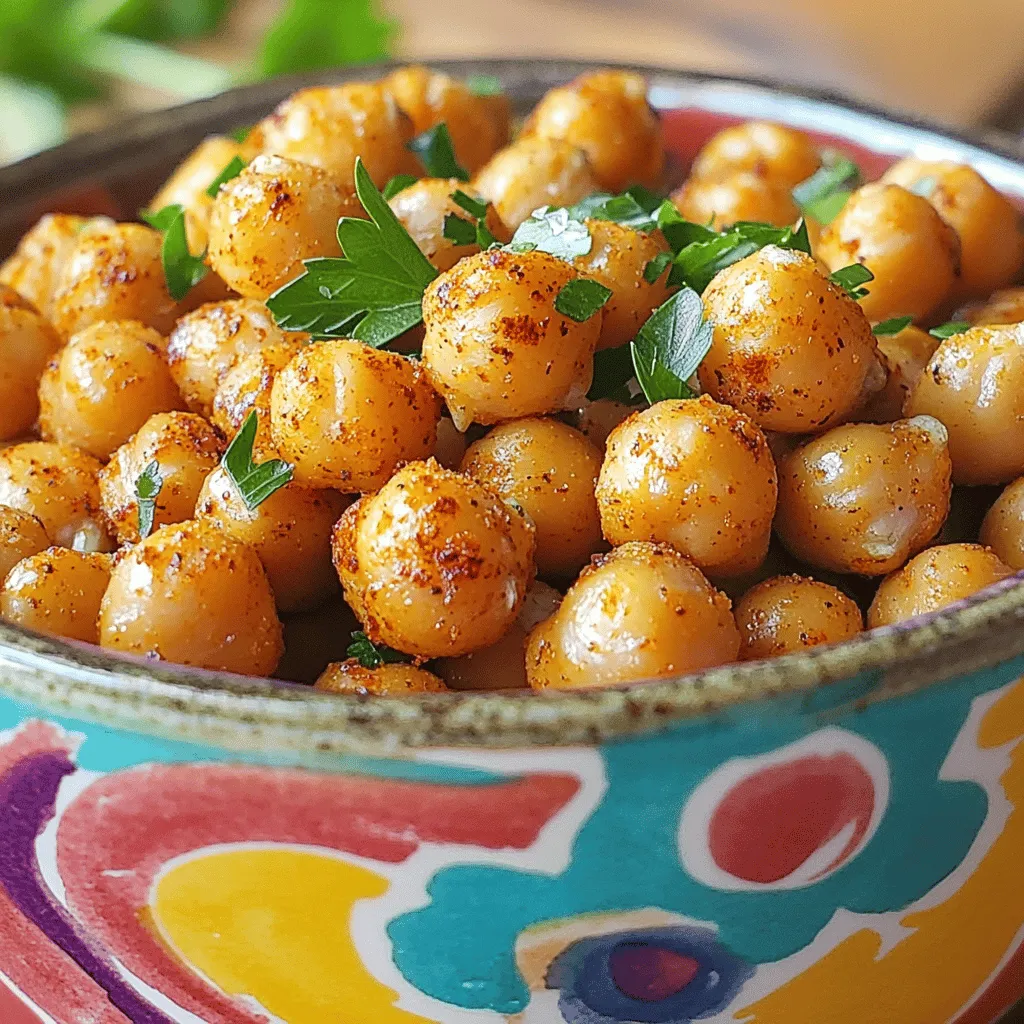 - 1 can (15 oz) chickpeas - 2 tablespoons extra virgin olive oil - 1 teaspoon smoked paprika - 1 teaspoon garlic powder - 1/2 teaspoon ground cumin - 1/2 teaspoon ground coriander - 1/4 teaspoon cayenne pepper - Sea salt, to taste - Fresh parsley, finely chopped To make easy roasted chickpeas, you'll need simple ingredients. Start with a can of chickpeas. They are full of protein and fiber. The olive oil helps the spices stick and adds flavor. Next, spices make them tasty. Smoked paprika gives a warm, smoky taste. Garlic powder adds a nice punch. Cumin and coriander bring a depth of flavor. A little cayenne pepper adds heat, but you can adjust based on your taste. Finally, sprinkle sea salt for balance. For a fresh touch, you can add chopped parsley as a garnish. It not only looks nice but also adds a bright flavor. You can find the full recipe at the end of this section. - Preheat your oven to 400°F (200°C). - Drain, rinse, and dry the chickpeas. Rinsing the chickpeas removes extra salt and helps them get crispy. Pat them dry with paper towels. This step is key for crunch! - Combine chickpeas with olive oil and spices. - Ensure even coating for optimal flavor. In a bowl, mix the dried chickpeas with olive oil. Add smoked paprika, garlic powder, cumin, coriander, cayenne, and sea salt. Stir well so each chickpea is coated. This gives them great taste! - Spread chickpeas on a parchment-lined baking sheet. - Roast for 20 to 30 minutes, stirring occasionally. Place the coated chickpeas on the baking sheet without crowding them. This helps them roast evenly. Stir them halfway for a golden color. After roasting, let them cool for a few minutes. They will get crunchier as they cool. For the full recipe, check out the complete guide. To get that perfect crunch, drying the chickpeas is key. When chickpeas are wet, they steam instead of roast. This makes them soft, not crispy. After rinsing, I recommend using paper towels to pat them dry. This step is simple but vital for great results. Spacing on the baking sheet also plays a huge role. If the chickpeas are crowded, they won’t roast well. I like to spread them out in a single layer. This way, hot air can flow around each chickpea, making them crispy all around. When serving, I love using a bright bowl. It shows off the crispy chickpeas and makes them tempting. You can serve them alone as a snack or sprinkle them on salads for crunch. Pairing your chickpeas with dips is fun too. Try vegan yogurt or tahini sauce. These add a creamy touch and balance the spices. To keep roasted chickpeas fresh, store them in a sealed container. They stay best in a cool, dry place. Don’t forget to let them cool completely before putting them away. This prevents moisture build-up. If you want to reheat them, use the oven. This helps them regain their crunch. Just pop them in at 350°F (175°C) for about five to ten minutes. Enjoy them crispy, just like when they were fresh! {{image_4}} You can change the flavors of your roasted chickpeas easily. Try different spices like cumin, chili powder, or even cinnamon. For a sweet twist, use a bit of brown sugar or honey. Mix and match to find what you love best. Add nuts or seeds to your chickpeas for crunch. Almonds, sunflower seeds, or pumpkin seeds work great. You can also toss in some chopped veggies like bell peppers or zucchini. This adds color and nutrition, making your snack heartier. Roasted chickpeas are not just a snack. You can use them on salads for added crunch. They fit well in wraps or grain bowls too. Their flavor enhances many dishes, making them fun and versatile. For a full recipe, check out the details provided earlier. To keep your roasted chickpeas fresh, store them in an air-tight container. This helps keep them crunchy. First, let the chickpeas cool completely before sealing. If they are warm, they may sweat and get soggy. When stored right, roasted chickpeas can stay crispy for about 1 week. Keep an eye out for any changes. If they smell off or feel soft, it’s time to toss them. Yes, you can freeze roasted chickpeas! Just place them in a freezer-safe bag. To thaw, leave them in the fridge overnight. To reheat, spread them on a baking sheet and warm them in an oven at 350°F (175°C) for about 10 minutes. This helps return their crunch. For the full recipe, check out the crispy spiced roasted chickpeas recipe above. If your chickpeas are not crispy, a few things may have gone wrong. First, excess moisture can prevent crispiness. Make sure to dry your chickpeas well after rinsing. You can use paper towels for this step. Second, if they are crowded on the baking sheet, they may steam instead of roast. Always spread them in a single layer. Lastly, if they don't roast long enough, they won't get that golden crunch. Keep an eye on them and stir every ten minutes for even cooking. Yes, you can use dried chickpeas! Start by soaking them overnight in water. This helps them soften. The next day, drain and rinse the chickpeas. Then, boil them in fresh water for about an hour until tender. After that, follow the same steps in the recipe. Coat the cooked chickpeas with oil and spices before roasting. This method will give you a fresh flavor and a great texture. Absolutely! Roasted chickpeas are perfect for meal prep. Store them in an air-tight container after they cool down. They can stay fresh for about a week. To reheat, place them in the oven for a few minutes to regain their crunch. Avoid microwaving, as this can make them chewy instead of crispy. Enjoy them as a snack or add them to salads and bowls throughout the week! For the complete cooking method, check out the Full Recipe. You now have a complete guide to delicious roasted chickpeas. We started with easy ingredients, simple steps, and helpful tips. You learned how to make them crispy and tasty. Plus, we explored fun ways to serve and store them. Roasted chickpeas are a versatile snack. You can enjoy them plain or add your own twist. Whether you use them in salads or as a snack, they’re sure to please. Get creative and enjoy your flavorful journey with chickpeas!