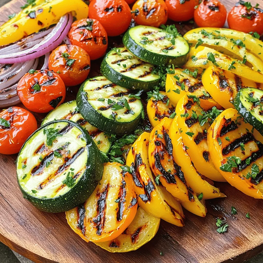 To make lemon herb grilled vegetables, you will need the following fresh ingredients: - 1 medium zucchini, cut into thick rounds - 1 yellow bell pepper, sliced into wide strips - 1 red bell pepper, sliced into wide strips - 1 medium red onion, cut into wedges - 1 cup cherry tomatoes, whole - 3 tablespoons extra virgin olive oil - Zest and juice of 1 large lemon - 2 teaspoons dried oregano - 2 teaspoons dried thyme - 2 cloves garlic, minced finely - Salt and freshly ground black pepper, to taste - Fresh parsley, finely chopped (for garnish) These ingredients bring out the natural flavors of the vegetables. The lemon juice brightens everything up, while the herbs add depth. The cherry tomatoes burst with flavor, making each bite a delight. With this simple list, you can create a dish that impresses everyone. If you want the full recipe, check out the complete guide to lemon herb grilled vegetables. - First, combine the extra virgin olive oil, lemon zest, and lemon juice in a bowl. - Add dried oregano, dried thyme, minced garlic, salt, and pepper. Mix well until smooth. - Next, toss the zucchini, bell peppers, red onion, and cherry tomatoes in the marinade. - Cover the bowl with plastic wrap and place it in the fridge for at least 30 minutes. - While the vegetables marinate, preheat your grill or grill pan over medium-high heat. - Once hot, arrange the marinated vegetables on the grill. Make sure they are not crowded. - Grill the vegetables for 6-8 minutes. Turn them occasionally with tongs until they are tender and marked. - After grilling, transfer the vegetables to a serving platter. - Garnish with fresh parsley to add color and flavor. - For an extra touch, serve with a lemon wedge on the side. This gives a nice option for guests to add more lemon juice if they like. Check out the Full Recipe for more details on making this simple yet flavorful dish! To get the best results when grilling vegetables, follow these tips: - Ensuring even cooking: Cut your vegetables into similar sizes. This way, they cook at the same rate. For example, slice zucchini into thick rounds and bell peppers into wide strips. - How to tell when vegetables are ready: Look for nice grill marks and a tender texture. You can poke the veggies with a fork to check for doneness. They should be soft but not mushy. To make your grilled vegetables burst with flavor, consider these ideas: - Adding fresh herbs vs. dried herbs: Fresh herbs offer brighter flavors. Use fresh parsley or basil when serving. Dried herbs work well in the marinade but can be less intense. - Suggested oils or seasoning alternatives: Extra virgin olive oil is great, but you can try avocado oil for a different taste. You can also add a splash of balsamic vinegar for a tangy twist. {{image_4}} You can change up the vegetables based on the season. Some great choices include: - Asparagus - Eggplant - Mushrooms - Carrots If you have allergies or personal likes, feel free to swap veggies. For instance, if you can't eat bell peppers, you can use snap peas or squash instead. Want to spice things up? Add a pinch of red pepper flakes for heat. You can also try different citrus flavors. Instead of lemon, use lime or orange for a fresh twist. These changes will keep your grilled vegetables exciting and new! For the complete guide to making these flavorful dishes, check out the Full Recipe. Enjoy every bite! To keep your lemon herb grilled vegetables fresh, store them in an airtight container. This method prevents moisture loss and keeps them tasty. They will stay fresh for up to three days in the fridge. Make sure to cool them down to room temperature before storing. This avoids condensation, which can make them soggy. When it's time to enjoy leftovers, avoid the microwave if you can. The microwave can make your veggies mushy. Instead, use the oven or stovetop. Heat them in a pan over medium heat for a few minutes. This keeps their texture and flavor intact. You can also add a splash of olive oil for extra taste. For a creative spin, toss your reheated veggies into a salad or wrap them in a tortilla. They also work well as a side dish with grilled meats or pasta. Enjoying them this way brings new life to your meal! How long should I marinate the vegetables? Marinate the vegetables for at least 30 minutes. This time helps them soak up the flavors. If you can, let them sit for an hour to enhance the taste even more. Can I use frozen vegetables for this recipe? You can use frozen vegetables, but fresh ones are best. Frozen veggies may lose some texture when grilled. If using frozen, thaw them first and pat them dry. What can I serve with lemon herb grilled vegetables? These grilled veggies pair well with many dishes. Serve them with grilled chicken, fish, or pasta. They can also be a great addition to salads or sandwiches. Can I roast vegetables instead of grilling? Yes, roasting is a great option! Toss the marinated vegetables on a baking sheet and roast them at 425°F. This method gives a nice caramelization and depth of flavor. What grill temperature is ideal for grilling vegetables? Aim for medium-high heat, around 400°F to 450°F. This temperature ensures the vegetables cook through while achieving those lovely grill marks. Adjust the heat as needed to prevent burning. This blog post covered how to make delicious lemon herb grilled vegetables. You learned about the ingredients, grilling steps, and storage tips. I shared how to select fresh veggies and enhance their flavor. Using these tips can help you create a tasty dish. Enjoy experimenting with different vegetables and spices! Now you can impress friends and family with your grilling skills. Keep these basics in mind, and you’ll master grilled veggies in no time. Dive into your next cooking adventure!