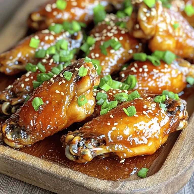 - 2 pounds chicken wings - 1/2 cup honey - 1/4 cup low-sodium soy sauce - 3 tablespoons minced garlic - 1 tablespoon fresh ginger, grated - 1 tablespoon rice vinegar - 1 teaspoon sesame oil - 1/2 teaspoon black pepper - 1 tablespoon cornstarch (optional) - 2 tablespoons green onions, finely chopped (for garnish) - Sesame seeds (for garnish) For this tasty honey garlic chicken wings recipe, you need simple ingredients. Each one adds great flavor. Chicken wings are the main star. They should be fresh and plump. I use honey for sweetness. It gives the wings a sticky glaze. Low-sodium soy sauce adds a salty depth. Next, I love minced garlic. It gives a strong punch. Fresh ginger brings a nice warmth. Rice vinegar adds some tang. A dash of sesame oil gives a unique taste. Black pepper adds a little heat. If you want a thicker sauce, use cornstarch. This is optional but great for extra stickiness. Finally, I like to garnish with green onions and sesame seeds. They make the dish look bright and fresh. For the full recipe, check out the complete steps to make these wings. You will impress your friends and family with this dish! - Preheat the oven: Start by heating your oven to 400°F (200°C). Line a baking sheet with aluminum foil and place a wire rack on top. This setup helps the wings get crispy as they cook. - Prepare the wings: Rinse the chicken wings under cold water. Make sure to dry them well with paper towels. A dry surface is key for a crispy finish. - Make the marinade: In a medium bowl, mix together the honey, low-sodium soy sauce, minced garlic, fresh ginger, rice vinegar, sesame oil, and black pepper. Whisk until well combined. If you want a thicker sauce, stir in cornstarch until it dissolves completely. - Marinate the wings: Place the wings in a large bowl and pour the marinade over them. Toss gently to coat every wing. Cover the bowl and refrigerate for at least 30 minutes, or up to 2 hours for more flavor. - Bake the wings: Once marinated, arrange the wings on the wire rack in a single layer. Bake in the preheated oven for 25-30 minutes. Flip the wings halfway through to ensure they brown nicely. They should look golden and crispy when done. - Glaze the wings: In the last 5 minutes, pour any leftover marinade into a small pot. Heat it over medium heat until it boils, then lower the heat and simmer for 3-5 minutes. This thickens the glaze. - Final touch for serving: Remove the wings from the oven and brush them with the thickened glaze. This adds extra flavor and stickiness. Carefully place the sticky wings on a platter. You can find the full recipe at the beginning of this article. To get crispy wings, start by drying them well. Moisture will make them soggy. Use paper towels to pat them completely dry. A dry surface helps them crisp up in the oven. Using a wire rack is key, too. Place it on a baking sheet. This allows air to flow around the wings. Good airflow helps them cook evenly and become crispy. You can add spices or hot sauce to the marinade. This gives the wings a kick. If you like heat, try adding cayenne or chili powder. You can also adjust the sweetness. If you prefer less sweetness, reduce the honey. Taste the marinade before using it to find your perfect balance. These wings pair well with a variety of side dishes. Try them with celery sticks or carrot sticks. A cool ranch dip or blue cheese dip works great, too. For presentation, arrange the wings on a large platter. Sprinkle green onions and sesame seeds on top for a pop of color. Enjoy your wings with friends at parties or game nights! For the full recipe, check out the Sticky Honey Garlic Chicken Wings. {{image_4}} You can change the sauce for different flavors. - Spicy honey garlic wings: Add hot sauce to the honey garlic mix. This gives a sweet and spicy kick. Adjust the heat to fit your taste. - Ginger-soy wings: Replace honey with more soy sauce and add fresh ginger. This will give your wings a savory and zesty twist. You can cook these wings in different ways. - Air fryer version: Preheat your air fryer to 360°F (182°C). Place the marinated wings in a single layer. Cook for 25-30 minutes, flipping halfway through for even crispiness. - Grill option: Heat your grill to medium-high. Grill the wings for 15-20 minutes, turning often. This adds a smoky flavor that is hard to beat. You can make these wings fit your diet. - Gluten-free substitution: Use gluten-free soy sauce instead of regular soy sauce. This keeps the flavor while being safe for a gluten-free diet. - Low-sugar alternatives: Use sugar-free honey or a sugar substitute in the marinade. This way, you can enjoy the wings with less sugar. For the full recipe, check out the details above. To keep your leftover wings fresh, store them in an airtight container. Place a paper towel inside to soak up moisture. This helps prevent sogginess. You can store them in the fridge for up to four days. When you want to eat them again, reheat them in the oven. Set your oven to 350°F (175°C) and bake for 10-15 minutes. This will make them crispy again. If you want to save wings for later, freezing is a great choice. After cooking, let the wings cool completely. Place them in a freezer-safe bag or container. Remove as much air as possible to prevent freezer burn. Frozen wings can last for about three months. When you're ready to eat, thaw them in the fridge overnight. To reheat, bake them at 350°F (175°C) for about 15-20 minutes. This will warm them through and keep them tasty. For more details on cooking these wings, check the Full Recipe. To make chicken wings crispy, dry them well before cooking. Use paper towels to remove moisture. Cooking on a wire rack helps air flow around the wings. This method allows the heat to crisp them up nicely. High heat also helps, so bake at 400°F (200°C). Yes, you can marinate the wings overnight. This extra time lets the flavors soak in deeper. Just ensure you cover the bowl tightly in the fridge. It’s a great way to save time on cooking day. Remember, marinating for at least 30 minutes still gives good flavor. You know wings are done when they turn golden brown and crispy. Use a meat thermometer to check the internal temperature. It should reach 165°F (74°C) for safe eating. If you see juices running clear, that’s a good sign too. Some great side dishes include crispy fries, coleslaw, or a fresh garden salad. You can also serve them with veggies and dip. Rice or a grain salad can complement them well. Choose sides that balance the sweet and savory taste of the wings. You can use other chicken pieces like drumsticks or thighs. Adjust the cooking time based on the size of the chicken pieces. Ensure they also reach 165°F (74°C) for safe eating. Wings are great for this recipe, but other cuts will work too. To serve more people, simply double or triple the ingredient amounts. Keep in mind the cooking time might change slightly. Make sure to bake the wings in batches if needed. Overcrowding the pan can lead to uneven cooking. For the full recipe, check the recipe section. You learned how to make delicious honey garlic chicken wings. First, we listed the ingredients needed. Then, we went through step-by-step instructions for preparation and cooking. I also shared tips for crispy wings and suggested ways to enhance flavors. You can explore variations and know how to store leftovers. Now, you can impress family and friends with these tasty wings. Enjoy experimenting with this recipe, and happy cooking!