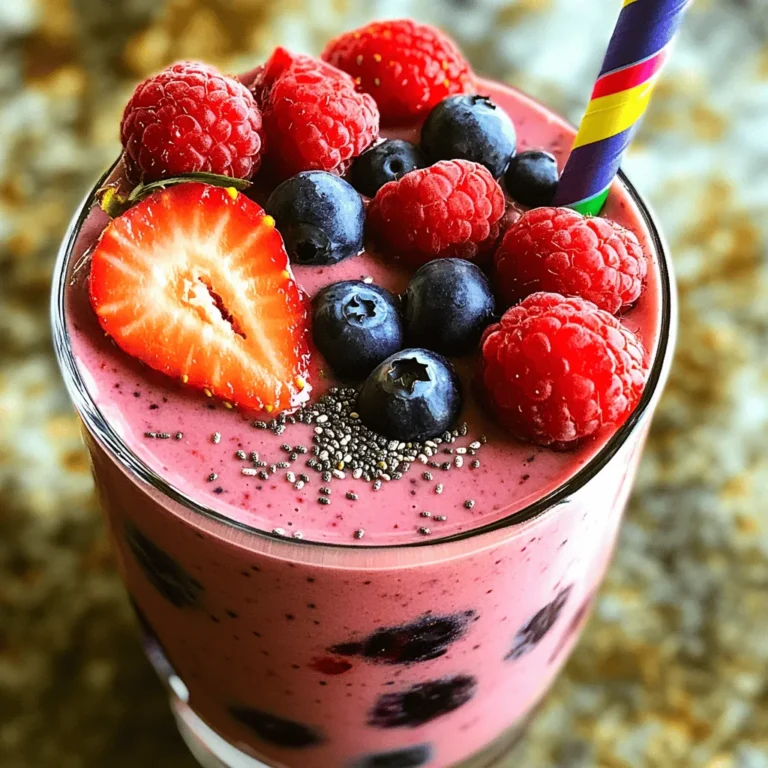To make a Banana Berry Protein Shake, you need the right ingredients. Here’s what to gather: - 1 ripe banana, sliced - 1 cup mixed berries (strawberries, blueberries, raspberries) - 1 cup unsweetened almond milk (or your preferred milk) - 1 scoop vanilla protein powder - 1 tablespoon creamy almond butter - 1 tablespoon chia seeds (optional) - 1 teaspoon honey or maple syrup - Ice cubes (optional for chill) Each ingredient plays a key role in taste and nutrition. The banana adds natural sweetness and creaminess. Mixed berries bring a burst of flavor and antioxidants. Almond milk keeps it light, while protein powder helps build muscle. Almond butter adds healthy fats, and chia seeds offer extra fiber. Honey or maple syrup gives a touch more sweetness. If you like it cold, ice cubes are great! Gather all these items, and you're ready to blend a tasty and nutritious sip. Check the [Full Recipe] for more details on how to combine them. 1. Prepping the Ingredients Start by getting all your ingredients ready. Peel the banana and slice it into rounds. Rinse the mixed berries in cold water. This step ensures your shake tastes fresh and clean. 2. Blending the Banana and Berries Take your blender and add the sliced banana and mixed berries. These fruits give your shake a sweet and fruity flavor. The banana also adds creaminess. 3. Adding Sweeteners and Ice Next, pour in the almond milk and add the scoop of vanilla protein powder. For extra richness, add the creamy almond butter. If you want it sweeter, drizzle in honey or maple syrup. If you like your shake cold, toss in some ice cubes. 4. Blending to Perfection Blend all the ingredients on high speed. Keep blending until the mixture is smooth and creamy. If needed, stop the blender and scrape down the sides. This helps mix everything well. 5. Final Adjustments and Serving Taste your shake. If it needs more sweetness, add more honey or syrup. Blend for a few more seconds. Once ready, pour your shake into a tall glass. For a nice touch, garnish with whole berries and a sprinkle of chia seeds. Follow these steps for a quick and tasty Banana Berry Protein Shake. Check the Full Recipe for more details! Choosing the Best Ingredients Choosing ripe, fresh ingredients makes a big difference. Use a banana that is soft but not brown. This gives your shake a creamy texture. For berries, mix a few types. Strawberries, blueberries, and raspberries all work well together. They add flavor and vibrant color. Almond milk is a great choice, but feel free to use any milk you like. A scoop of vanilla protein powder boosts nutrition and taste. For extra creaminess, add almond butter. Adjusting Sweetness to Taste Not everyone likes the same level of sweetness. Start with one teaspoon of honey or maple syrup. Blend your shake, then taste it. If you want it sweeter, add more honey or syrup. Blend again for a few seconds. This way, you control the sweetness just right for you. Achieving the Right Consistency The texture of your shake matters. If it’s too thick, add more almond milk. If you want it thicker, add ice cubes or more banana. Blend until smooth. If needed, stop the blender to scrape down the sides. Make sure everything is mixed well. The perfect shake should be creamy, not runny. Enjoy your shake right away for the best flavor and texture. For the full recipe, check out the detailed steps above. {{image_4}} You can make this shake your own by changing a few ingredients. Here are some fun ways to do that. - Using Different Protein Powder Flavors: You do not have to stick with vanilla. Try chocolate, strawberry, or even peanut butter protein powder. Each adds a unique twist to the shake. - Swapping the Milk Options: While almond milk works great, feel free to use any milk you like. Cow's milk, soy milk, or oat milk all blend well. Each milk type changes the taste and creaminess. - Adding Other Fruits or Nut Butters: Mix in a scoop of peanut butter for a nutty flavor. You can also try adding spinach for more nutrients without changing the taste. Other fruits, like mango or pineapple, can bring a tropical vibe to the shake. Explore these variations to make your Banana Berry Protein Shake even more exciting. For the full recipe, check out the main article. Best Practices for Refrigeration After making your shake, store it in a sealed container. Glass jars work well. Keep it in the fridge. This will keep it fresh for up to 24 hours. Shake it well before drinking again. The ingredients may settle. Freezing Suggestions for Longer Storage If you want to save your shake for later, freeze it! Pour the shake into ice cube trays. Once frozen, pop the cubes into a freezer bag. This way, you can blend a quick smoothie later. Just blend the cubes with a little extra milk for a quick treat. Reheating Tips for Enjoyment You can’t really heat a protein shake. It’s best enjoyed cold. If you want a warm drink, try making a warm smoothie instead. Blend your fruits with warm milk. This makes a nice cozy drink. Don't forget to check out the full recipe for more details on making your shake! Can I make this shake without protein powder? Yes, you can skip protein powder. Use extra almond butter or Greek yogurt instead. This keeps the shake creamy and adds more protein naturally. Are there vegan options for the ingredients? Absolutely! Use almond milk or oat milk for the base. Choose plant-based protein powder, and all your ingredients will be vegan-friendly. How can I make this shake higher in protein? To boost protein, add more protein powder or include Greek yogurt. You can also mix in seeds like hemp or flax for extra protein and nutrition. What are the health benefits of a banana berry shake? This shake is rich in vitamins and minerals. Bananas offer potassium, while berries are full of antioxidants. Protein supports muscle growth and recovery. It’s a great snack or meal replacement. For the full recipe, check out the details above! In this blog post, we covered how to make a Banana Berry Protein Shake. We explored key ingredients, preparation steps, and tips for the best shake. You learned how to customize it and store any leftovers. This shake is tasty, healthy, and easy to make. It can give you energy for your day. I hope you enjoy making this shake as much as I do!