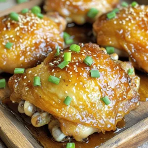 To make this dish, you need a few key items. These ingredients work together for great flavor. Here’s what you will need: - 4 chicken thighs, bone-in and skin-on - 1/4 cup honey - 1/4 cup low-sodium soy sauce - 4 cloves garlic, finely minced - 1 tablespoon fresh ginger, grated - 1 teaspoon sesame oil - 1 tablespoon olive oil - Salt and freshly ground black pepper to taste While the main ingredients shine, you can add optional items for extra flavor. Try using these to enhance your dish: - A splash of rice vinegar for acidity - A pinch of red pepper flakes for heat - Fresh herbs like cilantro or parsley for freshness Presentation matters when serving food! Beautiful garnishes make a dish pop. Here’s what to top your chicken with: - 2 green onions, finely sliced - Sesame seeds for a crunchy finish First, grab a medium mixing bowl. Add 1/4 cup honey, 1/4 cup low-sodium soy sauce, 4 minced garlic cloves, 1 tablespoon of grated ginger, and 1 teaspoon of sesame oil. Whisk them together until mixed well. This sweet and savory blend will become your marinade and glaze. It infuses the chicken thighs with tasty flavor. Next, season the chicken thighs. Use salt and freshly ground black pepper on both sides. Heat 1 tablespoon of olive oil in a large skillet over medium-high heat. Once hot, place the chicken thighs skin-side down. Let them sear for about 6-8 minutes. You want that skin golden brown and crispy. This step adds great texture and taste. After searing, flip the chicken thighs. Pour the honey garlic mixture over them. Let it simmer gently, coating the chicken in flavor. Cover the skillet and reduce the heat. Cook for 15-20 minutes until the chicken reaches 165°F (75°C) inside. When the chicken is ready, remove the lid. Turn the heat back up to medium-high. Let the sauce simmer for 5 minutes, stirring often. This will thicken the sauce, helping it stick to the chicken. Once thickened, take the skillet off the heat. Allow the chicken to rest for a few minutes. This lets the juices settle, keeping the meat tender. Serve the chicken on a platter, drizzling the sauce over the top. Add a sprinkle of sliced green onions and sesame seeds for a bright finish. Enjoy your Honey Garlic Chicken Thighs! For the full recipe, refer to [Full Recipe]. To get crispy skin, start with bone-in, skin-on chicken thighs. Pat the skin dry with paper towels. This step removes moisture and helps the skin crisp up nicely. Heat olive oil in a hot skillet before adding the chicken. Sear it skin-side down for 6-8 minutes. Resist the urge to move the chicken too much. Let it cook undisturbed for a golden crust. For tender chicken, season it well with salt and pepper. This enhances flavor and locks in moisture. When cooking, keep an eye on the internal temperature. Aim for 165°F (75°C) to ensure it’s fully cooked. Let the chicken rest after cooking. This lets the juices settle back in, making each bite juicy and satisfying. Honey garlic chicken pairs well with several sides. Try serving it with steamed rice for a classic combo. The rice soaks up the tasty sauce. You can also serve it with a fresh green salad. The crunch of the veggies complements the soft chicken perfectly. Roasted vegetables add color and flavor, making for a well-rounded meal. For the full recipe, check out [Full Recipe]. {{image_4}} You can change the taste of honey garlic chicken thighs by swapping some ingredients. For a fruitier twist, try using maple syrup instead of honey. This will give your dish a rich, deep flavor. You can also replace soy sauce with coconut aminos for a gluten-free option. If you like citrus, add some fresh orange juice to the marinade. It brightens the flavor and adds a zesty note. While chicken thighs are juicy, you can use other cuts too. Chicken breasts work well if you prefer leaner meat. Just remember, they may dry out faster, so watch the cooking time. Drumsticks are another tasty option. They are fun to eat and stay moist during cooking. Whichever cut you choose, make sure it is about the same size for even cooking. Want some heat? It's easy to spice things up! Add red pepper flakes or sriracha to the marinade for a kick. You can also use fresh jalapeños or chili paste for a bolder flavor. Adjust the amount based on your heat tolerance. If you love spicy food, this will make your honey garlic chicken thighs truly exciting. For the full recipe, check out the [Full Recipe]. Store your honey garlic chicken thighs in an airtight container. Make sure to let them cool to room temperature first. They will stay fresh in the fridge for up to 3 days. This keeps the flavors intact and ensures the chicken remains juicy. To reheat, place the chicken thighs in a skillet over low heat. Cover the skillet to keep moisture in. Heat until warmed through, about 5-10 minutes. You can also microwave them, but cover the dish to prevent drying out. You can freeze the chicken thighs for later use. Wrap each thigh in plastic wrap, then place them in a freezer bag. They will last for about 2-3 months in the freezer. Thaw them in the fridge overnight before reheating. This method keeps the chicken tasty and tender. For the full recipe, refer to the section above. You should cook chicken thighs for about 20-25 minutes. Start by searing them for 6-8 minutes on the skin side. Then, flip them over and pour the sauce on top. Cover the skillet and let them simmer for 15-20 minutes. This method helps keep the meat juicy and full of flavor. Yes, you can use boneless chicken thighs. They will cook faster than bone-in thighs. Sear them for about 5-7 minutes on each side. Make sure to check their internal temperature. It should reach 165°F (75°C) to be safe to eat. The best way to check if the chicken is done is with a meat thermometer. Insert it into the thickest part of the thigh. When it reads 165°F (75°C), the chicken is ready. You can also cut into the meat. If the juices run clear, it’s cooked. To adjust the sweetness, add more honey for a sweeter taste. If you want it less sweet, add more soy sauce or a splash of vinegar. Taste the sauce as you go. This way, you can find the perfect balance for your dish. For the full recipe, please check the [Full Recipe]. Honey garlic chicken thighs are simple and tasty. We covered the key ingredients and optional marinades. You learned how to prepare the marinade and cook the chicken. I shared tips for crispy skin, tender meat, and delicious sides. We also explored variations and storage tips to keep your meals fresh. When you try this recipe, it will impress your family and friends. Enjoy the rich flavors and make it your own!