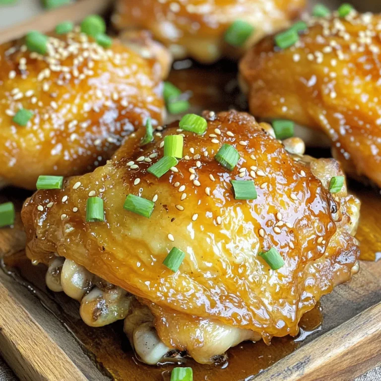 To make this dish, you need a few key items. These ingredients work together for great flavor. Here’s what you will need: - 4 chicken thighs, bone-in and skin-on - 1/4 cup honey - 1/4 cup low-sodium soy sauce - 4 cloves garlic, finely minced - 1 tablespoon fresh ginger, grated - 1 teaspoon sesame oil - 1 tablespoon olive oil - Salt and freshly ground black pepper to taste While the main ingredients shine, you can add optional items for extra flavor. Try using these to enhance your dish: - A splash of rice vinegar for acidity - A pinch of red pepper flakes for heat - Fresh herbs like cilantro or parsley for freshness Presentation matters when serving food! Beautiful garnishes make a dish pop. Here’s what to top your chicken with: - 2 green onions, finely sliced - Sesame seeds for a crunchy finish First, grab a medium mixing bowl. Add 1/4 cup honey, 1/4 cup low-sodium soy sauce, 4 minced garlic cloves, 1 tablespoon of grated ginger, and 1 teaspoon of sesame oil. Whisk them together until mixed well. This sweet and savory blend will become your marinade and glaze. It infuses the chicken thighs with tasty flavor. Next, season the chicken thighs. Use salt and freshly ground black pepper on both sides. Heat 1 tablespoon of olive oil in a large skillet over medium-high heat. Once hot, place the chicken thighs skin-side down. Let them sear for about 6-8 minutes. You want that skin golden brown and crispy. This step adds great texture and taste. After searing, flip the chicken thighs. Pour the honey garlic mixture over them. Let it simmer gently, coating the chicken in flavor. Cover the skillet and reduce the heat. Cook for 15-20 minutes until the chicken reaches 165°F (75°C) inside. When the chicken is ready, remove the lid. Turn the heat back up to medium-high. Let the sauce simmer for 5 minutes, stirring often. This will thicken the sauce, helping it stick to the chicken. Once thickened, take the skillet off the heat. Allow the chicken to rest for a few minutes. This lets the juices settle, keeping the meat tender. Serve the chicken on a platter, drizzling the sauce over the top. Add a sprinkle of sliced green onions and sesame seeds for a bright finish. Enjoy your Honey Garlic Chicken Thighs! For the full recipe, refer to [Full Recipe]. To get crispy skin, start with bone-in, skin-on chicken thighs. Pat the skin dry with paper towels. This step removes moisture and helps the skin crisp up nicely. Heat olive oil in a hot skillet before adding the chicken. Sear it skin-side down for 6-8 minutes. Resist the urge to move the chicken too much. Let it cook undisturbed for a golden crust. For tender chicken, season it well with salt and pepper. This enhances flavor and locks in moisture. When cooking, keep an eye on the internal temperature. Aim for 165°F (75°C) to ensure it’s fully cooked. Let the chicken rest after cooking. This lets the juices settle back in, making each bite juicy and satisfying. Honey garlic chicken pairs well with several sides. Try serving it with steamed rice for a classic combo. The rice soaks up the tasty sauce. You can also serve it with a fresh green salad. The crunch of the veggies complements the soft chicken perfectly. Roasted vegetables add color and flavor, making for a well-rounded meal. For the full recipe, check out [Full Recipe]. {{image_4}} You can change the taste of honey garlic chicken thighs by swapping some ingredients. For a fruitier twist, try using maple syrup instead of honey. This will give your dish a rich, deep flavor. You can also replace soy sauce with coconut aminos for a gluten-free option. If you like citrus, add some fresh orange juice to the marinade. It brightens the flavor and adds a zesty note. While chicken thighs are juicy, you can use other cuts too. Chicken breasts work well if you prefer leaner meat. Just remember, they may dry out faster, so watch the cooking time. Drumsticks are another tasty option. They are fun to eat and stay moist during cooking. Whichever cut you choose, make sure it is about the same size for even cooking. Want some heat? It's easy to spice things up! Add red pepper flakes or sriracha to the marinade for a kick. You can also use fresh jalapeños or chili paste for a bolder flavor. Adjust the amount based on your heat tolerance. If you love spicy food, this will make your honey garlic chicken thighs truly exciting. For the full recipe, check out the [Full Recipe]. Store your honey garlic chicken thighs in an airtight container. Make sure to let them cool to room temperature first. They will stay fresh in the fridge for up to 3 days. This keeps the flavors intact and ensures the chicken remains juicy. To reheat, place the chicken thighs in a skillet over low heat. Cover the skillet to keep moisture in. Heat until warmed through, about 5-10 minutes. You can also microwave them, but cover the dish to prevent drying out. You can freeze the chicken thighs for later use. Wrap each thigh in plastic wrap, then place them in a freezer bag. They will last for about 2-3 months in the freezer. Thaw them in the fridge overnight before reheating. This method keeps the chicken tasty and tender. For the full recipe, refer to the section above. You should cook chicken thighs for about 20-25 minutes. Start by searing them for 6-8 minutes on the skin side. Then, flip them over and pour the sauce on top. Cover the skillet and let them simmer for 15-20 minutes. This method helps keep the meat juicy and full of flavor. Yes, you can use boneless chicken thighs. They will cook faster than bone-in thighs. Sear them for about 5-7 minutes on each side. Make sure to check their internal temperature. It should reach 165°F (75°C) to be safe to eat. The best way to check if the chicken is done is with a meat thermometer. Insert it into the thickest part of the thigh. When it reads 165°F (75°C), the chicken is ready. You can also cut into the meat. If the juices run clear, it’s cooked. To adjust the sweetness, add more honey for a sweeter taste. If you want it less sweet, add more soy sauce or a splash of vinegar. Taste the sauce as you go. This way, you can find the perfect balance for your dish. For the full recipe, please check the [Full Recipe]. Honey garlic chicken thighs are simple and tasty. We covered the key ingredients and optional marinades. You learned how to prepare the marinade and cook the chicken. I shared tips for crispy skin, tender meat, and delicious sides. We also explored variations and storage tips to keep your meals fresh. When you try this recipe, it will impress your family and friends. Enjoy the rich flavors and make it your own!