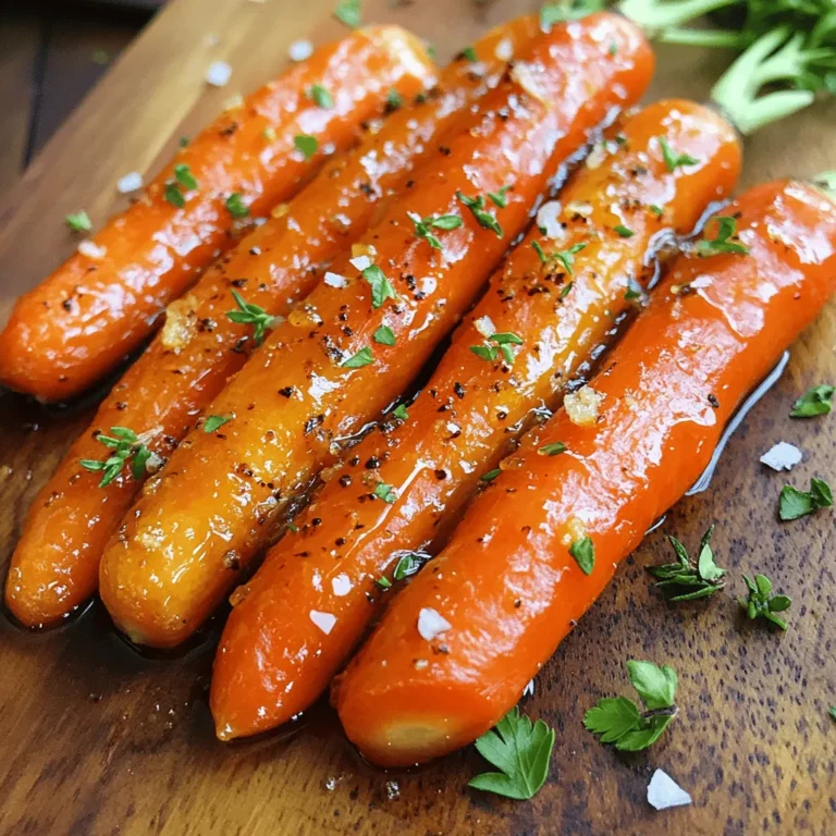 - 1 pound of baby carrots (or 6 medium-sized carrots, peeled and sliced into sticks) - 3 tablespoons of honey - 3 cloves of garlic, finely minced - 2 tablespoons of extra virgin olive oil - 1 teaspoon of fresh thyme leaves (or ½ teaspoon of dried thyme) - Salt and freshly cracked black pepper, to taste - Chopped fresh parsley, for garnish I love using bright baby carrots for this dish. They are sweet and tender. If you can’t find them, medium-sized carrots work just as well. Just peel and cut them into sticks. The honey adds a wonderful sweetness, while the garlic gives a nice savory touch. The olive oil helps everything roast nicely. The thyme adds an earthy flavor, making this dish even better. Don't forget the salt and pepper! They help bring out all the flavors. Finally, a sprinkle of chopped parsley makes it pretty and fresh. You can find the full recipe to make this dish even easier. Enjoy cooking! Set your oven to 400°F (200°C) for optimal roasting. This high heat helps caramelize the carrots, making them sweet and tender. In a medium mixing bowl, combine: - 3 tablespoons of honey - 3 cloves of garlic, finely minced - 2 tablespoons of extra virgin olive oil - 1 teaspoon of fresh thyme leaves (or ½ teaspoon of dried thyme) - Salt and freshly cracked black pepper, to taste Whisk these ingredients together until the mixture is smooth. This glaze will give the carrots a tasty shine. Add 1 pound of baby carrots (or 6 medium-sized carrots, peeled and sliced into sticks) to the bowl with the glaze. Toss the carrots gently but thoroughly. Ensure every piece is well coated in the flavorful glaze. This step is key for even seasoning. Line a baking sheet with parchment paper for easy cleanup. Spread the coated carrots in a single layer, giving them space. Place the baking sheet in the preheated oven. Roast the carrots for 25-30 minutes. Stir them halfway through to promote even caramelization and tenderness. When done, the carrots should be tender and beautifully caramelized, making them a perfect side dish. You can find the full recipe above for more details. You can make these carrots even better. Drizzle with extra honey before you serve. This adds a sweet touch. Garnish with fresh thyme sprigs for color. It makes the dish look fancy and smells great! For serving, choose a rustic wooden bowl. This brings warmth to your table. The natural look of the bowl highlights the carrots’ vibrant color. It makes the dish feel special and inviting. Want to switch it up? Try adding other herbs like rosemary or parsley. Rosemary gives a strong flavor that pairs well with honey. Fresh parsley adds a burst of color and freshness. These simple changes can make the dish your own. {{image_4}} You can switch the baby carrots for parsnips or sweet potatoes. Both add a new flavor. Parsnips have a sweet, nutty taste. Sweet potatoes bring a creamy texture. This change makes your dish unique and fun! If you want a twist, try using maple syrup or brown sugar. Maple syrup gives a rich taste. Brown sugar adds a lovely caramel flavor. These swaps change the sweetness and create a different vibe for your meal. For some heat, add red pepper flakes. Just a pinch goes a long way. This spice balances the sweet honey flavor. It makes your honey garlic roasted carrots exciting and memorable. Store leftover honey garlic roasted carrots in an airtight container. They will stay fresh for up to 3 days. Make sure to let them cool completely before sealing them. To reheat, you can use the oven or microwave. If using the oven, add a splash of water to keep them moist. In the microwave, cover the container with a damp paper towel for best results. Heat until warm. You can freeze the carrots for up to 2 months. To do this, pack them in a freezer-safe bag. When ready to enjoy, thaw the carrots in the fridge overnight before reheating. This helps to keep their texture and flavor. For the *Full Recipe*, check the ingredients and steps to create this tasty side dish! Look for tenderness and caramelization; they should be fork-tender. When you pierce them with a fork, they should slide in easily. This means the carrots are soft and sweet. You want a nice golden color on the outside too. That caramelization adds flavor and looks great on your plate. Yes, but fresh carrots yield better texture and flavor. Frozen carrots may become mushy when cooked. Fresh carrots have a nice crunch and hold their shape. If you use frozen carrots, thaw them first and drain any extra water. This will help them roast better. Maple syrup or agave nectar can be used in place of honey. Both options give a sweet touch. Maple syrup brings a rich flavor, while agave nectar is milder. You can adjust the amount based on your taste. Just keep the same ratio for a great glaze. They pair well with grilled meats, salads, or rice dishes. Try them alongside chicken or steak for a full meal. A fresh salad adds crunch and balance. They also work well on a rice bowl, giving it a sweet, savory kick. You can enjoy these carrots with many different dishes! This blog post covered how to make delicious honey garlic roasted carrots. You learned about the main and extra ingredients, easy step-by-step instructions, and helpful tips. Remember, you can customize your dish with different vegetables or glazes. The possibilities are endless! Enjoy serving these tasty carrots with your favorite meals. They add color and flavor to any plate. Try this recipe, and you'll impress everyone at the table. Cooking can be simple and fun when you have the right guide!