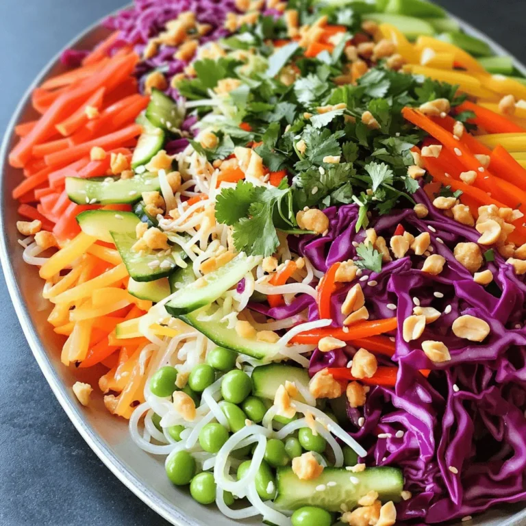- 8 oz rice noodles or your preferred noodle choice - 1 cup red cabbage, finely shredded - 1 cup carrots, julienned into thin strips - 1 cup mixed bell peppers, sliced into thin strips - 1 cup sugar snap peas, trimmed of any strings - 1 cucumber, julienned for added crunch - 1 cup edamame, shelled and ready to eat - ¼ cup fresh cilantro, coarsely chopped - ¼ cup green onions, thinly sliced - ¼ cup peanuts, crushed (optional garnish) - 3 tablespoons soy sauce (or tamari for gluten-free option) - 2 tablespoons sesame oil for a nutty flavor - 1 tablespoon rice vinegar, adding acidity - 1 tablespoon honey (or maple syrup for a vegan alternative) - 1 teaspoon fresh ginger, grated for warmth - 1 clove garlic, finely minced for depth - 1 teaspoon chili paste (adjust based on your heat preference) This rainbow Asian noodle salad bursts with fresh flavors. Each ingredient brings a unique taste. The rice noodles serve as a light base. Fresh veggies add crunch and color. Red cabbage gives a slight sweetness and a pop of purple. Carrots and bell peppers bring more vibrant colors and sweetness. Sugar snap peas add a nice snap. Cucumber offers a refreshing crunch, while edamame adds protein. For garnishes, cilantro and green onions enhance the flavors. Crushed peanuts give a wonderful crunch on top. For the dressing, soy sauce and sesame oil create a rich base. Rice vinegar adds a bright acidity. Honey or maple syrup brings a touch of sweetness. Fresh ginger and garlic deepen the flavor. Chili paste adds heat, but you can adjust it to fit your taste. These ingredients make this salad not only colorful but also full of nutrition. Check out the Full Recipe for more details on how to bring it all together! 1. Start by bringing a large pot of water to a boil. 2. Add 8 oz of rice noodles to the boiling water. 3. Cook the noodles according to the package instructions until they are al dente. 4. Once cooked, drain the noodles in a colander. 5. Rinse the noodles under cold water to stop the cooking process. Set them aside in a large bowl. 1. Take your fresh vegetables: 1 cup of finely shredded red cabbage, 1 cup of julienned carrots, 1 cup of sliced bell peppers, 1 cup of trimmed sugar snap peas, 1 julienned cucumber, 1 cup of shelled edamame, ¼ cup of chopped cilantro, and ¼ cup of sliced green onions. 2. Shred and julienne the vegetables into thin strips for a nice texture. 3. Combine all the prepared vegetables in a spacious mixing bowl. Toss gently to mix them well. 1. In a small bowl, whisk together the dressing ingredients: 3 tablespoons of soy sauce, 2 tablespoons of sesame oil, 1 tablespoon of rice vinegar, 1 tablespoon of honey, 1 teaspoon of grated fresh ginger, 1 finely minced clove of garlic, and 1 teaspoon of chili paste. 2. Make sure all the ingredients blend well and the dressing has a smooth consistency. 1. Add the drained noodles to the bowl with the mixed vegetables. 2. Pour your freshly made dressing over the top. 3. Toss everything together gently until the noodles and vegetables are evenly coated with the dressing. 1. Take a moment to taste the salad. It should burst with flavor. 2. If you like it sweeter, drizzle in more honey. 3. For extra heat, add more chili paste. Mix thoroughly and adjust to your taste. 1. Transfer the colorful salad to a large serving bowl or platter. 2. Garnish with crushed peanuts and extra cilantro for a delightful crunch and pop of color. For the full recipe, follow the instructions above to create this vibrant and delicious dish. Enjoy your Rainbow Asian Noodle Salad! To cook noodles to al dente, bring a large pot of water to a boil. Add your rice noodles and cook them according to the package instructions. Keep an eye on the time. Al dente noodles should be firm yet tender. Once cooked, drain the noodles in a colander. Rinse them under cold running water. This stops the cooking and keeps them from getting sticky. For a beautiful salad, arrange your ingredients in layers. Start with the colorful vegetables at the bottom. Add the noodles on top. This method shows off the rainbow colors. Use vibrant bowls or platters for serving. Bright colors attract the eye and make your dish more appealing. To balance sweetness, heat, and acidity, taste your salad as you go. If it is too sweet, add more soy sauce. For heat, mix in extra chili paste. If your salad lacks acidity, a splash of rice vinegar can help. Adjust these flavors to suit your taste. This way, you create a dish that is truly yours. {{image_4}} You can add protein to your Rainbow Asian Noodle Salad for a hearty boost. Tofu, chicken, and shrimp work great here. - Tofu: Use firm tofu for the best texture. Cube it and pan-fry until golden brown. - Chicken: Grill or sauté chicken breasts, then slice them into strips. - Shrimp: Cook shrimp in a hot skillet until pink and firm. Toss them in just before serving. These additions can make the salad a complete meal. Each protein adds its own taste and texture. If you follow a specific diet, you can still enjoy this salad. There are easy swaps to make it work. - Gluten-Free: Substitute regular noodles with rice noodles or gluten-free noodles. Use tamari instead of soy sauce in the dressing. - Vegan Adjustments: Replace honey with maple syrup. Ensure the noodles and other ingredients are vegan-friendly. These changes keep the salad delicious while meeting your dietary needs. Feel free to swap out veggies in this salad based on what's fresh or in season. - Seasonal Substitutions: Use zucchini, radishes, or snap peas when they are ripe. - Creative Additions: Try adding avocado for creaminess or nuts for crunch. Sliced almonds or cashews can add a nice texture. Mixing vegetables lets you customize flavors and keep the salad exciting every time you make it. For the full recipe, check out the Rainbow Asian Noodle Salad instructions. To keep your Rainbow Asian Noodle Salad fresh, store any leftovers in the fridge. Place the salad in an airtight container. This will help prevent moisture loss and keep the flavors intact. I recommend storing the dressing separately. This way, your veggies stay crisp, and the noodles don't become soggy. You might wonder, can the salad be frozen? It’s not the best option. Freezing can change the texture of the vegetables. If you do want to freeze it, use a freezer-safe container. Make sure to remove as much air as possible. When you're ready to eat, thaw it in the fridge overnight. Then, serve it cold. How long does the salad and dressing last in the fridge? The salad will stay good for about 3 days. The dressing can last about a week. Always check for any signs of spoilage before eating. Enjoy your fresh flavors while they last! The Rainbow Asian Noodle Salad bursts with vibrant flavors. You taste the crunch of fresh veggies like bell peppers and carrots. The soy sauce gives it a savory depth. Sesame oil adds a nutty touch, while rice vinegar brings a tangy twist. Ginger and garlic enhance the overall flavor. Chili paste can add heat if you want it spicy. Together, these flavors create a delicious balance that makes each bite exciting. Yes, you can make this salad ahead of time. Prepare the noodles and chop the veggies a day before. Keep the dressing in a separate container. When you're ready to eat, mix everything together. This way, your salad stays fresh and crunchy. Just be sure to toss well before serving to coat the noodles and veggies evenly. To make the salad spicier, add more chili paste to the dressing. You can also mix in sliced jalapeños or red pepper flakes for extra heat. If you enjoy heat, try adding fresh chopped chili peppers right into the salad. Adjust the spice level to match your taste buds. Just remember, a little heat goes a long way! Yes, there are great gluten-free noodle options. You can use rice noodles, which are light and chewy. Another choice is quinoa noodles, which add a nutty flavor. If you prefer a different texture, try zucchini noodles. They are fresh and low in carbs. Always check the label to ensure they are gluten-free. To turn this salad into a full meal, add protein like grilled chicken, shrimp, or tofu. You could also mix in some cooked edamame for extra protein. Adding nuts like cashews or almonds can give it a nice crunch. Serve it with a side of fresh fruit for a balanced meal. These additions make the salad hearty and satisfying. For the full recipe, check out the details above. This blog post covered how to make a tasty Rainbow Asian Noodle Salad. We discussed key ingredients like rice noodles, fresh veggies, and a zesty dressing. I shared step-by-step instructions for cooking and combining, plus tips for flavor adjustments and presentation. You can customize this dish with proteins or seasonal veggies. Remember to store leftovers properly for freshness. This vibrant salad is not just a side dish; it can be a full meal too. Enjoy making it your own!