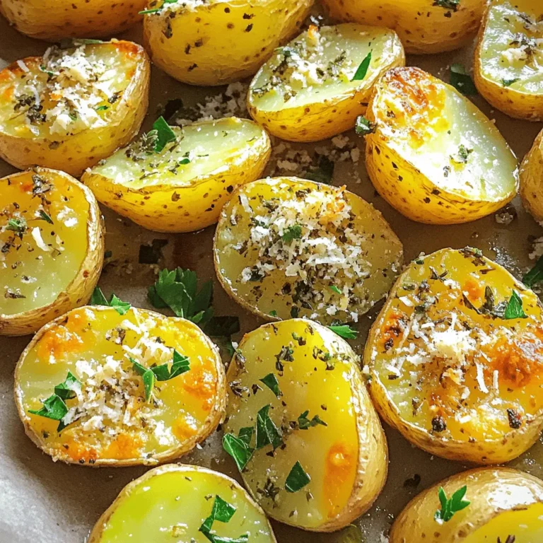 - 2 pounds baby potatoes, halved - 1/4 cup extra virgin olive oil - 1/2 cup finely grated Parmesan cheese - 3 cloves garlic, finely minced - 2 teaspoons dried Italian herbs (a blend of oregano, thyme, and basil) - 1 teaspoon sea salt - 1/2 teaspoon freshly ground black pepper - 2 tablespoons fresh parsley, finely chopped (for garnish) When you measure your ingredients, accuracy is key. Use a kitchen scale for potatoes. A good scale ensures you get the right amount. For liquid ingredients, use a liquid measuring cup. This helps you pour accurately. Grate the Parmesan cheese finely. This will help it melt and coat the potatoes better. You can change some ingredients to suit your taste. If you don’t have baby potatoes, use regular ones. Just cut them into smaller pieces. If you want a different flavor, swap dried herbs for fresh ones. Fresh herbs will add a nice touch. If you want a dairy-free version, try nutritional yeast instead of Parmesan. This gives a cheesy flavor without the dairy. To make Parmesan Herb Roasted Potatoes, start by gathering your ingredients. You need baby potatoes, olive oil, Parmesan cheese, garlic, and herbs. Preheat your oven to 425°F (220°C). This temperature helps the potatoes roast well. 1. Mixing the Potatoes: In a big bowl, add the halved baby potatoes. Pour in the olive oil and mix well. You want each potato to be coated in oil. 2. Adding Flavor: Next, sprinkle in the grated Parmesan, minced garlic, dried herbs, sea salt, and black pepper. Stir until all potatoes are covered in this tasty mix. 3. Ready to Roast: Line a baking sheet with parchment paper. Spread the potatoes in one layer. Make sure they have space between them. This will help them get crispy. 4. Roasting Time: Place the baking sheet in the oven. Roast for 25-30 minutes. Halfway through, give the potatoes a gentle toss. This helps them cook evenly. To ensure even roasting, keep potatoes in a single layer on the sheet. Avoid crowding them. If they touch, they can steam instead of roast. This makes them less crispy. Toss them halfway through cooking for the best results. When they are done, they should be golden brown and soft inside. For a final touch, sprinkle fresh parsley on top before serving. Check out the Full Recipe for more details! To make your Parmesan Herb Roasted Potatoes shine, use fresh herbs when you can. Fresh parsley adds a bright touch. Also, try mixing in fresh rosemary or thyme for a bolder flavor. For a kick, add a pinch of red pepper flakes. Roasting with garlic adds depth. Make sure to use a good quality Parmesan for rich taste. One common mistake is overcrowding the baking sheet. If the potatoes are too close, they steam instead of roast. This leads to soggy potatoes. Another mistake is not tossing the potatoes halfway through cooking. This step ensures even browning and crispiness. Lastly, don't skip the salt. It enhances all the flavors in the dish. These roasted potatoes pair well with many main dishes. Try them with grilled chicken or fish for a balanced meal. They also complement hearty stews or roasted vegetables. For a fun twist, serve with a creamy dip or aioli. Present the potatoes in a rustic bowl, garnished with parsley. This makes for a beautiful, inviting dish. For the full recipe, check out the detailed instructions above. {{image_4}} You can change the taste by trying different herbs. Rosemary or dill works great. You can also use fresh herbs if you have them. Just chop a handful and mix them in. A sprinkle of paprika adds a nice kick too. Feel free to explore flavors you love! Adding other veggies can make this dish even better. Carrots, bell peppers, or zucchini roast well. Cut them into similar sizes to the potatoes for even cooking. You can replace the potatoes with sweet potatoes for a sweeter flavor. They pair well with the Parmesan. If you need a vegan version, skip the cheese. Use nutritional yeast instead for a cheesy taste. For gluten-free needs, this recipe is naturally gluten-free. Just check your other ingredients, like seasonings, to ensure they are gluten-free. Enjoy these potatoes with peace of mind! For the Full Recipe, refer back to the earlier section. Store leftover Parmesan herb roasted potatoes in an airtight container. Keep them in the fridge for up to three days. Make sure they cool down before you seal them. This helps keep them fresh and tasty. To reheat, use the oven for the best results. Preheat your oven to 350°F (175°C). Spread the potatoes on a baking sheet in a single layer. Heat for 10-15 minutes until they are warm and crispy again. You can also use a microwave, but they might not be as crispy. You can freeze these potatoes too, but it’s best to freeze them before cooking. Place the seasoned potatoes on a baking sheet and freeze them until solid. Then, transfer them to a freezer-safe bag. They can last for up to three months in the freezer. When ready to cook, bake them straight from frozen, adding a few extra minutes to the cooking time. For the full recipe, check the details above. You can serve these potatoes with many dishes. They pair well with grilled chicken, fish, or steak. A fresh salad also makes a great side. You can try them with roasted vegetables for a colorful plate. They add flavor and texture to any meal. Yes, you can prepare these potatoes ahead of time. Cut the baby potatoes and coat them in oil and seasonings. Put them in the fridge for up to 24 hours. When ready, just roast them as directed. This saves time and makes meal prep easier. To make the potatoes crispier, start with dry potatoes. Pat them with a towel after washing. Use enough olive oil to coat them well, but don’t drown them. Spread them out on the baking sheet. Avoid overcrowding. Toss them halfway through roasting. These tips help them get that perfect crunch. For more details, check out the full recipe. This post covered how to make delicious Parmesan herb roasted potatoes. First, we explored the key ingredients and their measurements. Then, I shared step-by-step cooking instructions and tips for even roasting. We also looked at flavor enhancement, common mistakes, and serving ideas. Options for variations and dietary needs were also discussed. I provided tips on storing and reheating leftovers. With this guide, you can confidently create tasty potatoes that fit your needs. Happy cooking!