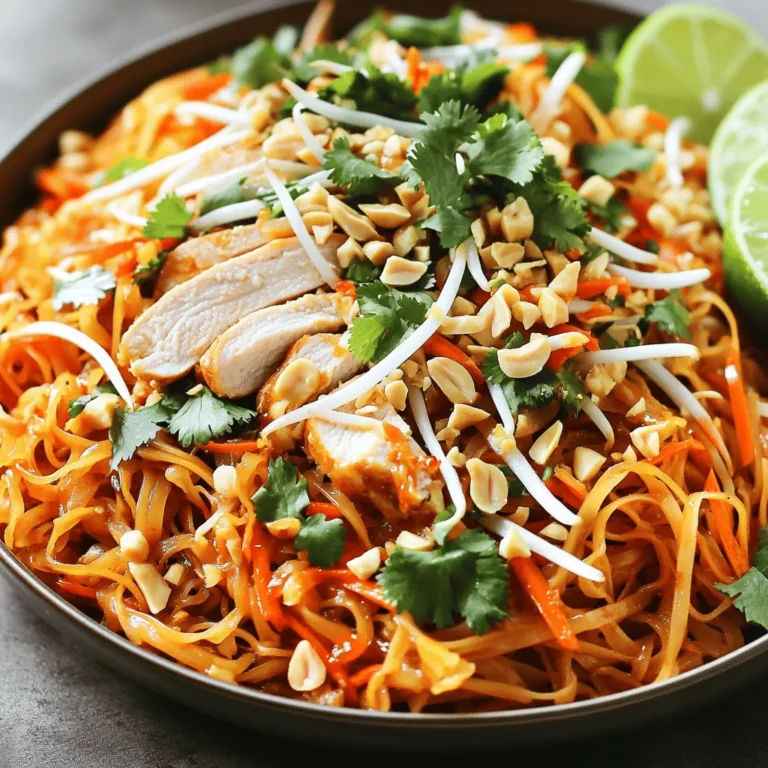 - 8 oz rice noodles - 1 pound chicken breast, thinly sliced - Fish sauce - Tamarind paste - Sriracha - Bean sprouts - Green onions - Fresh cilantro When making Spicy Chicken Pad Thai, the right ingredients make all the difference. I love using fresh rice noodles. They cook quickly and soak up flavors well. The chicken breast adds protein and a nice texture. It’s crucial to slice it thinly. This way, it cooks evenly. Next, the flavor enhancers bring magic to the dish. Fish sauce adds depth. Tamarind paste gives a sweet and sour kick. And, of course, sriracha brings heat. Adjust the sriracha to match your spice level. If you like it hot, add more! For the veggies, I always include bean sprouts. They add crunch and freshness. Green onions give a mild onion taste. And fresh cilantro adds a bright touch. These elements make the dish colorful and lively. You can find the Full Recipe with all the steps to bring this dish to life. Enjoy the process and get ready for a burst of flavor! Start by soaking the rice noodles. Place them in a large bowl filled with hot water. Let them soak for 15-20 minutes. They should become soft and flexible. After soaking, drain the noodles and set them aside. Next, heat vegetable oil in a large skillet or wok over medium-high heat. Add the thinly sliced chicken to the pan. Cook it for about 5-7 minutes. The chicken should turn golden and no longer be pink. Season the chicken with salt and pepper for extra flavor. Now, add minced garlic to the skillet. Sauté it for about 30 seconds until it smells great. Push the chicken to one side of the skillet. Pour in the beaten eggs on the other side. Scramble the eggs until fully set, then mix them with the chicken. Introduce the soaked rice noodles to the skillet. Add fish sauce, tamarind paste, brown sugar, and sriracha. Toss everything together gently with tongs or a spatula. Make sure the noodles are coated well with the sauce. Fold in the bean sprouts, julienned carrots, and chopped green onions. Stir-fry for 2-3 more minutes. This allows everything to heat through and the flavors to blend nicely. Finish by mixing in chopped peanuts and cilantro. Taste the dish and add more salt, pepper, or sriracha if you like. Serve the spicy chicken pad thai hot, garnished with fresh lime wedges on the side. For the complete recipe, refer to the Full Recipe above. To make your Spicy Chicken Pad Thai just right, adjust the sriracha to your taste. Start with the recipe's amount, then add more if you want extra heat. You can also try other spicy sauces like chili paste or sambal oelek. These options can give your dish a different kick. Stir-frying is key for great Pad Thai. Use a large skillet or wok for best results. Make sure your pan is hot before adding the oil. High heat cooks the chicken quickly and keeps it juicy. Stir often to avoid burning and ensure even cooking. For a stunning plate, serve the Pad Thai in wide bowls. This allows for a nice view of all the bright colors. Garnish with lime wedges and chopped peanuts for extra flair. The lime adds a fresh touch. It also lets diners add their own zing to the dish. {{image_4}} You can change the chicken in this dish. Shrimp works well for a seafood twist. Just cook it until it turns pink. Tofu is a great choice for a meat-free option. Use firm tofu and cube it up. Sauté it until golden for a nice texture. Adding more veggies boosts nutrition and flavor. Try bell peppers, zucchini, or snap peas. These add color and crunch. Seasonal veggies can also spice things up. In summer, use fresh corn or cherry tomatoes. In fall, try roasting butternut squash for a sweet touch. If you need gluten-free noodles, rice noodles are your best bet. They soak up flavors well. Egg noodles can add a different taste and texture. Whole wheat noodles offer a healthier twist. They give a nutty flavor and extra fiber. Each option brings its own charm to your spicy chicken pad Thai. For the full recipe, check out the Full Recipe section. To keep your Spicy Chicken Pad Thai fresh, store it in an airtight container. This helps prevent drying out. Place it in the fridge within two hours of cooking. It stays good for about 3 to 4 days. Always check for any strange smells or changes in color before eating. When reheating, use a microwave or a skillet. If you choose the microwave, heat in short bursts. This prevents overcooking. Stir the pad thai between intervals for even heating. If using a skillet, add a splash of water or oil. This keeps the noodles moist and tasty. You can freeze Spicy Chicken Pad Thai for later use. Cool it completely before packing. Use freezer bags or airtight containers. It will last about 2 to 3 months in the freezer. To thaw, place it in the fridge overnight. For quick thawing, use the microwave. Reheat gently to avoid mushy noodles. Serve Spicy Chicken Pad Thai hot. Use large shallow bowls for a great look. Add lime wedges for a fresh taste. You can include extra sriracha for those who want more heat. Peanuts and cilantro on top add crunch and color. This dish pairs well with a light salad or spring rolls on the side. Yes, you can prepare Pad Thai in advance. Cook the chicken and noodles ahead of time. Store them in separate containers. When ready to eat, reheat them gently in a pan. Add a splash of water to keep it moist. Stir in the veggies just before serving for the best taste. You can adjust flavors easily. Add more sriracha for extra spice. If you like it sweeter, put in more brown sugar. For a lighter dish, use less oil. You can swap chicken for shrimp or tofu. Adding more vegetables like bell peppers or broccoli makes it healthier too. You can check the Full Recipe for detailed instructions and a complete ingredient list. In this blog post, we explored how to make Spicy Chicken Pad Thai. We covered essential ingredients, cooking techniques, and tips for perfecting your dish. You learned how to store leftovers and customize your meal to suit your taste. Remember, cooking is all about creativity. Don't hesitate to experiment with flavors and ingredients. Each variation can lead to a new favorite dish. Enjoy your time in the kitchen and savor every bite!