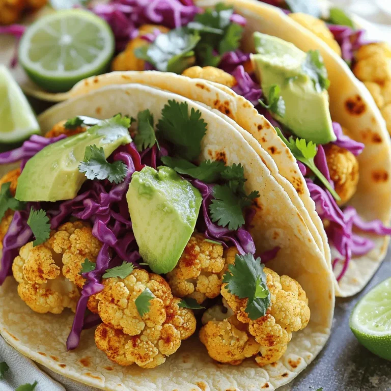 - Cauliflower florets overview Cauliflower florets are the star of these tacos. They are mild, so they soak up flavors well. When roasted, they turn golden and crispy. This adds a great texture to your tacos. - Seasoning details - Smoked paprika: This spice gives a warm, smoky flavor. It adds depth and richness. - Ground cumin: This spice brings a nutty taste. It pairs perfectly with cauliflower. - Garlic powder: This adds a savory touch. It enhances the flavor of the dish. - Chili powder: This adds heat and warmth. Adjust the amount to your taste. - Additional toppings - Red cabbage: This adds crunch and color. It is also full of nutrients. - Avocado: This creamy fruit balances the spices. It adds healthy fats to your meal. - Cilantro: This herb adds freshness. It brightens the flavors of the dish. - Lime wedges: These add a zesty kick. A squeeze of lime enhances all the flavors. These ingredients come together to create a vibrant and tasty dish. For detailed cooking steps, check the Full Recipe. 1. Preheating the oven and preparing the baking sheet Start by preheating your oven to 425°F (220°C). This heat helps the cauliflower get crispy. Line a baking sheet with parchment paper. This step prevents sticking and makes cleanup easy. 2. Coating cauliflower with olive oil and spices In a large bowl, add your cauliflower florets. Drizzle in the olive oil. Then, sprinkle in the smoked paprika, ground cumin, garlic powder, chili powder, salt, and pepper. Mix well until each piece is coated in the spices. 3. Organizing the tortillas for warming While the cauliflower is getting ready, take out your corn tortillas. Stack them on a plate and cover them with a clean towel. This will keep them warm and soft as you cook. 1. Duration and temperature for roasting Place the baking sheet with the cauliflower in the hot oven. Roast for about 25 to 30 minutes. This time allows the cauliflower to become tender and caramelized. 2. Flipping technique for even cooking Halfway through cooking, take out the baking sheet. Use a spatula to flip the cauliflower florets. This step ensures they cook evenly and brown nicely on all sides. 3. Checking for doneness cues: color and texture Look for a lovely golden-brown color on your cauliflower. It should also feel tender when pierced with a fork. These signs mean it’s ready to come out of the oven. 1. Layering the cauliflower on tortillas Take a warm tortilla and place a generous handful of the roasted cauliflower in the center. Allow the flavors to shine through as you pile it on. 2. Adding toppings in the right order Next, add a handful of finely shredded red cabbage for crunch. Then, layer on creamy avocado slices. Finish with a sprinkle of fresh cilantro for added flavor. 3. Tips for serving freshness with lime and options for sauces Serve the tacos right away. Add lime wedges on the side for a zesty kick. If you like, drizzle some vegan sour cream or creamy cashew sauce over the top for extra creaminess. For the full recipe, you can refer to the detailed instructions above. Enjoy your cooking! - Ensuring proper seasoning coverage: Always coat your cauliflower well. This means mixing the florets with olive oil and spices. Use your hands to ensure each piece gets flavor. A good mix makes every bite tasty. - Importance of using fresh ingredients: Fresh is best! Choose a firm head of cauliflower for crunch. Fresh spices give the best flavor. Using ripe avocados and vibrant cabbage adds to your dish's appeal. - Adjusting cook time for varying oven types: Every oven is different. Check your cauliflower around 20 minutes. If you see it browning, that’s good! You can adjust the time based on how your oven cooks. - Creative serving suggestions: Try serving the tacos on a colorful platter. You can stack them high for a fun look. Add lime wedges for a zesty touch. - Additional toppings and sauces to consider: Besides avocado and cabbage, think about adding diced tomatoes or pickled onions. A drizzle of vegan sour cream or cashew sauce can add creaminess. - Colorful presentation tips for tackling plating: Use a variety of colors. Bright green cilantro, deep red cabbage, and creamy avocado create a feast for the eyes. A sprinkle of sesame seeds or a lime wedge can add an extra pop. {{image_4}} Adding chipotle to the recipe gives it a nice smoky flavor. You can mix in a small amount of chipotle powder or use chipotle in adobo sauce. This makes each bite more exciting and adds a warm kick. You can also introduce different spices or herbs. Try adding oregano or coriander for a fresh touch. Experimenting with spices lets you create unique flavor profiles. Each new spice can change how the tacos taste. For those who want more protein, consider using alternative plant-based proteins like lentils or beans. They can boost the nutrition of your meal without losing flavor. You can easily swap the cauliflower for cooked lentils or black beans. This keeps the dish filling and satisfying. You have many options when it comes to tortillas. While corn tortillas are classic, you can use flour or whole wheat tortillas. Each type adds a different texture and flavor to your tacos. Choose what you like best or what you have on hand. Topping alternatives can also change your dish. Try adding sautéed bell peppers or onions for extra crunch. You might also enjoy fresh salsa on top for added zest. These options can enhance the taco experience. If you want a fun twist, transform your tacos into a burrito or bowl format. Just wrap your ingredients in a large tortilla for a burrito. Or, serve everything in a bowl over rice for a filling meal. It’s a great way to enjoy the same flavors in a new way. For the full recipe, check out the Vegan Cauliflower Tacos section. After enjoying your vegan cauliflower tacos, you may have leftovers. Store them well to keep the flavors fresh. Place the leftover tacos in an airtight container. This keeps them from drying out. If you have extra cauliflower, store that separately to maintain texture. For storage containers, use glass or BPA-free plastic. These materials work best for keeping food fresh. Avoid using aluminum foil, as it can affect the flavor. When it's time to reheat, use the oven or skillet. The microwave may make the tortillas chewy. If using a skillet, heat on medium-low and warm for about 2-3 minutes. This way, your tacos stay crisp and tasty. Prepping cauliflower ahead of time saves you effort during busy days. Cut the cauliflower into florets and store them in a container. Keep them in the fridge for up to three days. This makes it easy to roast them on taco night. To assemble tacos for quick lunches, prepare all your toppings in advance. Store the avocado, cabbage, and cilantro in separate containers. When you're ready to eat, just warm the tortillas and add your toppings. If you want to freeze for future meals, roast extra cauliflower and let it cool down. Place the roasted florets in a freezer-safe bag. When you’re ready to enjoy, simply reheat as needed. This way, you have a fast meal option always on hand. For the full recipe, refer to the earlier sections. Enjoy your delicious meal prep and storage tips! Can I use frozen cauliflower for the recipe? Yes, you can use frozen cauliflower. Just thaw it and dry it well. This helps the seasoning stick better. Frozen cauliflower may take a bit longer to roast, so check for tenderness. How do I make gluten-free vegan cauliflower tacos? To make gluten-free tacos, use corn tortillas. They are naturally gluten-free and pair well with the roasted cauliflower. Always check the package to ensure they are certified gluten-free. What are the best sides to serve with these tacos? Great sides include black beans, corn salad, or a simple avocado salad. You can also serve tortilla chips with salsa for a crunchy option. What is the calorie count per serving? Each serving has about 200 calories. This includes the cauliflower, tortillas, and toppings. The exact count may vary based on your toppings. Is this recipe high in protein? While it is not very high in protein, you can boost it. Add beans or tofu for more protein in your meal. How can I adjust this recipe for a lower carb option? To lower carbs, skip the tortillas. Serve the roasted cauliflower in a bowl with salad greens instead. How to achieve the right texture for roasted cauliflower? To get the best texture, cut the cauliflower into even pieces. Roast it at 425°F (220°C) for 25-30 minutes. Flip it halfway for even browning. What can I substitute for olive oil? You can use avocado oil or coconut oil instead. Both options add healthy fats and flavor. Can I grill cauliflower instead of roasting it? Yes, grilling works well too! Just marinate the cauliflower and grill it on medium heat until it gets nice grill marks and is tender. This blog post shared a fun way to make cauliflower tacos. You learned about key ingredients like cauliflower, spices, and toppings. I outlined a simple step-by-step process for preparing, roasting, and assembling the tacos. You also discovered tips for cooking and garnishing, as well as variations and storage info. Now you can enjoy tasty tacos any time. Experiment with flavors and make this recipe your own. These simple tacos fit well into a healthy meal plan. Enjoy your cooking!