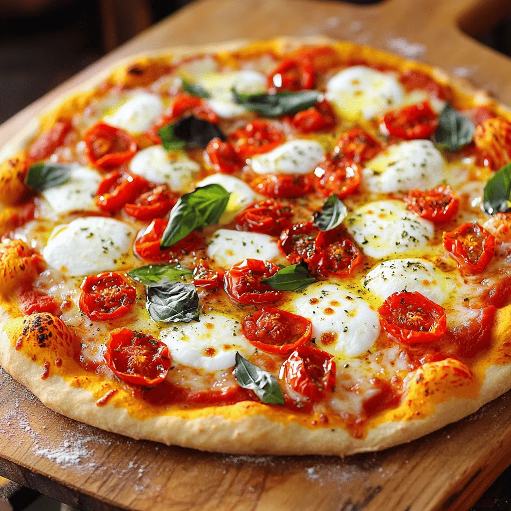 For a Classic Margherita Pizza, the ingredients are key. You need high-quality elements to get the best flavor. - San Marzano tomatoes: These tomatoes are sweet and juicy. They come from Italy and are perfect for pizza sauce. Their rich taste makes the sauce vibrant. - Fresh mozzarella: This cheese is soft and creamy. It melts beautifully and adds that classic pizza flavor. Use mozzarella made from buffalo milk for a richer taste. - Fresh basil: Basil brings a fragrant aroma. It adds a burst of flavor that pairs well with the tomatoes and cheese. Use whole leaves for the best impact. - Extra-virgin olive oil: A drizzle of this oil enhances flavor. It adds richness and a touch of elegance to your pizza. Choosing the right quality and source for these ingredients matters. Look for San Marzano tomatoes in cans. Find fresh mozzarella at local markets or specialty stores. Buy basil that looks vibrant and fresh. This ensures your pizza tastes as good as it can. To prepare your Classic Margherita Pizza, you need a few kitchen tools: - Mixing bowls - Rolling pin - Pizza stone or baking sheet - Pizza peel or flat spatula - Knife for slicing cheese and basil Optional tools can make your pizza-making fun. Consider a dough scraper for easier handling. A food processor can help if you want to make your own sauce. A pizza cutter makes slicing easy and neat. Having the right tools makes the process smooth and enjoyable. It helps you create a pizza that's not just tasty but also visually appealing. To make the dough, start with activating the yeast. Mix warm water, sugar, and active dry yeast in a bowl. Wait about 5 to 10 minutes until it bubbles. This shows the yeast is alive. Next, combine all-purpose flour and salt in a large bowl. Create a well in the center. Pour in the olive oil and the yeast mix. Stir until it forms a dough. Transfer the dough to a floured surface. Knead it for 8 to 10 minutes. You want the dough to be smooth and elastic. If it feels too sticky, add a bit more flour. After kneading, shape the dough into a ball. Place it in a lightly oiled bowl. Cover it with a damp cloth or plastic wrap. Let it rise in a warm spot for 1 to 2 hours until it doubles in size. Once the dough has risen, gently punch it down to remove air. Place it on a floured surface. You can roll it out with a pin or stretch it by hand. Aim for a 12-inch round shape. Now, transfer the dough to a pizza peel or a baking sheet lined with parchment paper. Spread a thin layer of crushed tomato sauce over the base. Leave a ½-inch border for the crust. Next, add the fresh mozzarella slices evenly over the sauce. Make sure to leave some space between the slices. Tear a few basil leaves and sprinkle them on top of the cheese. This adds fresh flavor. Preheat your oven to its highest setting, usually between 475°F and 500°F. If you have a pizza stone, place it in the oven to heat. Carefully slide the assembled pizza onto the hot stone or place the baking sheet in the oven. Bake for about 10 to 12 minutes. Keep an eye on it. The crust should turn golden brown, and the cheese should be bubbling. When done, remove the pizza from the oven. Drizzle a bit of extra-virgin olive oil on top. Add any remaining fresh basil leaves for color. Let it cool for a minute before slicing. Enjoy your homemade classic Margherita pizza! For more details, check the Full Recipe. Making pizza dough can be tricky. Here are some common pitfalls I see often: - Not activating the yeast properly: Make sure your water is warm but not too hot. It should feel like a warm bath. - Kneading too little or too much: You want a smooth and elastic dough, not tough. Knead for about 8-10 minutes. - Skipping the rise: Let the dough rise until it doubles. This gives the crust a nice texture. To prevent a soggy crust, follow these tips: - Don’t overload with sauce: Spread a thin layer of sauce. Too much moisture makes it soggy. - Preheat your oven: Bake at a high temperature, around 475°F to 500°F. This helps create a crispy bottom. - Use a pizza stone: If you have one, it holds heat well and gives a great crust. Want to elevate your Margherita pizza? Here are some tasty ideas: - Add toppings: Try sliced tomatoes, arugula, or prosciutto for extra flavor. - Spice it up: A sprinkle of red pepper flakes or dried oregano can add a nice kick. - Fresh herbs: Mix in thyme or rosemary with your basil for a unique twist. For dietary needs, consider these substitutions: - Gluten-free crust: Use a gluten-free flour blend for those with sensitivities. - Vegan cheese: Swap fresh mozzarella for dairy-free options like cashew cheese. - Low-carb option: Try a cauliflower crust for a lighter version. These tips can help you create a pizza that suits your taste and needs. Check the Full Recipe for more guidance on making the perfect Classic Margherita Pizza. {{image_4}} Margherita pizza is a classic, but you can add unique twists. Each region of Italy has its own take. In Naples, they use San Marzano tomatoes and buffalo mozzarella. In Rome, the crust is thinner and crispier. You can also play with seasonal ingredients. In summer, use fresh heirloom tomatoes for a burst of flavor. In fall, try roasted pumpkin slices for a sweet touch. These variations keep the pizza fresh and exciting while honoring the classic roots. If you're looking for healthier pizza, try a cauliflower crust. This option is low in carbs and gluten-free. Whole grain crusts are another great choice. They add fiber and nutrients. For cheese lovers, consider dairy-free alternatives. There are many good vegan cheeses made from nuts or soy. They melt well and taste great. These options make Margherita pizza fit many diets while still being delicious. You can enjoy gourmet flavors without the guilt. Let your pizza cool at room temperature for about 30 minutes. This helps keep the crust crispy. Once cooled, slice the pizza. Place the slices in an airtight container. If you want to store it for longer, wrap each slice in plastic wrap. This keeps it fresh and prevents freezer burn. For the best taste, refrigerate your pizza for up to three days. To freeze, put the wrapped slices in a freezer bag. Frozen pizza can last up to three months. To reheat your pizza, the oven is your best friend. Preheat your oven to 375°F. Place the slices on a baking sheet. Bake for about 10 minutes. This keeps the crust nice and crispy. If you use a microwave, place a slice on a plate. Put a cup of water in the microwave with it. Heat for about 30-60 seconds. The water helps keep the crust from turning chewy. While the microwave is quicker, the oven gives the best texture. Choose whichever method fits your time and preference! I recommend using all-purpose flour for most recipes. It has a good balance of protein. Bread flour has more protein, which can give you a chewier crust. If you want a classic Margherita pizza, all-purpose flour works well. It creates a soft and tender dough. You can also mix both flours for a unique texture. Experiment to find your favorite! Yes, you can use store-bought dough. It is a great time-saver. Store-bought dough is easy to work with and convenient. However, it may lack the freshness and flavor of homemade dough. If you're short on time, it's a good option. Just follow the package instructions for best results. For the full recipe, consider trying the homemade version when you can. To get a crispy crust, preheat your oven as hot as it can go. A pizza stone helps too. Place the stone in the oven to heat up before baking your pizza. Use a thin layer of sauce, so the crust stays dry. Avoid too many toppings, as they add moisture. Baking the pizza for a short time at high heat gives the best results. Look for pizzerias that specialize in Neapolitan-style pizza. These places often use quality ingredients like San Marzano tomatoes and fresh mozzarella. Some popular spots include local Italian restaurants and food trucks. You can also check reviews online to find the best options in your area. Enjoy exploring different styles of Margherita pizza! Creating a classic Margherita pizza involves quality ingredients like San Marzano tomatoes, fresh mozzarella, and basil. I emphasized the right tools and the step-by-step process for perfect dough and baking. You learned common mistakes to avoid and discovered exciting variations for health-conscious eaters. Remember, good pizza is about balance. Focus on quality and enjoy the journey of making your own pizza. With practice, you'll impress family and friends with your skills. Now, it's time to get cooking and savor your delicious creation!
