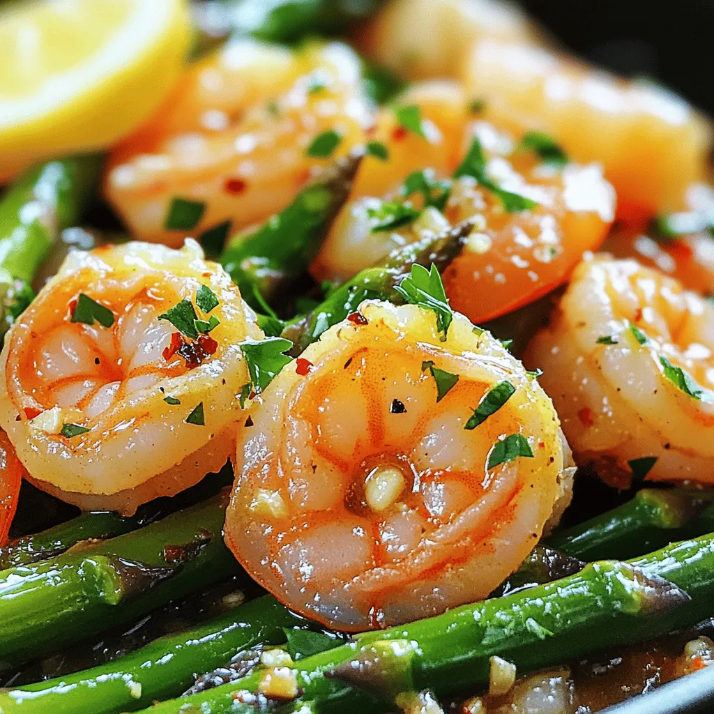 To make garlic butter shrimp and asparagus, you will need: - 1 pound large shrimp, peeled and deveined - 1 bunch asparagus, trimmed and cut into 2-inch pieces - 4 tablespoons unsalted butter, divided - 4 cloves garlic, minced - 1 teaspoon lemon zest, freshly grated - 2 tablespoons fresh lemon juice - 1/2 teaspoon red pepper flakes (optional, for heat) - Salt and freshly cracked black pepper, to taste - Fresh parsley, finely chopped, for garnish If you do not have shrimp, you can swap in chicken or scallops. For the asparagus, snap peas or green beans work well. Use olive oil instead of butter for a lighter dish. Fresh herbs, like cilantro or basil, can also add a nice touch. You can replace the unsalted butter with ghee or coconut oil. If you want a vegan option, try plant-based butter. For lemon zest, lime zest is a good alternative. Use garlic powder if you don’t have fresh garlic. To make garlic butter shrimp and asparagus, start with the shrimp. - Pat 1 pound of large shrimp dry with a paper towel. - Season the shrimp with salt and black pepper on both sides. Next, prepare the asparagus. - Trim the bunch of asparagus and cut it into 2-inch pieces. Gather your garlic and lemon. - Mince 4 cloves of garlic. - Grate 1 teaspoon of lemon zest and get 2 tablespoons of lemon juice. Now, it’s time to cook. - In a large skillet, melt 2 tablespoons of unsalted butter over medium-high heat. - Once it bubbles, add the minced garlic and optional red pepper flakes. - Stir for about 30 seconds until you smell the garlic. Don’t let it brown! Next, add the shrimp. - Place the shrimp in a single layer in the skillet. - Cook for 2-3 minutes until they turn pink on one side. - Flip them over and cook for another 1-2 minutes until opaque. - Remove the shrimp and set them aside on a plate. In the same skillet, cook the asparagus. - Add the remaining 2 tablespoons of butter. - Toss in the asparagus and sauté for about 4-5 minutes. - Stir occasionally until the asparagus is tender but still bright green. Now it's time to combine everything. - Return the shrimp to the skillet with the asparagus. - Sprinkle in the lemon zest and pour the lemon juice over. - Gently toss everything together to coat with the butter sauce. - Cook for another minute to blend the flavors. Taste the dish and adjust the seasoning if needed. - Add more salt and pepper as you like. Finally, serve it up! - Transfer the shrimp and asparagus to a serving dish or keep it in the skillet. - Garnish with freshly chopped parsley before serving. For the full recipe, you can find all the details above. Enjoy your meal! To make this garlic butter shrimp and asparagus shine, follow these tips: - Use large, fresh shrimp for a better texture. - Dry the shrimp well before cooking. This helps them sear nicely. - Don’t overcook the shrimp; they should be pink and opaque. - Keep the asparagus crisp by not cooking it too long. - Taste as you go; adjust the seasoning for best results. Many cooks face these common pitfalls: - Overcooking shrimp makes them tough. Watch them closely! - Forgetting to season the shrimp can lead to blandness. - Not using enough butter can result in a dry dish. - Skipping the lemon juice or zest takes away freshness. - Cooking shrimp and asparagus in the same skillet too long can lead to mushy veggies. Want to boost the taste? Try these ideas: - Add fresh herbs like thyme or basil for extra aroma. - Squeeze in more lemon juice for a zesty kick. - Toss in a splash of white wine while cooking for depth. - Include a dash of soy sauce for a savory twist. - Serve with grated Parmesan for a rich finish. For the complete dish, check out the Full Recipe. {{image_4}} You can switch out shrimp for other proteins. Chicken works well in this dish. Cut it into small pieces and cook it the same way. Salmon is another tasty choice. Just be sure to adjust the cooking time based on the protein. Tofu is great for a plant-based option. Press it to remove extra water, then cook until golden. Asparagus shines in this recipe, but other veggies can add fun. Try using broccoli, snap peas, or bell peppers. In summer, zucchini or cherry tomatoes are wonderful choices. In fall, add butternut squash or brussels sprouts for a hearty twist. Each veggie brings its unique flavor and texture. You can adjust the flavors to suit your taste. Add fresh herbs like thyme or basil for a fragrant touch. If you enjoy spice, increase the red pepper flakes. For a zestier kick, add lime juice instead of lemon. A splash of soy sauce can give it an Asian flair. These tweaks can make your dish truly your own. For the full recipe, check out Garlic Butter Shrimp & Asparagus Delight. To store leftovers, first, let the dish cool down. Place the garlic butter shrimp and asparagus in an airtight container. Make sure to keep it in the fridge. It can stay fresh for up to three days. To reheat, you can use a skillet or microwave. If using a skillet, add a bit of butter over medium heat. Cook for about five minutes or until warm. For the microwave, heat in short bursts, stirring in between. This way, the shrimp will not overcook. You can freeze garlic butter shrimp and asparagus, but it's best to do it before cooking. Place the raw shrimp and asparagus in a freezer bag. Press out the air and seal it tightly. It will stay good for up to three months. When ready to use, thaw it in the fridge overnight before cooking. For the best flavor, use it fresh. For the full recipe, check out the details provided above. Cooking garlic butter shrimp takes about 10 minutes. First, you need to prep the shrimp and asparagus, which takes about 10 minutes. Then, cook everything together for about 5-7 minutes in the skillet. You want the shrimp to turn pink and opaque. The asparagus should stay bright green and crisp. Yes, you can use frozen shrimp. Just make sure to thaw them first. Place them in a bowl of cold water for about 15-20 minutes. Once they are thawed, pat them dry before using. This helps get the right texture and flavor in the dish. Garlic butter shrimp and asparagus go well with several sides. Here are some ideas: - Fluffy rice to soak up the buttery sauce - Crusty bread for dipping and savoring - A fresh green salad for a light touch - Quinoa for a healthy grain option These sides will make your meal even more delicious and filling. You can find the full recipe in the article to get started! This blog post covers everything you need for garlic butter shrimp. We explored the ingredients, cooking steps, and storage tips. I shared ways to perfect the dish and avoid common mistakes. You can also try different proteins and vegetables for fun flavors. Remember, the key is to enjoy the cooking process and share the meal. With these tips, you can impress anyone. Now, go ahead and create a delicious dish!