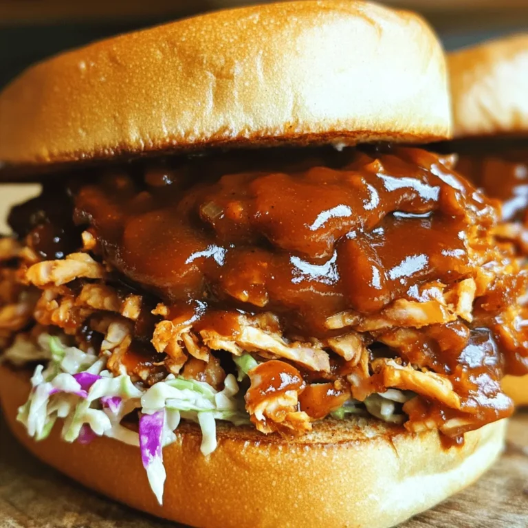 - 2 cans young green jackfruit - 1 tablespoon olive oil - 1 medium onion, finely chopped - 1 teaspoon smoked paprika - 1 teaspoon ground cumin - 1 teaspoon chili powder - 1/2 teaspoon black pepper - 1/2 teaspoon cayenne pepper (adjust to taste) - 4 sturdy sandwich rolls - Coleslaw (optional, for topping) When making BBQ pulled pork sandwiches, the ingredients are key. Young green jackfruit is the star. It has a texture similar to pulled pork and absorbs flavors well. Use two cans for four servings, and don’t forget to rinse and drain them! For the base flavor, olive oil and onion work wonders. The oil helps to sauté the onion, which adds sweetness and depth. A finely chopped onion is best for even cooking and flavor distribution. Spices bring the dish to life. Smoked paprika adds a lovely smokiness, and ground cumin gives it warmth. Chili powder adds a kick, while black and cayenne pepper let you control the heat. For the sandwich, sturdy rolls hold up best. Choose your favorite type. Optional coleslaw adds crunch and creaminess. It’s a nice touch that balances the rich BBQ flavor. For the full recipe, follow the steps to create your BBQ pulled pork sandwiches that are simple and tasty! To start, you need to shred the jackfruit. Grab two cans of young green jackfruit, and drain them well. Rinse the jackfruit under cool water. With clean hands or two forks, pull apart the jackfruit into thin strands. Aim for a texture that mimics pulled pork. Set the shredded jackfruit aside for later use. Now, let’s sauté the onions and garlic. Heat one tablespoon of olive oil in a large skillet over medium heat. Add one finely chopped medium onion. Stir occasionally until the onion turns soft and translucent, about five minutes. Next, add minced garlic. Use four cloves for a nice kick. Sauté for another minute. You want the garlic fragrant, not browned. It’s time to bring it all together! Add the shredded jackfruit to the skillet. Mix well to coat the jackfruit with the onion and garlic. Now, it’s spice time! Incorporate one teaspoon of smoked paprika, one teaspoon of ground cumin, and one teaspoon of chili powder. Add half a teaspoon of black pepper and half a teaspoon of cayenne pepper. Stir everything together for a minute to let the flavors meld. Next, pour in one cup of BBQ sauce. You can use store-bought or homemade, depending on your preference. Mix until all the jackfruit strands are covered in sauce. Lower the heat and cover the skillet. Let it simmer for 20 to 25 minutes. Stir occasionally, adding a splash of water if it looks dry. Taste and season with salt as needed. Now, while the jackfruit simmers, you can toast the sandwich rolls. Preheat your oven or a skillet. Lightly toast the rolls until golden brown. This step adds a nice crunch. Once the jackfruit is ready, it’s time to assemble your sandwiches. Grab a toasted roll, spoon a good amount of BBQ jackfruit onto the bottom half. If you want, add some coleslaw for extra crunch. Top with the other half of the roll, and enjoy your smoky sweet BBQ pulled jackfruit sandwich! For the full recipe details, check [Full Recipe]. To get the best taste, adjust the spices to fit your likes. Start with the base spices: smoked paprika, ground cumin, and chili powder. These give the jackfruit a deep, rich flavor. If you like it spicy, add more cayenne pepper. Remember, you can always add more spice, but you can’t take it away! Toasting the rolls makes a big difference. Use a skillet or an oven. If using a skillet, heat it over medium heat. Place the rolls cut-side down and toast until golden brown. If you choose the oven, set it to 375°F (190°C). Bake the rolls for about 5-7 minutes. This adds a nice crunch that pairs well with the soft jackfruit. When serving BBQ pulled pork sandwiches, make it fun! Use a wooden board for a rustic look. Place the sandwiches on it and add a small bowl of BBQ sauce for dipping. You can also add extra coleslaw on the side for a pop of color and crunch. This makes your meal look inviting and delicious. For the full recipe, check out the recipe section! {{image_4}} Using a slow cooker makes this dish simple and hands-off. Start by shredding the jackfruit as before. Place it in the slow cooker with olive oil, chopped onion, and minced garlic. Stir in the spices: smoked paprika, ground cumin, chili powder, and black pepper. Pour in your BBQ sauce. Cover and cook on low for 6 to 8 hours. The jackfruit will absorb all the flavors and become tender. You’ll love how easy this method is! Different areas have their own special takes on BBQ pulled pork. In the South, you might try adding vinegar-based sauces for a tangy twist. In Texas, a smoky chipotle sauce can add a kick. Up North, you might find a sweeter sauce with apple cider. Feel free to explore these local flavors. Your sandwiches will reflect your own region's tastes! If you want to switch things up, there are other great options. You can use mushrooms or lentils. Both provide a hearty texture. For a lighter option, consider using shredded zucchini or eggplant. They soak up flavors well too. Just remember to adjust your spices to match. Enjoy the creativity in your kitchen! To keep your leftover sandwiches tasty, store them in an airtight container. Make sure to separate the jackfruit mixture from the rolls. This helps prevent sogginess. Leftover jackfruit can last in the fridge for about three to four days. If you plan to eat them soon, add some extra BBQ sauce to keep them moist. If you want to save the jackfruit mixture for later, freezing works well. First, let the jackfruit cool completely. Then, place it in a freezer-safe container or bag. Make sure to remove any air. This helps avoid freezer burn. The mixture can stay fresh for about three months. Just remember to label the container with the date. When you’re ready to enjoy your pulled pork sandwiches, reheating is key. For the best results, use the stovetop. Place the jackfruit in a skillet over low heat. Add a splash of water or BBQ sauce to keep it moist. Stir until heated through. If you prefer the oven, preheat it to 350°F (175°C). Cover the jackfruit in a baking dish with foil. Heat for about 15 minutes. Enjoy your delicious BBQ pulled pork sandwiches! Yes, you can make BBQ pulled pork sandwiches ahead of time. This dish is perfect for meal prep. I suggest cooking the jackfruit and storing it in the fridge. It stays fresh for about 3 to 5 days. When you're ready to eat, just reheat it on the stove. You can also toast the rolls just before serving. This way, the sandwiches taste fresh and warm. The best BBQ sauce is one that fits your taste. If you like sweet, try a honey BBQ sauce. If you prefer spicy, go for a chipotle sauce. There are many great store-bought options, like Sweet Baby Ray's or Stubb's. You can also make your own. A mix of ketchup, vinegar, and spices creates a great flavor. To make jackfruit taste like pulled pork, focus on flavor. Start by shredding the jackfruit into thin strands. Cook it with onions, garlic, and spices like smoked paprika and cumin. These add depth to the dish. The BBQ sauce is key too. It coats the jackfruit and infuses it with rich flavor. Let it simmer for a while to soak up all those tasty notes. This article covered how to make BBQ pulled jackfruit sandwiches. You learned about the main ingredients, spices, and how to prepare each component. I shared step-by-step instructions to help you shred, sauté, and combine ingredients. You also received tips for perfecting flavor, toasting rolls, and creative presentations. Lastly, we explored variations, storage info, and frequently asked questions. Enjoy cooking this tasty dish that’s both fun and simple to make!