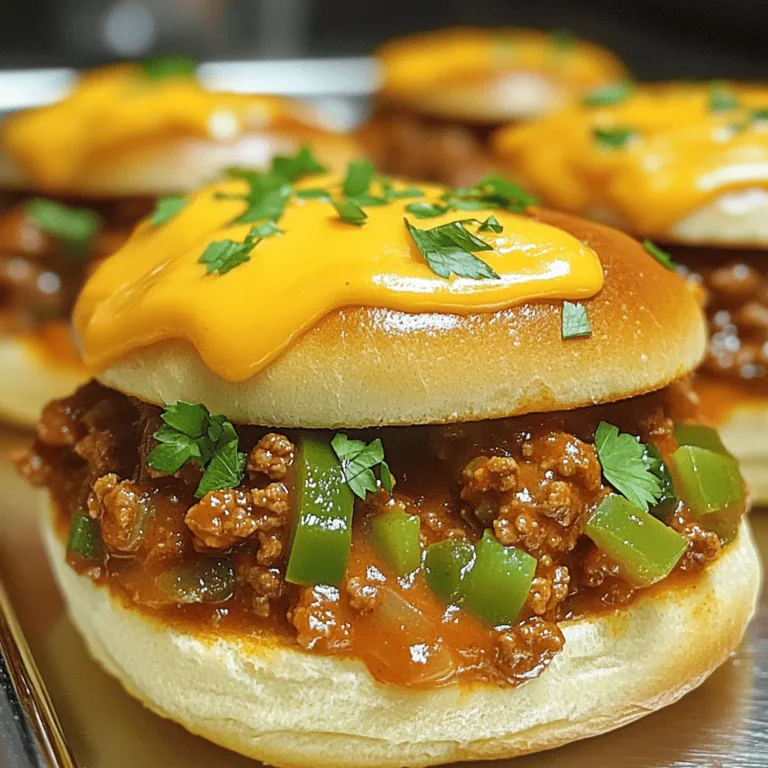 To make Classic Sloppy Joes, you need some simple, fresh ingredients. Here’s what you will need: - 1 lb ground beef (or turkey) - 1 small onion, finely chopped - 1/2 green bell pepper, finely chopped - 2 cloves garlic, minced - 1 cup tomato sauce - 2 tablespoons ketchup - 1 tablespoon brown sugar - 1 tablespoon Worcestershire sauce - 1 teaspoon mustard - Salt and pepper to taste - 4 hamburger buns - 1 cup shredded cheddar cheese (optional) - Fresh parsley for garnish These ingredients come together to create a rich and tasty filling. The ground beef or turkey serves as a hearty base. The onion and bell pepper add a nice crunch and sweetness. Garlic gives it a punch of flavor. You can also adjust the recipe. If you want a lighter dish, use turkey. For a cheesy twist, add cheddar on top. Fresh parsley adds color and a hint of freshness. This Classic Sloppy Joes recipe is quick and easy. You can find the full recipe [Full Recipe]. Enjoy cooking! First, heat a large skillet over medium heat. This step is key to getting a nice sear. Once the skillet is hot, add 1 lb ground beef or turkey. Use a wooden spoon to break the meat apart as it cooks. This helps it brown evenly. Cook until the meat is browned throughout. Be sure to drain any excess fat from the pan. This keeps your Sloppy Joes from being greasy. Next, add 1 small finely chopped onion, 1/2 green bell pepper, and 2 cloves minced garlic to the skillet. Stir the mixture well. Cook for about 5 minutes or until the veggies soften and smell great. They add a nice flavor to your dish. Now it’s time to make the sauce. Stir in 1 cup tomato sauce, 2 tablespoons ketchup, 1 tablespoon brown sugar, 1 tablespoon Worcestershire sauce, and 1 teaspoon mustard. Mix everything well until the sauce blends with the meat and veggies. Bring the mixture to a gentle simmer. This step helps all the flavors meld together. Lower the heat to maintain a gentle simmer. Let the mixture cook for about 10 minutes, stirring occasionally. If it gets too thick, add a splash of water. This keeps it from becoming dry. Stirring helps prevent sticking and keeps the mixture smooth. Taste the mixture and season it with salt and pepper to your liking. This is your chance to adjust the flavors. While the sloppy joe filling simmers, toast 4 hamburger buns. You can use a hot skillet or toaster. Toast them until they are golden brown and slightly crisp. This adds a nice crunch to your meal. To serve, take a toasted bun and spoon the savory filling onto it. For a cheesy twist, add 1 cup shredded cheddar cheese on top. Finish with a sprinkle of chopped parsley for a pop of color and flavor. This makes your Sloppy Joes look and taste amazing. Enjoy this delightful dish with your family! For the full recipe, check the recipe section above. To enhance flavor, try adjusting the ketchup or brown sugar. If you like it sweeter, add more brown sugar. For a tangy kick, a splash of vinegar works wonders. The sauce should be rich but not too thick. If it gets too thick, add a little water or extra tomato sauce. This keeps it juicy and fun to eat. You can cook Sloppy Joes on the stovetop or in a slow cooker. The stovetop is quick and easy. Sauté the meat and veggies, then let it simmer. In a slow cooker, mix everything and let it cook for hours. This method deepens the flavor. You can also swap the meat. Ground turkey or chicken are great lighter options. For a twist, try lentils for a vegetarian dish. Sloppy Joes pair well with crispy fries or a fresh coleslaw. The crunch of the coleslaw balances the softness of the sandwich. For drinks, a cold soda or iced tea is perfect. You can also enjoy them with a light beer if you prefer. These pairings make your meal fun and complete. {{image_4}} You can spice up your Sloppy Joes with fun twists. For a veggie option, try lentils or black beans instead of meat. They give a hearty texture and soak up the sauce well. Another twist is BBQ Sloppy Joes. Just add your favorite BBQ sauce to the meat mixture for a sweet and tangy flavor. Toppings can make your Sloppy Joes even more amazing. You might want to add different types of cheese. Try provolone or pepper jack for a kick. You can also mix in various sauces. A drizzle of ranch or hot sauce adds a nice touch. Different places have their own takes on Sloppy Joes. In Mexico, they use spices and jalapeños for a spicy version. In the Philippines, they might add sweet sauce and serve it with rice. Exploring these options shows how versatile this dish can be. To keep your Sloppy Joes fresh, store them in an airtight container. Place the cooled mixture in the fridge. Make sure to separate any extra buns to avoid sogginess. You can keep the leftovers for up to three days. If you want to keep them longer, freezing is a great option. When you reheat Sloppy Joes, the stovetop is best. Place the mixture in a skillet over low heat. Stir often to keep it juicy. If using the microwave, cover it with a damp paper towel to keep moisture in. For buns, you can toast them lightly on a skillet or wrap them in foil and warm them in the oven. This way, they stay soft and tasty. To freeze the Sloppy Joe mixture, let it cool first. Then, transfer it to a freezer-safe bag. Remove as much air as possible before sealing. This helps prevent freezer burn. You can freeze it for up to three months. When ready to eat, thaw it in the fridge overnight. Reheat on the stove until hot. Enjoy your Sloppy Joes just like the first time! Making Classic Sloppy Joes is quick and easy. You need about 10 minutes for prep. Cooking takes another 15 minutes. In total, you can have dinner ready in just 25 minutes. Yes, you can use ground turkey as a lighter choice. Turkey has fewer calories and less fat than beef. The flavor will be milder, so you might want to adjust your spices. It’s a great way to make a healthier Sloppy Joe. Sloppy Joes pair well with many sides. Here are some tasty options: - French fries - Coleslaw - Potato chips - Corn on the cob - Salad These sides add nice crunch and freshness to your meal. You can definitely make Sloppy Joes ahead of time. Just cook the meat and sauce, then store it in the fridge. It will last for three days. When you’re ready to eat, heat it up and serve on toasted buns. This makes meal prep easy and saves time. For longer storage, you can freeze the mixture. Just thaw and reheat when ready. You’ll still enjoy great flavor! In this blog post, we covered how to make Classic Sloppy Joes. We explored the ingredients, cooking steps, and tips for flavoring. I also shared variations and storage methods. Sloppy Joes are simple to make, versatile, and fun to eat. Don't hesitate to explore your options by trying new ingredients or toppings. Enjoy your meal and share it with friends for a delicious time!