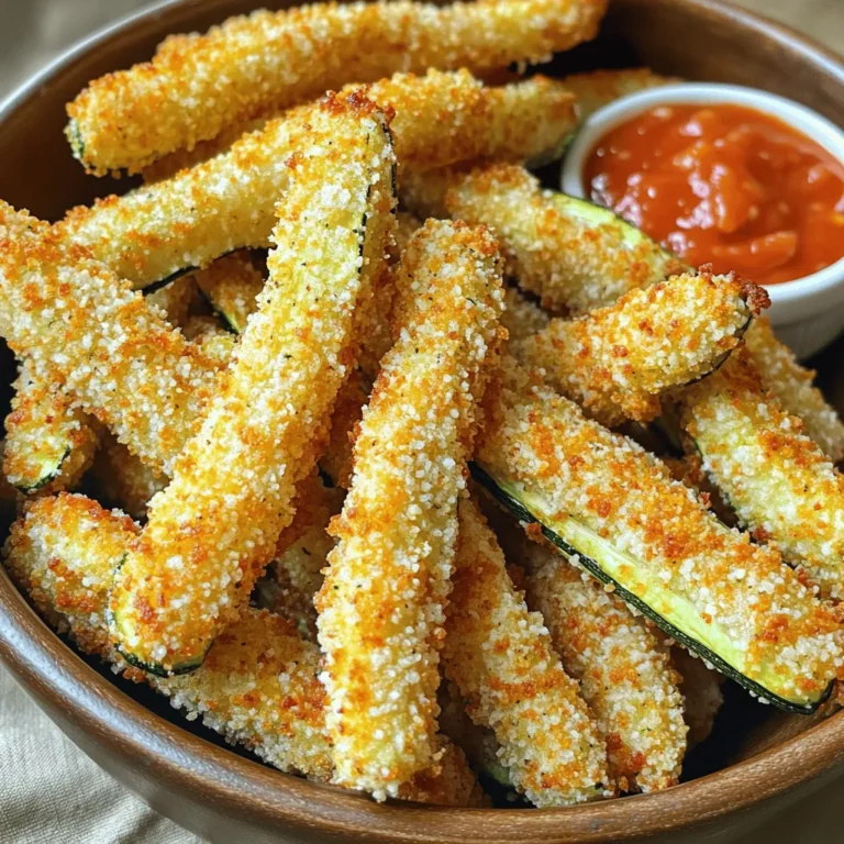 To make these Air Fryer Parmesan Zucchini Fries, you need just a few simple items. Gather these ingredients: - 2 medium zucchinis, sliced into thin fries - 1 cup breadcrumbs (recommended: panko) - 1/2 cup grated Parmesan cheese - 1 teaspoon garlic powder - 1 teaspoon Italian seasoning - 1/2 teaspoon salt - 1/4 teaspoon black pepper - 2 large eggs, beaten - Olive oil spray Each ingredient plays a key role. The zucchinis provide a fresh base. Panko breadcrumbs add great crunch. Parmesan cheese gives a rich, cheesy flavor. Garlic powder and Italian seasoning make your fries tasty. Salt and pepper enhance all the flavors. Eggs act as glue for the coating. The olive oil spray keeps everything crisp. When selecting zucchinis, choose firm ones with smooth skin. They should feel heavy for their size. This tells you they are fresh. The breadcrumbs should be light and airy, perfect for frying. If you're feeling adventurous, try different herbs or cheeses! For the full recipe, check out this [Full Recipe]. 1. Preheat your air fryer to 400°F (200°C). This step is key for a crispy finish. 2. Wash and dry the zucchinis. Clean veggies are a must for great taste. 3. Cut the zucchinis into 1/4 inch thick fries. Make sure they are even for uniform cooking. 1. In a medium bowl, combine breadcrumbs, Parmesan cheese, garlic powder, Italian seasoning, salt, and black pepper. This mix gives the fries a tasty crust. 2. In a separate bowl, beat the eggs until smooth. This egg wash will help the coating stick well. 1. Dip each zucchini fry in the beaten eggs. Let any extra egg drip back into the bowl. 2. Roll the zucchini in the breadcrumb mixture. Press gently to coat all sides evenly. This ensures every bite is full of flavor. 1. Lightly spray the air fryer basket with olive oil. This helps prevent sticking. 2. Arrange the coated zucchini fries in a single layer in the basket. Avoid crowding to keep them crispy. 3. Mist the tops of the fries with olive oil spray. This adds a lovely golden color. 4. Cook for 10-12 minutes, flipping halfway. This makes sure each side cooks evenly. Once you follow these steps, you will have crispy and tasty Air Fryer Parmesan Zucchini Fries. For the complete recipe, refer to the section above. Enjoy! To keep your zucchini fries crispy, avoid overcrowding the air fryer basket. When fries sit too close, they steam instead of crisp. It’s best to cook in batches if needed. Also, mist the tops of fries lightly with olive oil. This simple step helps them brown nicely. Want to spice things up? Consider adding cayenne pepper for heat. A little goes a long way! You can also play around with different herbs or seasonings. Try adding smoked paprika or fresh thyme for a unique twist. Each option can add depth to the flavor. Pair your zucchini fries with great dipping sauces. I love zesty marinara or creamy ranch. They add a fun taste contrast. For serving, arrange the fries in a single layer on a platter. Garnish with fresh herbs or a sprinkle of more Parmesan cheese for a lovely touch. Add a small bowl of sauce in the center for a delightful display. For the complete recipe, check out the Full Recipe section. {{image_4}} You can switch up the coating for your zucchini fries. Using gluten-free breadcrumbs works great if you need a gluten-free option. They still get nice and crispy. You can also try different cheeses like mozzarella or cheddar. Each cheese brings a unique flavor that can enhance your fries. Don't stop at zucchini! You can add other veggies like eggplant or carrots. Cut them into fries, just like the zucchini. This makes your dish colorful and fun. You might also mix in spices like paprika or cumin. These spices bring extra warmth and flavor to your fries. You can cook zucchini fries in different ways. The air fryer gives you crispy results in less time. Baking in the oven is another option. It takes longer but still tastes great. Stovetop frying is also a choice. You’ll need more oil, but the flavor is rich and satisfying. Each method has its perks, so feel free to experiment! To store Air Fryer Parmesan Zucchini Fries in the fridge, let them cool first. Place the fries in an airtight container. This keeps them fresh for up to three days. I recommend using glass containers, as they seal well and prevent moisture. If you want to save your fries for longer, freeze them. Lay the cooked fries on a baking sheet in a single layer. Freeze for about an hour. Once frozen, transfer them to a freezer bag. This method stops them from sticking together. They can last in the freezer for about two months. To reheat, place the frozen fries in the air fryer. Set it to 400°F (200°C) and cook for about 8-10 minutes. This will help keep them crispy. You can also reheat them in an oven for a similar effect. Air Fryer Parmesan Zucchini Fries stay fresh in the fridge for about 3 to 4 days. To store, place them in an airtight container. For longer storage, freeze them. They can last up to 2 months in the freezer. To freeze, lay them flat on a baking sheet first, then transfer them to a freezer bag. This helps keep them from sticking together. Yes, you can prepare these fries ahead of time. Slice the zucchinis and coat them in the breadcrumb mixture. Keep them in the fridge for up to 24 hours. When you're ready, air fry them directly from the fridge. If you freeze them, let them thaw in the fridge overnight before cooking. This helps them cook evenly and stay crispy. These zucchini fries taste great with many dishes. Serve them with a tangy marinara sauce or creamy ranch dressing for dipping. They also pair well with grilled chicken or fish. For a fun twist, try serving them alongside a fresh salad or as a side to tacos. Their crunch adds a nice texture contrast to softer dishes. Absolutely! You can use yellow squash instead of green zucchini. They have a similar taste and texture. If you have gifted zucchinis from friends or family, feel free to use those too. Just make sure they are firm and fresh for the best results. This recipe is very flexible and lets you enjoy various types of squash. In this post, I shared a simple recipe for Air Fryer Parmesan Zucchini Fries. You learned the ingredients, step-by-step instructions, and useful tips for crispiness. Experiment with flavors or make different versions to keep it fresh. Remember to store leftovers properly for later enjoyment. This dish is easy to make and pairs well with various dips. Enjoy your healthy snack, and have fun trying out new ideas!