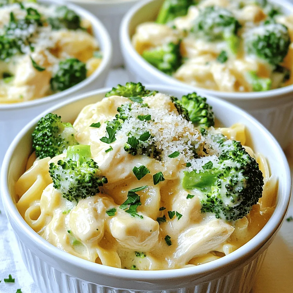 Cooking Chicken and Broccoli Alfredo Skillet is easy when you have the right ingredients. Here’s what you need: - 2 boneless, skinless chicken breasts - 2 cups fresh broccoli florets - 8 ounces fettuccine or preferred pasta - 1 cup heavy cream - 1 tablespoon extra virgin olive oil - 3 cloves garlic, finely minced - 1 cup freshly grated Parmesan cheese - Salt and fresh black pepper - 1/2 teaspoon dried Italian seasoning blend - Fresh parsley, finely chopped (for garnish) Using fresh ingredients makes a big difference in taste. The chicken adds protein, while broccoli gives you fiber and color. Pasta brings it all together, and the cream makes it rich and smooth. The Parmesan cheese adds a salty kick that ties the whole dish together. You can also add Italian seasoning for extra flavor if you like. Don't forget the parsley; it makes everything look beautiful! For the full recipe, check out the details above. - Heat 1 tablespoon of olive oil in a large skillet over medium heat. - Add 2 diced chicken breasts. Season with salt, pepper, and Italian herbs. - Sauté the chicken for about 5-7 minutes until it is browned and fully cooked. - Remove the chicken from the skillet and set it aside on a plate. - In the same skillet, lower the heat slightly. - Add 3 minced garlic cloves and sauté for about 1 minute. - Add 2 cups of broccoli florets to the skillet. Cook them for 3-4 minutes. - Stir occasionally until they are bright green and tender but still crisp. - Pour in 1 cup of heavy cream and turn the heat up a bit. - Bring the cream to a gentle simmer. - Gradually mix in 1 cup of grated Parmesan cheese while stirring. - Keep stirring until the cheese melts and forms a creamy sauce. - Return the cooked chicken and 8 ounces of cooked pasta to the skillet. - Toss everything together to coat the pasta and chicken in the sauce. - Heat for an additional 2-3 minutes until everything is warm. - Taste your dish and adjust the seasoning with more salt and black pepper if needed. To avoid clumping cheese in your Alfredo, use room temperature cheese. Cold cheese can seize up and clump when added to the hot sauce. Stir it in slowly while the sauce simmers. Keep your heat on low to medium. This helps the cheese melt evenly without burning. Timing is key when cooking pasta. Start boiling your water before you cook the chicken. This way, the pasta will be ready when your sauce is done. If you have leftover pasta, store it in an airtight container. Drizzle a little olive oil to prevent it from sticking together. For an elegant meal, serve your Chicken and Broccoli Alfredo in shallow bowls. Sprinkle extra Parmesan on top and add a few reserved broccoli florets. This adds color and makes the dish pop. Complement your meal with a crisp green salad or garlic bread for a complete dinner experience. {{image_4}} You can swap chicken for shrimp or tofu. Shrimp cooks fast and adds a sweet taste. Tofu gives a nice texture and works well in a vegetarian version. Just make sure to press the tofu to remove extra water. Add more veggies like bell peppers or carrots for color and crunch. If you need a gluten-free option, use gluten-free pasta. There are many types available, like rice or corn-based. You can also try different shapes, such as penne or rotini. Each shape holds sauce differently, so pick one you like best! To make a lighter Alfredo, use half-and-half instead of heavy cream. You can also mix in vegetable broth for more flavor without the extra fat. Adding herbs like basil or spices like red pepper flakes can elevate the taste. They bring freshness and a hint of warmth to the dish. For the full recipe, check out the creamy Chicken and Broccoli Alfredo Skillet. To keep your Chicken and Broccoli Alfredo Skillet fresh, follow these steps: - Refrigeration: Place leftovers in an airtight container. This helps keep the dish fresh. Store in the fridge for up to three days. - Freezing: If you want to save it longer, freeze it. Use a freezer-safe container or bag. Make sure to remove as much air as possible. This can last for up to three months in the freezer. When it's time to enjoy your leftovers, here’s how to reheat them: - Stovetop Method: Heat a skillet over medium heat. Add a splash of cream or broth to keep it creamy. Stir occasionally until warm. - Microwave Method: Place in a microwave-safe dish. Add a little cream or water. Cover with a lid or microwave-safe wrap. Heat in short bursts, stirring in between. To keep your meal creamy, make sure not to overheat. Enjoy your delicious Chicken and Broccoli Alfredo Skillet again! For the full recipe, check the section above. Yes, you can make this dish ahead of time. Here are some tips: - Prep the chicken: Dice the chicken and season it. Store it in the fridge for up to one day. - Chop the broccoli: Cut the florets and keep them in an airtight container. - Cook the pasta: You can cook the pasta in advance. Just toss it with a bit of oil to prevent sticking. - Prepare the sauce: You can prepare the Alfredo sauce ahead. Just reheat it gently before serving. Thickening your Alfredo sauce is easy! Here are some methods: - Add more cheese: Increase the amount of Parmesan cheese for a richer sauce. - Use cornstarch: Mix a tablespoon of cornstarch with cold water. Add it to the sauce while stirring. - Cream cheese: Blend in a few ounces of cream cheese for extra creaminess. - Simmer longer: Let the sauce cook a bit longer to reduce and thicken naturally. You can pair this meal with many sides. Here are some ideas: - Garlic bread: It complements the creamy sauce well. - Mixed salad: A fresh salad adds a nice crunch and balance. - Roasted vegetables: Pair with seasonal veggies for added nutrition. - Wine: A glass of white wine enhances the flavors beautifully. For the full recipe, check the earlier section. This blog post covered how to make a tasty Chicken and Broccoli Alfredo Skillet. You learned about the key ingredients, including chicken, broccoli, and creamy sauce. We went step-by-step through cooking it all perfectly. I shared tips for storage and reheating to keep your leftovers fresh. Remember, you can customize this dish with different proteins and pasta types. Enjoy making this meal, and don't hesitate to explore new flavors! Happy cooking!