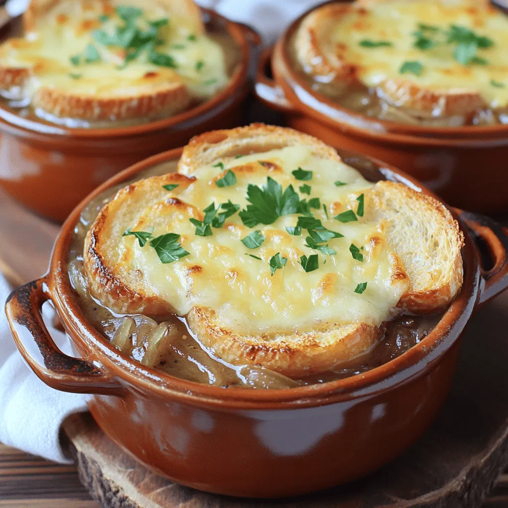 - 4 large yellow onions - 3 tablespoons unsalted butter - 2 tablespoons olive oil - 4 cups beef broth - 1 teaspoon sugar - 2 cups water - 1 teaspoon dried thyme - 1 loaf of crusty French baguette - 2 cups shredded Gruyère cheese - Salt and pepper to taste - Fresh parsley for garnish When I make Classic French Onion Soup, I start with the main ingredients. Yellow onions are key. They give the soup its sweet and rich flavor. I use four large onions for the best taste. Butter and olive oil help cook the onions gently. Beef broth adds depth. You can use vegetable broth for a vegetarian twist. I also mix in sugar to help caramelize the onions. It makes them golden and sweet. Water balances the broth and helps the flavors blend. Dried thyme adds an earthy touch. The crusty French baguette is essential for topping the soup. It soaks up the broth while keeping its structure. For the final touch, I use Gruyère cheese. It melts wonderfully and creates a creamy layer. Salt and pepper are crucial for seasoning. They bring out all the flavors. Finally, I garnish with fresh parsley. It adds a pop of color and freshness. With all these ingredients, you can make a comforting bowl of Classic French Onion Soup. Check out the Full Recipe for detailed steps to bring this dish to life! - Start by melting 3 tablespoons of unsalted butter and 2 tablespoons of olive oil in a large pot. Use medium heat for best results. - Once the butter is bubbly, stir in 4 large, thinly sliced yellow onions. Make sure they are all coated well. - To enhance caramelization, sprinkle 1 teaspoon of sugar over the onions. This helps them turn a nice golden brown. - After the onions are caramelized, season them with salt and pepper to taste. This adds depth to the flavor. - Pour in 4 cups of beef broth and 2 cups of water. Add 1 teaspoon of dried thyme for an herbal note. - Bring the mixture to a gentle boil. Then, reduce the heat to low and let it simmer for about 20 minutes. This allows the flavors to blend nicely. - While your soup simmers, preheat your oven to 425°F (220°C). This prepares it for toasting. - Arrange sliced baguette pieces on a baking sheet. Toast them in the oven for about 5-7 minutes until they are crispy and golden. - After the soup is ready, ladle it into oven-safe bowls. Place a piece of the toasted baguette on top of each bowl. - Generously sprinkle 2 cups of shredded Gruyère cheese over the bread. This cheese melts beautifully. - Finally, place the bowls under the broiler for about 3-5 minutes. Watch them closely until the cheese is bubbly and golden. - Remove the bowls and garnish with freshly chopped parsley for a touch of color. For the full recipe, check the detailed instructions above. Enjoy your comforting bowl of Classic French Onion Soup! To reach that deep, rich color in your soup, slow cooking is key. Use low heat and give your onions time to transform. This can take about 30 to 40 minutes. Stir the onions every few minutes. This prevents them from sticking and burning. Use high-quality broth for the best taste. A good beef broth adds a nice depth. If you want a vegetarian option, vegetable broth works well too. You can also boost flavor with herbs. Try adding thyme, bay leaf, or even a pinch of nutmeg. These will elevate your soup and bring out its natural sweetness. Presentation matters. Serve the soup hot in oven-safe bowls. Top each bowl with a piece of toasted baguette. Then, sprinkle shredded Gruyère cheese generously over the bread. Place the bowls under the broiler. Watch closely until the cheese bubbles and turns golden. For a rustic touch, serve the bowls on a wooden board. Add a small extra bowl of toasted baguette slices on the side. This allows guests to enjoy more bread as they wish. {{image_4}} You can easily make a vegetarian version of this soup. Simply use vegetable broth instead of beef broth. This swap keeps the rich flavor while making it meat-free. You can also play with cheese. Try mozzarella or a sharp cheddar for a different taste. Want to elevate your soup? Add a splash of wine or sherry. This will deepen the flavor and add a nice touch. You can also include mushrooms or other vegetables. Sautéed mushrooms give a lovely umami flavor that enhances the overall dish. Carrots or leeks can add sweetness too. Gruyère cheese is traditional, but it’s not your only choice. You can use other melting cheeses like Emmental or fontina. If you want a dairy-free option, look for non-dairy cheeses. These can melt well and still offer that creamy texture. For the full recipe, check out the Classic French Onion Soup section. To keep your Classic French Onion Soup fresh, store it in airtight containers. Make sure to let it cool first. Place a lid on tightly to prevent air from getting in. This soup lasts in the fridge for about 3 to 4 days. If you want to enjoy it later, freezing is a great option. When you are ready to eat your soup, reheat it carefully. I recommend using the stove for the best results. Pour the soup into a pot and heat it over medium heat. Stir it often to keep it from burning. You can also use the microwave. Just heat in short bursts, stirring in between. This will help keep the texture and flavor intact. To freeze your soup, let it cool completely. Then, pour it into freezer-safe containers. Leave some space at the top, as the soup will expand when frozen. It can stay good in the freezer for up to 3 months. When you want to eat it, take it out and thaw it in the fridge overnight. To reheat, follow the same steps as before. Enjoy your delicious soup anytime with these easy storage tips! Making Classic French Onion Soup takes about 1 hour in total. You will spend 15 minutes preparing the ingredients. The cooking time is around 45 minutes. The longest part is caramelizing the onions. This step gives the soup its deep flavor. Yes, you can make this soup in advance. To do this, cook the soup and let it cool. Store it in an airtight container in the fridge. It can stay fresh for about 3 days. When ready to eat, reheat it on the stove. Add the baguette and cheese right before serving. This keeps the bread crispy and the cheese gooey. The best onions for French Onion Soup are yellow onions. They have the right balance of sweetness and flavor. You can also use sweet onions like Vidalia for a milder taste. Red onions can work too, but they will add a different color and flavor. Each type adds its unique twist to the soup, so feel free to experiment! Classic French onion soup features rich flavors from onions, broth, and cheese. I outlined key ingredients, steps, and tips to make this dish shine. You can adapt it with vegetarian options or gourmet twists. Remember to store leftovers properly and reheat them for the best taste. Each bowl warms your spirit and impresses your guests. Enjoy making this comforting dish and share it with loved ones. Savor the delightful layers of flavor you create!