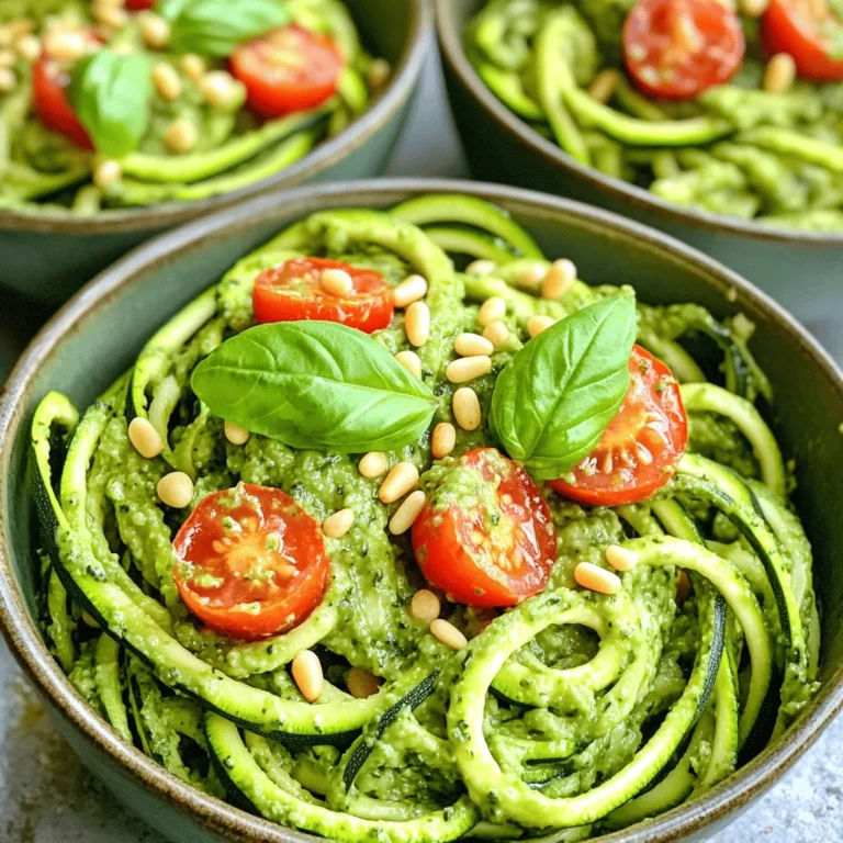 - 4 medium zucchinis - 1 ripe avocado - 1 cup fresh basil leaves - 1/4 cup pine nuts (or walnuts) - 2 tablespoons nutritional yeast - 2 cloves garlic - 2 tablespoons lemon juice - 1/4 cup extra virgin olive oil - Salt and pepper to taste - Cherry tomatoes for garnish - Grated parmesan cheese (optional) The main ingredients for zucchini noodles with pesto are fresh and simple. Zucchini serves as a great base. You spiralize it to create fun noodles. The avocado adds creaminess to the pesto. Fresh basil gives it an aromatic touch. A serving of zucchini noodles with pesto has about 300 calories. It contains 20g of carbs, 25g of fat, and 6g of protein. This meal is light yet filling. It is perfect for a quick lunch or dinner. You can easily make this dish vegan. Just skip the parmesan cheese. The other ingredients keep the flavor strong. If you love cheese, add grated parmesan for richness. It enhances the taste but is not needed. This recipe is flexible and fun. You can find the full recipe for more details and steps. Enjoy making this tasty dish! To make the pesto, gather these ingredients: - 1 ripe avocado - 1 cup fresh basil leaves - 1/4 cup pine nuts (or walnuts) - 2 tablespoons nutritional yeast - 2 cloves garlic - 2 tablespoons lemon juice - 1/4 cup extra virgin olive oil - Salt and pepper to taste Start by placing the avocado, basil, pine nuts, nutritional yeast, garlic, and lemon juice into a food processor. Pulse it until the mix is smooth. Scrape down the sides if needed. While blending, slowly add the olive oil. This helps to emulsify the pesto. Taste it and add salt and pepper as you like. Heat a splash of olive oil in a large skillet over medium heat. Add the spiralized zucchini noodles to the pan. Cook them for about 3-4 minutes. Stir occasionally to keep them from sticking or burning. You want them tender but still firm. This keeps them from getting mushy. Once the noodles are ready, take the skillet off the heat. Add the creamy pesto to the noodles and toss them gently. Ensure every strand is coated. For a nice touch, serve the zoodles in deep bowls. Top them with halved cherry tomatoes and sprinkle with grated parmesan cheese if you want. For the full recipe, check out the details above. To make your pesto just right, focus on adjusting the consistency and flavor. If your pesto is too thick, add a bit more olive oil or a splash of water. For a richer taste, add more garlic or lemon juice. You can also try different nuts. Pine nuts are classic, but walnuts or cashews work well too. Each nut gives the pesto a unique twist. When you make zucchini noodles, the spiralizer is key. Use a good spiralizer for long, even noodles. If you don’t have one, a vegetable peeler can create thin strips. After cooking, store leftovers in an airtight container. Keep them in the fridge to stay fresh. To reheat, gently warm them in a pan or microwave. This helps keep their crunch. Zucchini noodles pair well with proteins like grilled chicken or shrimp. You can also serve them with a side salad or garlic bread for a full meal. For garnishing, sprinkle extra pine nuts or fresh basil on top. Halved cherry tomatoes add color and flavor. This makes your dish not only tasty but also beautiful. {{image_4}} You can switch things up with different sauces. For a classic twist, try traditional basil pesto. This rich sauce brings a fresh burst of flavor. Simply blend basil, garlic, pine nuts, olive oil, and Parmesan cheese. If you want something creamy, consider a sauce made with cashews or yogurt. These creamy sauces pair nicely with zoodles. Boost your meal with extra ingredients. Adding protein can turn a light dish into a hearty meal. Grilled chicken or shrimp works well. You can also toss in colorful veggies like bell peppers or spinach. These not only add flavor but also make your dish more vibrant. To elevate your dish, think about herbs and spices. Fresh parsley or oregano can brighten up the flavor. If you enjoy heat, sprinkle in some red pepper flakes. This adds a nice kick to your zoodles. Experiment with different seasonings to find your favorite mix. For a full recipe, check out Zesty Zucchini Noodles with Avocado Pesto. To keep your zucchini noodles fresh, use airtight containers. Glass or plastic containers work well. Store your leftovers in the fridge. They stay good for about 2 to 3 days. Make sure to separate the noodles from the pesto. This helps prevent sogginess. You can freeze zucchini noodles, but do it right. Start by blanching them in boiling water for 1 to 2 minutes. Then, cool them in ice water. Drain and pat dry. Place them in freezer bags or containers. They last up to 3 months in the freezer. To use, thaw in the fridge overnight. Reheat in a skillet over low heat. Check your zucchini for signs of spoilage. Look for soft spots, discoloration, or mold. These mean it's time to toss them. To keep your ingredients fresh longer, store them in a cool, dry place. Avoid washing them before storage, as moisture can lead to spoilage. Always wash just before use to maintain freshness. Zucchini noodles, or zoodles, are long strands made from fresh zucchini. They are a great pasta alternative. Zoodles are low in carbs and calories, making them perfect for healthy meals. They are also gluten-free and rich in vitamins. Using zucchini noodles can help increase your vegetable intake without sacrificing flavor. Yes, you can! If you don't have a spiralizer, use a regular peeler. Just peel the zucchini into thin strips. You can also use a box grater to shred the zucchini. Another option is a knife to cut the zucchini into thin noodles. Each method works well and gives you tasty zoodles. To keep zoodles from getting soggy, cook them for a short time. Sauté them for about 3-4 minutes until they are tender but still crisp. Draining the noodles after cooking helps remove excess water. You can also sprinkle salt on the zoodles before cooking to draw out moisture. This way, you’ll enjoy a perfect texture every time. If you need a substitute for pine nuts, try walnuts or almonds. Both add a nice crunch and flavor to your pesto. Sunflower seeds also work well for a nut-free option. They give the same creamy texture without the nuts. So, feel free to mix and match based on what you have on hand! For the full recipe, check out Zesty Zucchini Noodles with Avocado Pesto. This blog post covered a fresh, healthy dish featuring zucchini noodles and homemade pesto. We explored the key ingredients, cooking instructions, and essential tips. You learned to make zoodles, create a tasty pesto, and add personal twists through variations. Consider trying different proteins or herbs to enhance flavors. Storing and freezing suggestions help keep your dish fresh longer. With simple steps, you can enjoy a delicious meal that is both nutritious and satisfying. Embrace creativity in your cooking, and enjoy every bite!