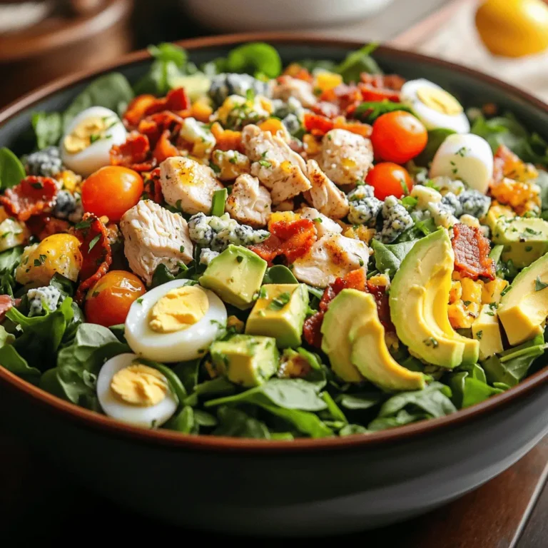 To make a classic Cobb salad, you need fresh and tasty ingredients. Here is what you will need: - Mixed salad greens - Cooked chicken breast - Hard-boiled eggs - Avocado - Cherry tomatoes - Blue cheese - Crispy turkey bacon (optional) - Red onion - Olive oil and lemon juice dressing Each ingredient plays a role in making the salad fun and flavorful. The mixed salad greens form a fresh base. Cooked chicken breast adds protein and makes it filling. Hard-boiled eggs give a nice texture and extra protein. Avocado contributes creaminess, while cherry tomatoes add a sweet pop. Blue cheese brings a rich flavor that pairs well with the other ingredients. If you want some crunch, add crispy turkey bacon. Thin slices of red onion give a little bite to the salad. Finally, the olive oil and lemon juice dressing ties everything together. It adds brightness and balances the flavors. For the full recipe, check out the Crispy Chicken Cobb Salad. Enjoy creating this delicious dish! 1. First, grab a big salad bowl or platter. This will hold all your yummy ingredients. 2. Layer the bottom with mixed salad greens. Use romaine and baby spinach for a nice crunch. 3. Next, take your cooked chicken breast. Chop or shred it, then spread it over the greens. 4. Now, grab your hard-boiled eggs. Quarter them and place them around the salad for color. 5. Slice your avocado into bite-sized pieces. Add it to one side of the salad for creaminess. 6. Halve your cherry tomatoes and scatter them on top. They will add sweetness and vibrancy. 7. Don’t forget the blue cheese! Sprinkle it all over for a rich, tangy flavor. 8. If you want more crunch, add crispy turkey bacon. Chop it up and fold it in gently. 9. For the dressing, mix olive oil and lemon juice in a small bowl. Add salt and pepper to taste. 10. Whisk it until it’s well combined. This will be your fresh dressing. 11. Drizzle the dressing over the salad just before serving. This keeps everything crisp. 12. You can toss it gently if you like, or leave it layered for a pretty display. You can find the complete recipe for this delightful dish in the Full Recipe section. - Ingredient quality and freshness: Start with fresh mixed greens. Look for bright colors and crisp leaves. Use ripe avocados for creaminess and ripe tomatoes for sweetness. Fresh ingredients make a big difference in taste. - Presentation ideas for visual appeal: Serve your salad in a large bowl or on a pretty platter. Arrange each ingredient in sections for a stunning look. You can use a large spoon to gently toss or leave the layers visible. Add a sprinkle of herbs for extra flair. - Customizing for dietary preferences: Feel free to swap proteins. Use grilled shrimp or tofu for a twist. For a lighter dish, skip the bacon or use turkey bacon. You can also add seasonal veggies like bell peppers or cucumbers for extra crunch. By focusing on these tips, you can elevate your Cobb salad to a whole new level. Remember, the key is to enjoy the process and make it your own! Refer to the Full Recipe for a detailed guide on creating this fresh and flavorful dish. {{image_4}} You can change the Cobb salad to fit your taste. Here are some easy swaps. - Substitutions for proteins: If you want to use something other than chicken, try turkey, shrimp, or even grilled steak. Tofu or chickpeas work great for a plant-based option. - Adding seasonal vegetables: Use what's fresh in the market. In spring, add peas or radishes. In summer, consider corn or bell peppers. Fall brings squash and kale, while winter can include roasted root veggies. - Vegan or vegetarian adaptations: To make it vegan, skip the eggs and cheese. Use avocado for creaminess. Swap the chicken for grilled tempeh or more beans. You still get a tasty salad full of flavor. You can find the full recipe at the beginning of this article. Adjust the ingredients as you like! Enjoy your creative take on this classic dish. To keep your Cobb salad fresh, start with proper storage. First, place your leftovers in an airtight container. This helps seal in flavor and keeps ingredients crisp. Best practices for storing leftovers: - Store mixed greens separate from proteins and toppings. This prevents soggy salad. - Use parchment paper between layers if you stack ingredients. This absorbs moisture and keeps them fresh longer. - Refrigerate the salad within two hours of making it. This ensures safety and taste. Temperature considerations: Keep your salad at or below 40°F (4°C) in the fridge. If it warms up, bacteria can grow quickly. How to reassemble for later servings: When you’re ready to enjoy your salad again, take it out of the fridge. Start with the mixed greens as your base. Add proteins and toppings back on top. Drizzle with dressing just before serving for the best taste. This helps keep everything fresh and delightful. For the complete recipe, you can refer to the Full Recipe. Cobb salad comes from a famous restaurant in Hollywood. The owner, Robert Cobb, created it in the 1930s. He used leftovers from the kitchen to make a tasty dish. It became popular and remains a classic today. Yes, you can make Cobb salad ahead of time. Prepare the ingredients and store them separately. Keep the dressing in a jar. When you are ready to eat, just combine everything and add the dressing. This helps keep the greens crisp. To make a lighter dressing, mix Greek yogurt with lemon juice and a bit of olive oil. Add salt and pepper for taste. This will cut down on calories while keeping flavor. You can also use vinegar-based dressings for a fresh twist. Cobb salad pairs well with many side dishes. Here are a few ideas: - Fresh fruit salad - Garlic bread - Roasted vegetables - Quinoa or rice pilaf - A light soup, like tomato or vegetable These sides balance the meal and add variety to your table. You can find the full recipe for a delicious Crispy Chicken Cobb Salad in the earlier sections. In this blog post, we explored how to make a delicious Cobb salad. You learned about fresh ingredients, step-by-step prep, and handy tips for best results. I shared variations for different diets, plus storage advice to keep it fresh. Make your next meal special with this salad. It’s easy to customize and perfect for any occasion. Enjoy the flavors and stay healthy!