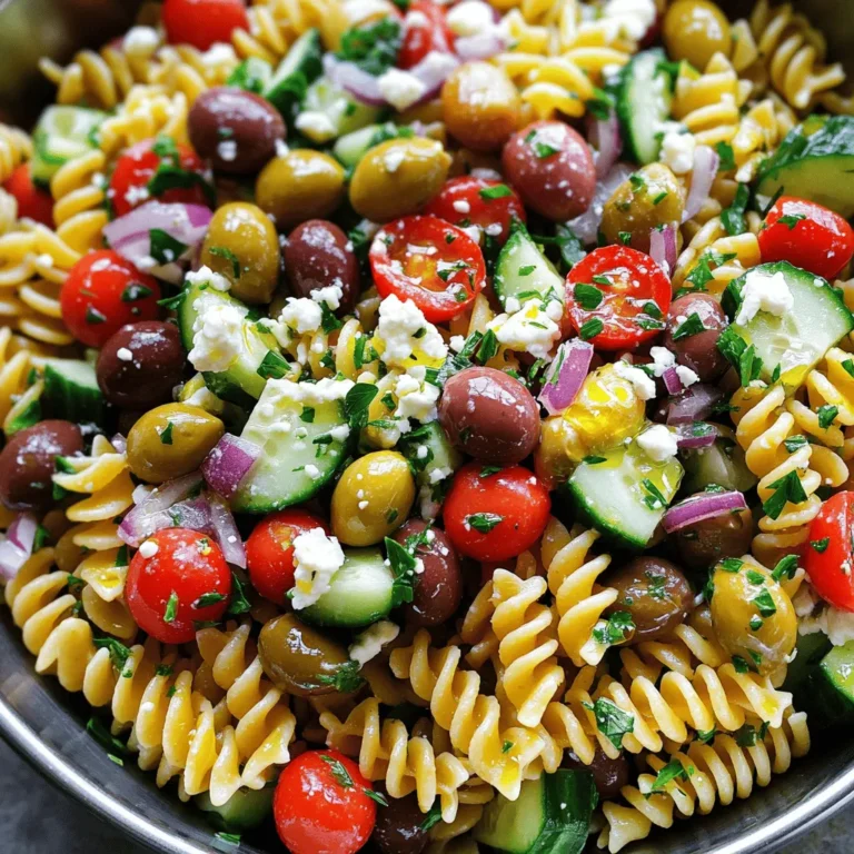 - 8 oz rotini or fusilli pasta - 1 cup cherry tomatoes, halved - 1 cucumber, diced - 1 cup Kalamata olives, pitted and halved - 1/2 red onion, finely chopped - 1 bell pepper, diced - 1 cup feta cheese, crumbled - 1/4 cup fresh parsley, chopped - 1/4 cup extra virgin olive oil - 3 tablespoons red wine vinegar - 1 teaspoon dried oregano - Salt and pepper, to taste - Substitute red wine vinegar with apple cider vinegar - Add other vegetables like bell peppers or spinach This salad bursts with color and flavor. The main ingredients bring freshness. Each bite is full of crunch and zest. The pasta holds the dressing well, creating a tasty mix. The dressing is simple but packs a punch. Extra virgin olive oil adds richness. Red wine vinegar gives a tangy taste. Dried oregano adds a hint of earthiness. Salt and pepper enhance all the flavors. Want to mix it up? Try adding apple cider vinegar instead of red wine vinegar. You can also throw in extra veggies like spinach. This salad is flexible and lets your creativity shine. For the full recipe, check out the Zesty Greek Pasta Salad with Feta & Olives. To start, bring salted water to a rolling boil. Add 8 ounces of rotini or fusilli pasta. Cook for 8-10 minutes until al dente. Once cooked, drain the pasta in a colander. Rinse it under cold water to stop the cooking. Set the drained pasta aside for later. While your pasta cooks, wash and chop your vegetables. Use 1 cup of cherry tomatoes, 1 cucumber, 1/2 red onion, and 1 bell pepper. Dice these into bite-sized pieces. Also, chop 1/4 cup of fresh parsley. Once chopped, place all the vegetables into a large mixing bowl. This creates a colorful and fresh base for your salad. Now it’s time to mix things! Add the cooled pasta and 1 cup of Kalamata olives to the bowl of vegetables. This combination adds a nice salty flavor. In a separate bowl, prepare the dressing. Mix together 1/4 cup of olive oil, 3 tablespoons of red wine vinegar, and 1 teaspoon of dried oregano. Add salt and pepper to taste. Whisk until well combined. Drizzle the dressing over the pasta and vegetable mixture. Gently fold in 1 cup of crumbled feta cheese. Make sure all the ingredients are evenly coated with the dressing. This step is key for great flavor in every bite. Cover the salad with plastic wrap or a lid. Place it in the refrigerator for 30 minutes. This chilling time helps the flavors meld together. You can serve your pasta salad cold or at room temperature. For the full recipe, check out the details above. Serve your Greek pasta salad in a vibrant bowl for visual appeal. A colorful dish draws people in. You can also use individual plates for a fresh look. Garnish each serving with extra feta and parsley. This adds a pop of color and flavor. Let your salad chill longer in the fridge. This helps the flavors blend and deepen. If you love herbs, try adding basil or dill. Fresh herbs boost the taste and aroma. Prep your ingredients in advance. Chop vegetables and cook the pasta ahead of time. This makes assembly quick and easy. When storing leftovers, use an airtight container. It keeps the salad fresh and tasty for days. For the best flavor, consume within three to five days. {{image_4}} There are many fun ways to switch up your Easy Greek Pasta Salad. Try a Mediterranean twist for a new taste. Here are some ideas: - Add sun-dried tomatoes for a sweet, tangy flavor. - Toss in artichoke hearts for extra texture. - For protein, add grilled chicken or chickpeas. Both options make it filling. If you need to change the recipe for your diet, here are some tips: - Use gluten-free pasta to make it gluten-free. - For a vegan option, skip the feta cheese or try a vegan substitute. Enjoy seasonal ingredients by mixing in fresh veggies: - In summer, add zucchini for a crunchy touch. - Use roasted vegetables for deeper flavors. Roasting brings out their natural sweetness. These variations keep your Easy Greek Pasta Salad fresh and exciting! Check out the [Full Recipe] for the base you can customize. To keep your Easy Greek Pasta Salad fresh, place it in an airtight container. You can store it in the refrigerator for about 3-5 days. This salad tastes best when you enjoy it fresh. I do not recommend freezing this salad. Freezing can change its texture, making it less enjoyable. If you prepare a large batch, store the dressing separately. This keeps the flavors bright and fresh. This pasta salad is best served cold. However, you can also enjoy it at room temperature. Before serving, gently toss the salad. This helps mix the flavors evenly throughout. For the full recipe, check back to the beginning. Yes, it can be prepared a day in advance for flavor enhancement. This allows all the tastes to blend and become more rich. Just keep it in the fridge until you are ready to serve. You can use vegan feta or other cheese alternatives. This makes the dish suitable for various diets. You might want to try a creamy cheese for a nice texture. Yes, it’s perfect for picnics and potlucks if kept properly chilled. The fresh ingredients hold up well. Just pack it in a cooler or insulated bag to keep it fresh. Consider adding grilled chicken, shrimp, or canned chickpeas. These options make the salad more filling. They also add great taste and texture to the mix. This salad combines fresh pasta with vibrant vegetables, feta, and a simple dressing. Using easy steps, you can create a delightful dish that's perfect for any gathering. Remember, you can adjust flavors and ingredients to fit your taste. Meal prep helps save time, and eating fresh is best. Enjoy your colorful pasta salad, whether at a picnic or a family dinner!