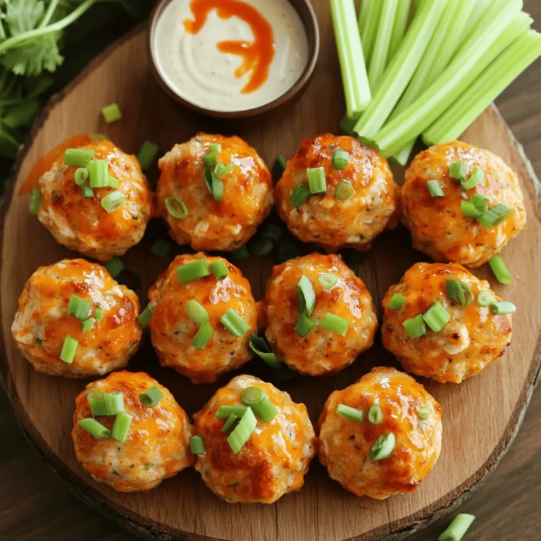 To make Buffalo Chicken Meatballs, you need simple ingredients. Here’s the full list: - 1 pound ground chicken - 1/2 cup seasoned breadcrumbs - 1/4 cup finely chopped green onions - 1/4 cup freshly grated Parmesan cheese - 1 large egg, lightly beaten - 1/4 cup hot sauce - 1 teaspoon garlic powder - 1 teaspoon onion powder - 1/2 teaspoon salt - 1/2 teaspoon freshly ground black pepper - 1 tablespoon olive oil - Optional: crunchy celery sticks and creamy ranch dressing for serving Choosing the right hot sauce makes a big difference. I recommend these brands: - Frank's RedHot: Classic and balanced heat. - Crystal Hot Sauce: A little less heat with a tangy flavor. - Texas Pete: Great for a robust and spicy kick. You can pick any hot sauce you like. Just make sure it matches your heat preference. Sometimes, you may not have all the ingredients on hand. Here are some easy swaps: - Ground chicken can be replaced with ground turkey. - Seasoned breadcrumbs can be made from plain breadcrumbs mixed with herbs. - Parmesan cheese can be swapped for pecorino or nutritional yeast for a vegan option. - Hot sauce can be adjusted or replaced with chili paste for a different flavor. Feel free to get creative. Cooking should be fun and flexible! 1. Preheat your oven to 400°F (200°C). This helps cook the meatballs evenly. 2. Line a baking sheet with parchment paper. This will stop the meatballs from sticking. 3. In a large bowl, mix ground chicken, seasoned breadcrumbs, and chopped green onions. 4. Add grated Parmesan cheese, beaten egg, hot sauce, garlic powder, onion powder, salt, and black pepper. 5. Use your hands or a spatula to mix well. You want every bite to be tasty. 6. Take small portions of the mixture and roll them into meatballs. Aim for 1 inch in size. 7. Place the meatballs on the baking sheet. Make sure they have space between them. 8. Drizzle olive oil over the meatballs. This helps them brown nicely as they cook. 1. Bake the meatballs for 20 to 25 minutes. They should be golden brown and firm. 2. Check that they are fully cooked. You can cut one open to see if it's done. 3. For more flavor, toss the hot meatballs in extra hot sauce before serving. 1. Serve the meatballs warm. They taste best straight from the oven. 2. Pair them with crunchy celery sticks. The crunch adds a nice contrast. 3. Offer a bowl of ranch dressing for dipping. It cools down the heat. 4. For a fun touch, garnish with extra green onions and hot sauce. 5. Arrange everything on a platter for a great presentation. Enjoy these spicy delights! To add more heat, use extra hot sauce. You can also mix in cayenne pepper or crushed red pepper flakes. Another fun option is to add chopped jalapeños for a fresh kick. When you serve the meatballs, drizzle more hot sauce on top. This will make them even spicier and more flavorful. To keep your meatballs moist, don't overmix the meat. Gently combine the ingredients until they just come together. Adding enough breadcrumbs and an egg is key, as they help hold moisture. Baking at the right temperature also matters. A hot oven cooks them quickly, which helps keep them juicy. One mistake is not measuring the hot sauce. Too much can make the meatballs too spicy. Another common error is overcrowding the baking sheet. Leave space between meatballs for even cooking. Lastly, avoid undercooking them. Always check that they reach an internal temperature of 165°F (74°C) for safety. By following these tips, you can make Buffalo Chicken Meatballs that are packed with flavor and sure to impress! For the complete recipe, check out the Full Recipe. {{image_4}} You can switch up the flavors in your Buffalo chicken meatballs. For a smoky twist, try adding smoked paprika. If you like a touch of sweetness, mix in a bit of honey or brown sugar. You can also use different cheeses. Try feta or pepper jack for a new taste. Want a bit of crunch? Add diced bell peppers or jalapeños. These small changes can take your meatballs to a new level. If you need gluten-free meatballs, swap the breadcrumbs for crushed gluten-free crackers or oats. You can also use ground almonds to keep it tasty. For lower-calorie options, use ground turkey instead of chicken. You can reduce the cheese or use a lower-fat version. These changes help make a lighter dish without losing flavor. These meatballs are great for any event! For game day, serve them in a big bowl with toothpicks. This makes it easy for guests to grab and enjoy. For a fancy dinner, plate them with a drizzle of hot sauce and a sprinkle of green onions. Pair them with a fresh salad for a light touch. No matter how you serve them, these meatballs will impress your friends and family. For the full recipe, check out the complete instructions above. To store leftover meatballs, let them cool first. Place them in an airtight container. Store the container in the fridge. They will stay fresh for about three days. For best taste, eat them sooner rather than later. You can freeze these meatballs too. After they cool, place them in a single layer on a baking sheet. Freeze them for one hour. Once frozen, transfer them to a zip-top bag. They will last for up to three months in the freezer. To keep them fresh, remove as much air as possible from the bag. When it's time to eat, you can reheat the meatballs. If frozen, thaw them overnight in the fridge. To reheat, place them in a pan on low heat. You can also use a microwave. Heat them for about 1-2 minutes, checking often. Make sure they are hot all the way through. For added flavor, toss them in a bit of hot sauce before serving. Enjoy your meal with the Full Recipe! You can change the heat by adjusting the hot sauce. Use more hot sauce for extra spice. If you prefer it milder, reduce the amount. You can also try different hot sauces. Some brands are hotter than others. Adding sweet ingredients like honey can also balance the heat. Yes, you can make these meatballs ahead of time. Prepare the meatballs, then store them in the fridge for up to 24 hours. You can also freeze them. To freeze, place uncooked meatballs on a baking sheet. Once frozen, transfer them to a bag. When ready to cook, bake them straight from the freezer. Just add a few extra minutes to the cooking time. Pair your meatballs with crunchy celery sticks and creamy ranch dressing. You can also serve them with vegetable sticks or a fresh salad. For something warm, consider garlic bread or sweet potato fries. These sides will complement the spicy flavor of the meatballs well. You explored the key ingredients, steps, and tips for making Buffalo Chicken Meatballs. We covered adjustments for spice, ways to keep them moist, and different flavor variations. Remember, the right ingredients and techniques are crucial for tasty meatballs. Experiment with flavors and don't hesitate to adjust as you go. With proper storage, you can enjoy these meatballs later too. I hope this guide makes your cooking easier and more fun. Enjoy your Buffalo Chicken Meatballs!