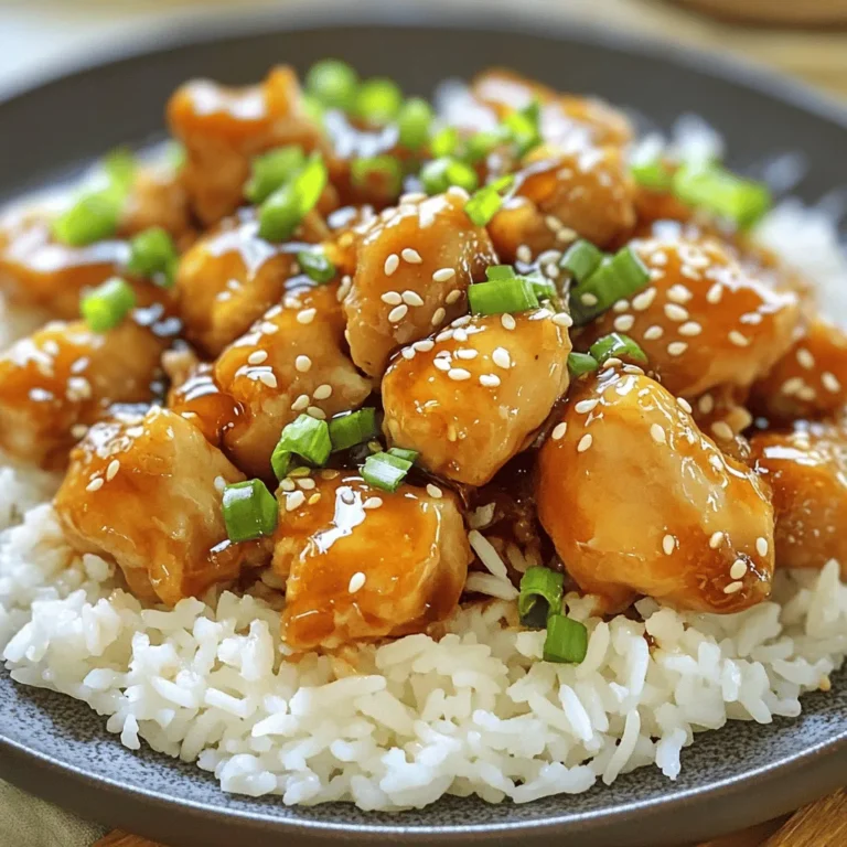 To make sticky honey garlic chicken, you need the following items: - 500g boneless, skinless chicken thighs - 1/4 cup pure honey - 3 cloves garlic, finely minced - 2 tablespoons low-sodium soy sauce - 1 tablespoon apple cider vinegar - 1 teaspoon freshly grated ginger - 1 tablespoon sesame oil - Salt and freshly ground black pepper, to taste - 1 teaspoon cornstarch mixed with 1 tablespoon cold water (optional for thickening) - 2 green onions, finely chopped (for garnish) - A sprinkle of sesame seeds (for garnish) You can switch some ingredients if needed. Here are some easy swaps: - Chicken thighs can be replaced with chicken breasts for a leaner option. - Honey can be swapped for maple syrup if you want a different flavor. - Low-sodium soy sauce can be replaced with tamari for a gluten-free option. - Apple cider vinegar can be swapped with rice vinegar for a milder taste. - Fresh ginger can be replaced with ground ginger, but use less. Choosing fresh ingredients is key to great flavor. Here are my tips: - Chicken: Look for firm, pink thighs with no off smells. Avoid any discoloration. - Garlic: Choose plump cloves without sprouting. Fresh garlic smells strong and sweet. - Honey: Go for raw honey if you can. It has more flavor and health benefits. - Green Onions: Pick green onions with bright green tops. Avoid wilted or yellowing ones. - Ginger: Choose firm pieces without wrinkles. Fresh ginger should smell spicy and fragrant. With these tips, you can make sure your sticky honey garlic chicken is a hit! For the full recipe, check out the details above. Start by cutting the chicken thighs into bite-sized pieces. This helps them cook evenly. Next, season the chicken pieces with salt and black pepper. This adds flavor. In a bowl, mix honey, minced garlic, soy sauce, apple cider vinegar, ginger, and sesame oil. Whisk them together until smooth. This mixture is your marinade. Place the chicken in the bowl, ensuring every piece gets coated. Cover the bowl with plastic wrap. Let it marinate in the fridge for at least 30 minutes. If you have time, marinate for up to 2 hours for more flavor. Heat a large skillet over medium-high heat. Once hot, add the marinated chicken and all the marinade to the pan. Sauté the chicken for about 5-7 minutes. Stir occasionally until the chicken is cooked through. You will see a tasty glaze form. If you like a thicker sauce, stir in the cornstarch-water mixture. Cook for one more minute to thicken the sauce. Remove the skillet from the heat. Let the chicken rest for a few minutes. This step helps all the flavors mix well. For serving, place the sticky honey garlic chicken on a bed of fluffy steamed rice or quinoa. Garnish with sliced green onions and sesame seeds. This adds a nice crunch and looks beautiful. For the full recipe, check the details above. Enjoy your delicious meal! To get a shiny, sticky glaze, start with a good marinade. Make sure the honey, garlic, and soy sauce mix well. The key is to let the chicken soak in the marinade. A minimum of 30 minutes works, but longer is better. When cooking, use medium-high heat. This helps the glaze form quickly. If you want it thicker, add cornstarch mixed with water near the end. This step makes a nice, thick sauce. One common mistake is not seasoning the chicken enough. Always add salt and pepper before marinating. Another mistake is cooking at too low a heat. Low heat can leave your chicken soggy instead of sticky. Also, don’t skip marinating. Skipping this step means you miss out on deep flavor. Lastly, avoid overcrowding the pan. If the chicken pieces are too close, they will steam instead of sear. A large skillet works best for this dish. A non-stick skillet helps prevent the chicken from sticking. If you have a cast iron pan, it can give great texture. Use a whisk for mixing the marinade; it helps blend everything smoothly. A meat thermometer is handy too. It ensures your chicken reaches 165°F for safety. For serving, grab a nice platter to show off your sticky honey garlic chicken. Ready to dive into the full recipe? Enjoy making this flavorful dish! {{image_4}} You can add heat to this dish. To make it spicy, add chili flakes or Sriracha. Mix them into the marinade. Start with half a teaspoon of chili flakes for mild heat. You can always add more if you want it spicier. The sweet honey balances well with the heat. This twist makes the dish fun and exciting. You can use other proteins instead of chicken. Try shrimp, pork, or tofu. Shrimp cooks quickly, adding a nice texture. For pork, use tenderloin or ribs for a rich flavor. Tofu is a great choice for a plant-based meal. Just remember to press it to remove extra water before marinating. Each protein absorbs the flavors well. To make this recipe vegetarian or vegan, switch the honey for maple syrup or agave nectar. Use tempeh or seitan in place of chicken. Both options give a satisfying texture. For the sauce, ensure to use vegan soy sauce. This way, you keep the dish flavorful and plant-based. Enjoy it over rice or quinoa for a complete meal. Feel free to explore these variations. They can make your sticky honey garlic chicken experience even more delightful! For the full recipe, check out the section above. After you enjoy your sticky honey garlic chicken, store the leftovers in an airtight container. This helps keep the chicken fresh and tasty. Make sure to cool the chicken to room temperature before sealing it. You can keep it in the fridge for up to four days. Label your container with the date. This way, you’ll know when to eat it. To reheat your chicken, you have a few options. The best way is to use a skillet. Heat it over medium heat and add a splash of water. Place the chicken in the skillet and cover it. Cook for about 5 minutes, stirring occasionally. This keeps the chicken moist and juicy. You can also use a microwave. Place the chicken on a microwave-safe plate and cover it. Heat it in short bursts, about 30 seconds at a time, until hot. If you want to save your sticky honey garlic chicken for later, freezing is a great choice. First, let the chicken cool completely. Then, place it in a freezer-safe bag or container. Try to remove as much air as possible to prevent freezer burn. You can freeze it for up to three months. When you're ready to eat, thaw it in the fridge overnight before reheating. This keeps the flavors fresh and vibrant. For the full recipe, check the earlier sections. You can store Sticky Honey Garlic Chicken in the fridge for up to three days. Make sure to keep it in an airtight container. This helps keep it fresh and tasty. If you want to keep it longer, you can freeze it. Just place it in a freezer-safe bag, and it will last for about three months. Yes, you can use chicken breasts instead of thighs. Chicken breasts are leaner and cook faster. Just cut them into bite-sized pieces and follow the same cooking steps. The sauce will still taste great and coat the chicken well. You can serve Sticky Honey Garlic Chicken with many sides. Here are some ideas: - Fluffy steamed rice - Quinoa for a healthy option - Stir-fried veggies for color and crunch - A fresh salad for a light touch - Noodles tossed in sesame oil for an Asian twist These sides will complement the sweet and savory flavors of the chicken perfectly. For the full recipe, check out the recipe section above. This blog post covers all you need for perfect Sticky Honey Garlic Chicken. You learned the key ingredients and how to pick fresh ones. I shared easy step-by-step cooking tips and common mistakes to avoid. You can also try fun variations, like spicy or vegetarian options. Remember to store leftovers properly for later. I hope you feel ready to cook this delicious meal. Enjoy every bite and share your cooking wins!