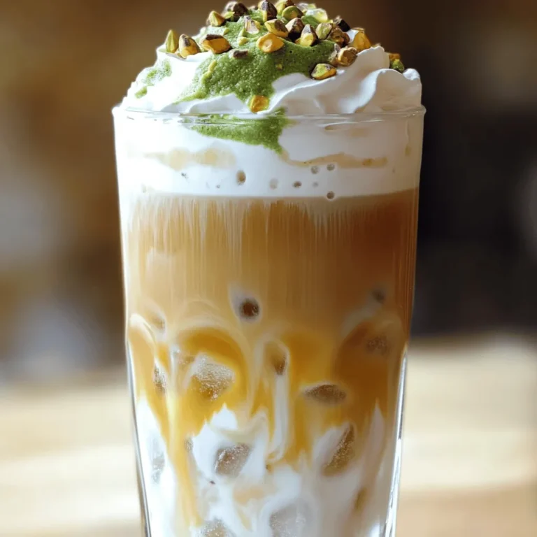 To create the best Pistachio Cream Iced Latte, you need a few key ingredients: - 1 cup freshly brewed espresso (or strong coffee) - 1 cup milk (any type you like) - 2 tablespoons pistachio paste - 2 teaspoons pure vanilla extract - 1-2 tablespoons honey or maple syrup - A handful of ice cubes - Whipped cream (optional, but so good) - Chopped pistachios (for garnish) These ingredients work together to create a rich and creamy drink. The espresso gives a bold base, while the pistachio paste brings a nutty flavor that shines through. Choosing the right milk is important for taste and texture. You can use: - Whole milk for a creamy drink - Almond milk for a nutty twist - Oat milk for a smooth texture - Any non-dairy milk you enjoy Each milk will change the flavor a bit, so feel free to experiment. Sweeteners can make your drink perfect. Here are some great options: - Honey adds a floral touch - Maple syrup gives a warm flavor - You can skip sweeteners if you prefer a less sweet drink For an extra kick, you might also want to add other flavor enhancers like chocolate syrup or flavored syrups. These can give your latte a fun twist and make it more special. Now that you have the ingredients ready, you’re all set to make a tasty Pistachio Cream Iced Latte! For the full recipe, check out the detailed steps later in this article. Start by brewing your espresso or strong coffee. You need one cup for this recipe. If you do not have an espresso machine, a regular coffee maker works too. After brewing, let it cool for a few minutes. This step is key to keeping your drink refreshing. While your coffee cools, prepare the pistachio mixture. In a small bowl, mix together two tablespoons of pistachio paste, two teaspoons of pure vanilla extract, and one to two tablespoons of honey or maple syrup. Adjust the sweetness to your taste. Whisk or stir until the mix is smooth and creamy. This will add a rich flavor to your iced latte. Now it’s time to assemble your iced latte. Grab a tall glass and fill it halfway with ice cubes. Pour the cooled espresso over the ice, letting it chill. Next, add one cup of milk of your choice. You can use dairy milk or any non-dairy option you like. Carefully spoon in the pistachio mixture and stir gently. This helps blend all the flavors well. Top your drink with whipped cream for a special touch. Finally, sprinkle some chopped pistachios on top for a crunchy finish. Enjoy your Pistachio Cream Iced Latte! For the complete recipe, check the details above. To make your Pistachio Cream Iced Latte just right, aim for a good ice-to-liquid mix. Use enough ice to fill your glass halfway. This keeps your drink cold without watering it down too fast. The right ratio helps keep the flavors strong. You want to taste the rich pistachio and coffee blend. Adding toppings can make your drink even better. Whipped cream brings a fluffy texture. A sprinkle of chopped pistachios adds a fun crunch. You can also try a light drizzle of chocolate syrup for a sweet touch. For a nutty twist, add crushed almonds or hazelnuts. Each topping gives a new taste to the latte. If you love a creamy texture, there are simple ways to achieve this. Choose whole milk for a rich base. Non-dairy options like oat milk also work well. You can also mix in a little more pistachio paste for added creaminess. Blending the milk with the pistachio mixture smooths everything out. This creates a dreamy, silky drink. Check out the Full Recipe for more details! {{image_4}} You can change the flavor of your Pistachio Cream Iced Latte. Try adding vanilla or chocolate for a twist. For a vanilla latte, simply add an extra teaspoon of vanilla extract. It gives a nice, sweet touch that pairs well with pistachios. If you love chocolate, mix in a tablespoon of cocoa powder or chocolate syrup. Just remember to adjust the sweetness to balance the flavors. Making a dairy-free or vegan version is easy. Use almond milk, oat milk, or coconut milk instead of regular milk. These options give a nice taste and texture. They also keep the drink creamy. For sweeteners, try maple syrup or agave nectar. Both are great choices for a vegan lifestyle. You can add seasonal flavors to your iced latte. In fall, consider adding pumpkin spice to your mix. It gives a warm, cozy feeling. In summer, fresh mint or a splash of berry puree can brighten the drink. You can even use holiday spices, like nutmeg or cinnamon, to create a festive treat. Just be sure to adjust the sweetness to match these flavors. For the full recipe, check out the detailed instructions above. To keep your ingredients fresh, store them properly. For leftover pistachio paste, place it in a sealed glass jar. This helps prevent air from drying it out. Keep it in the fridge. It lasts longer this way. If you have extra milk, store it in its original carton. Always check the expiration date. For honey or maple syrup, keep them in a cool, dark place. Use clean utensils to avoid contamination. If you have leftover iced latte, you can store it. Pour it into a sealed container. Keep it in the fridge for up to 24 hours. Stir well before drinking. The ice will melt, so expect a slightly diluted taste. If you want a fresh drink, it's best to make a new one. Homemade pistachio paste can last up to two weeks in the fridge. Store it in an airtight container to keep it fresh. If you want to keep it longer, freeze it. Place it in a freezer-safe bag or container. When ready to use, thaw it in the fridge overnight. This way, you can enjoy your paste without losing flavor. A Pistachio Cream Iced Latte is a cool drink made with espresso, milk, and pistachio paste. This drink combines rich coffee flavors with the nutty taste of pistachios. It’s topped with whipped cream and chopped pistachios for a special treat. You can enjoy it on a hot day or whenever you crave something refreshing. To make a healthier Pistachio Cream Iced Latte, consider these tips: - Use low-fat milk or a non-dairy option like almond or oat milk. - Replace honey or maple syrup with a sugar-free sweetener. - Use less pistachio paste for fewer calories. - Add more ice to make it chillier and lighter. These swaps help cut down on sugar and fat while keeping the flavor. You can find pistachio paste at specialty food stores or online. Look for brands that offer pure paste without added sugars or oils. Many grocery stores also stock it in the baking aisle. If you can't find it, you can make your own by blending roasted pistachios with a bit of oil until smooth. This homemade option will give you fresh taste and control over ingredients. In this blog post, we explored how to make a Pistachio Cream Iced Latte. We discussed key ingredients, milk and sweetener options, and step-by-step instructions. You learned tips for the perfect drink, different flavor variations, and best storage practices. Creating this treat at home is fun and easy. With practice, you can adjust it to fit your taste. Enjoy your creamy iced latte and share it with friends!