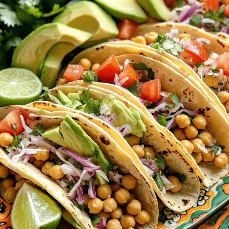 - 1 can (15 oz) chickpeas, thoroughly drained and rinsed - 1 tablespoon extra-virgin olive oil - Seasonings: smoked paprika, ground cumin, garlic powder, chili powder, salt, and pepper - 6 small corn tortillas - 1 cup finely shredded green cabbage - ½ cup ripe tomatoes, diced - ¼ cup red onion, finely diced - ½ ripe avocado, sliced softly - Fresh cilantro leaves and lime wedges for garnish This recipe brings together simple, fresh items. The chickpeas are the star. They become crispy and flavorful after roasting. The olive oil and spices create a tasty coat. You have smoked paprika, cumin, garlic powder, and chili powder. These spices add warmth and depth. Salt and pepper balance everything nicely. For the tacos, corn tortillas serve as the base. They hold the chickpeas and toppings well. Fresh cabbage adds a nice crunch. The tomatoes and red onions bring brightness. Soft avocado slices add creaminess. Garnish with cilantro and lime for zing. The mix of flavors and textures keeps it interesting. If you want the full experience, check out the Full Recipe for details. - Preheat the oven to 400°F (200°C). - In a bowl, mix chickpeas with olive oil and seasonings. - Spread the chickpeas on a baking sheet in a single layer. - Roast for 20-25 minutes, shaking the sheet halfway through. - Look for a golden brown color and a crunchy texture. - Warm the corn tortillas in a skillet over medium heat. - Fill each tortilla with roasted chickpeas and your favorite toppings. - Garnish with fresh cilantro and a squeeze of lime juice. For the full recipe, check the complete details above. Enjoy your crispy chickpea tacos! To get those chickpeas nice and crispy, shake the baking sheet halfway through roasting. This helps them cook evenly. Remember, don’t overcrowd the chickpeas on the baking sheet. If they are too close, they will steam instead of crisp. Give them space to roast. Want to add more flavor? Try new spices like cayenne or onion powder. These spices can change the taste and make your tacos exciting. You can also drizzle your favorite sauce on top before serving. It adds a tasty kick and makes your tacos more fun to eat. {{image_4}} You can switch chickpeas for other proteins. Black beans or lentils work well. They add different flavors and textures to your tacos. For a meat option, grilled chicken or shrimp makes a tasty choice. Just cook them until they are nice and golden. You can season these proteins just like chickpeas. Use the same spices for a delicious twist. Adding vegetables can enhance your tacos. Grilled bell peppers give a sweet taste. Roasted corn adds a nice crunch. You can also mix in jalapeños for some heat. This spice elevates your dish and excites your taste buds. Get creative with your veggie choices! Try different combinations based on what you like. Enjoy the flavors and make each taco unique. Store leftover crispy chickpeas in an airtight container at room temperature. This keeps them crunchy. For the assembled tacos, put them in the refrigerator. Consume them within a day to enjoy the best texture. To reheat chickpeas, use the oven at a low temperature. This helps retain crispiness. Warm tortillas briefly in a skillet before serving. This step adds softness and warmth, making your tacos even better. Follow the roasting technique outlined in the recipe for maximum crunch. First, preheat your oven to 400°F (200°C). Drain and rinse the chickpeas thoroughly, then mix them with olive oil and spices. Spread them evenly on a baking sheet, making sure not to overcrowd. Bake for 20-25 minutes, shaking the pan halfway through. This ensures every chickpea gets that perfect golden brown crunch. Yes, the recipe is naturally vegan as it contains no animal products. Chickpeas, spices, and veggies come together to create a tasty meal without any meat or dairy. The fresh ingredients make it nutritious and satisfying for everyone. Consider adding salsa, sour cream, or hot sauce for extra flavor. You can also try sliced jalapeños for heat or add a dollop of guacamole for creaminess. Fresh herbs like cilantro or parsley can brighten up each bite. Let your taste buds guide your toppings! They are best consumed fresh but can last 1-2 days if stored properly. Keep the chickpeas and tortillas separate to maintain crunchiness. Store leftover chickpeas in an airtight container at room temperature. Tacos can be wrapped in foil or placed in a fridge, but they may lose their crisp texture. Enjoy them fresh for the best experience! This post shows you how to make tasty chickpea tacos. You learned the key ingredients, from chickpeas to toppings. I shared detailed steps for preparing, roasting, and assembling your tacos. Remember, adding your favorite spices and trying different proteins can boost flavor. Enjoy this simple, healthy meal any night. These easy tacos will please your taste buds. Always store leftovers properly for the best taste. Enjoy your cooking!