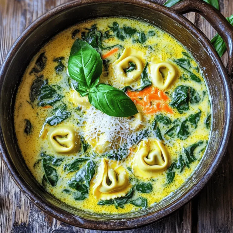 - 2 cups fresh spinach, roughly chopped - 1 medium onion, diced - 3 garlic cloves, minced - 1 carrot, grated - 4 cups vegetable broth - 1 cup heavy cream - 2 cups cheese tortellini (fresh or frozen) - 1 teaspoon dried basil - 1 teaspoon salt - 1/2 teaspoon black pepper - 2 tablespoons olive oil - Grated Parmesan cheese for serving (optional) - Fresh basil leaves for garnish (optional) To make this creamy spinach tortellini soup, you need fresh and pantry ingredients. Start with fresh spinach, onion, garlic, and carrot. Chop the spinach and dice the onion for a flavorful base. Mince the garlic and grate the carrot to add depth to the soup. From your pantry, grab vegetable broth and heavy cream. These ingredients create the rich, creamy texture. Cheese tortellini, either fresh or frozen, provides a hearty touch. Season with dried basil, salt, and black pepper. Olive oil is key for sautéing the veggies. For garnishing, consider grated Parmesan cheese and fresh basil leaves. They add a nice touch to your bowl. For the full recipe, check out the details above. - Heat olive oil in a large pot over medium heat. - Add diced onion and sauté until soft (4-5 minutes). - Stir in minced garlic and grated carrot; cook for an additional 2-3 minutes. Start by heating olive oil in a large pot. The oil should shimmer but not smoke. Add the diced onion and cook it until it turns soft and translucent, which takes about 4 to 5 minutes. This step builds the flavor base for your soup. Next, add the minced garlic and grated carrot. Cook them together for 2 to 3 minutes. The garlic will smell great, and the carrot adds a nice sweetness. - Pour in vegetable broth and bring to a gentle boil. - Add tortellini; cook per package instructions (3-5 minutes). After cooking the base, pour in the vegetable broth. Raise the heat to bring it to a gentle boil. Once you see bubbles, add the tortellini. Make sure to follow the package instructions for cooking time, usually around 3 to 5 minutes. Fresh tortellini will float when they are done. - Stir in chopped spinach, heavy cream, dried basil, salt, and pepper. - Simmer for 5-7 minutes until spinach is wilted and hot. Once the tortellini is cooked, reduce the heat to low. Stir in the chopped spinach, heavy cream, dried basil, salt, and pepper. Let the soup simmer for 5 to 7 minutes. The spinach should wilt and the soup will be hot. This is where the magic happens, turning simple ingredients into a creamy delight. For a complete guide, you can refer to the Full Recipe. - Adjust seasoning: taste and add extra salt or pepper as needed. - Use high-quality broth for richer flavor. In my kitchen, I always say a good soup starts with the right base. A high-quality vegetable broth can elevate your creamy spinach tortellini soup. It adds depth and richness that makes each bite delightful. Don't forget to taste as you go! Adding salt and pepper can bring out all the flavors. Sometimes, a little more salt makes a big difference. - Avoid burning garlic by stirring frequently. - Monitor tortellini closely to ensure proper cooking time. Garlic is a star in this soup, but it can burn easily. Stir it often when you sauté it with the onion and carrot. If you get distracted, the garlic can turn bitter. When adding tortellini, keep an eye on it as it cooks. Fresh tortellini usually takes just a few minutes to float to the top, signaling that it’s done. - Serve hot in deep bowls; garnish with Parmesan and basil. - Pair with crusty bread for a complete meal. For the best presentation, I love serving this soup in deep bowls. A sprinkle of grated Parmesan on top adds a nice touch. Fresh basil leaves not only look great but also add a burst of flavor. Pairing this soup with crusty bread completes the meal. You can dip the bread for a cozy and satisfying experience. Enjoy every spoonful! {{image_4}} You can make this soup even better! - Incorporate cooked chicken or shrimp for added protein. - Add other vegetables like peas, bell peppers, or mushrooms for extra nutrition. Do you need a different version? - Use dairy-free cream alternatives for a vegan option. - Substitute tortellini with gluten-free pasta for those with gluten issues. Want to change up the taste? - Add a splash of lemon juice for a fresh brightness. - Incorporate spices like crushed red pepper for heat. These changes can help you create your perfect bowl of creamy spinach tortellini soup. For the full recipe, check the recipe section. Store leftovers in an airtight container in the fridge for up to 3 days. This keeps the soup fresh and tasty. When you’re ready to enjoy it again, just pull it out and reheat. You can freeze the soup in portions. Use freezer-safe containers and store it for up to 3 months. This is perfect for quick meals later. Just label the containers with the date to keep track. Thaw the soup in the refrigerator overnight before reheating. This method is best to keep the cream from curdling. Warm the soup gently on the stove or in the microwave. Stir it well while heating to ensure it warms evenly. Enjoy your creamy spinach tortellini soup just like when you first made it! Consider adding a cornstarch slurry or reducing the broth during cooking. To make a cornstarch slurry, mix equal parts cornstarch and cold water. Stir this mixture into the soup as it simmers. This will thicken it nicely without changing the flavor. Reducing the broth means cooking the soup longer to let some liquid evaporate. Yes, frozen spinach can be used but ensure it’s thawed and drained before adding. Frozen spinach often comes pre-chopped, which saves time. Just squeeze out excess water after thawing. This step helps keep the soup from being too watery. You can use other pasta shapes or homemade dumplings if desired. Options like shells or penne work well too. Just note that cooking times may vary, so follow package instructions. You can even try using gnocchi for a fun twist! Yes, it can be made ahead and stored for easy future meals. This soup keeps well in the fridge for a few days. Just reheat gently on the stove or in the microwave. Remember, fresh toppings like cheese and basil should be added just before serving. Yes, consider using half-and-half or plant-based cream for a lighter alternative. Both options will keep your soup creamy while cutting down on fat. Experiment with different plant-based creams to find your favorite flavor! This soup combines fresh ingredients and pantry staples for a warm, tasty meal. Start with your base, then add broth and tortellini. Customize it with add-ins or spices to match your taste. Store leftovers in the fridge or freeze for later. This soup is easy to make and perfect for meal prep. Enjoy a bowl with crusty bread or a salad for a complete dish. Your kitchen will be filled with joy and warmth.