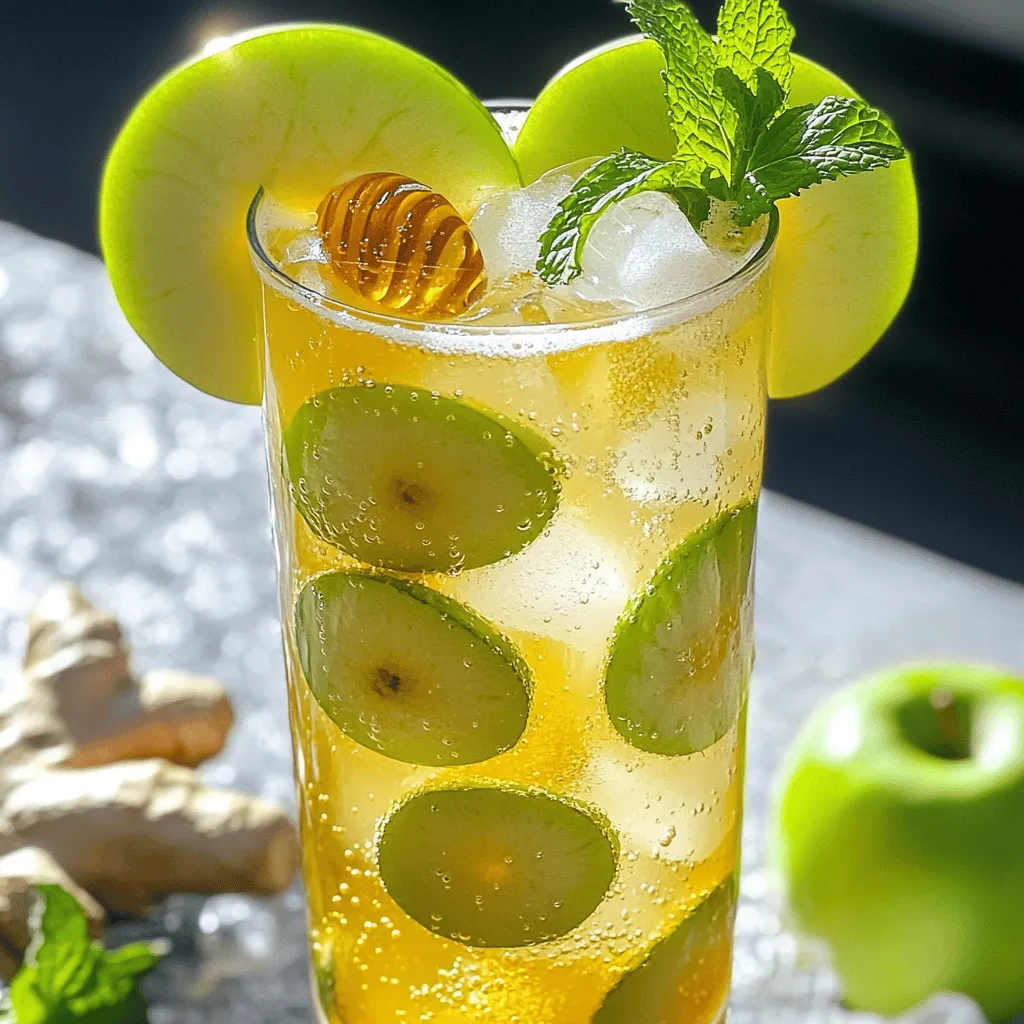 To make the Apple Ginger Sparkler, gather these items: - 2 cups sparkling water - 1 cup fresh apple juice - 1 tablespoon fresh ginger, finely grated - 1 tablespoon honey (or substitute with maple syrup for a vegan option) - Juice of 1 medium lemon - Slices of crisp apple for garnish - Fresh mint leaves for a fragrant touch - Ice cubes for serving You can change some ingredients if needed. Here are a few ideas: - Use club soda instead of sparkling water for less flavor. - Swap honey for agave syrup if you want a different sweet taste. - Replace apple juice with pear juice for a unique twist. - Choose lime juice instead of lemon for a zesty kick. Choosing fresh ingredients makes a big difference in taste. Here’s how to pick the best: - For apples, look for firm ones with no bruises. The skin should be smooth and shiny. - When picking ginger, choose pieces that feel heavy and firm. The skin should be smooth and dry. - Fresh mint should have bright green leaves without any brown spots. Smell it to ensure it’s fragrant. - Always opt for fresh juice instead of bottled to get the best flavor. First, gather all your ingredients. You will need: - 2 cups sparkling water - 1 cup fresh apple juice - 1 tablespoon fresh ginger, finely grated - 1 tablespoon honey (or maple syrup) - Juice of 1 medium lemon - Slices of crisp apple for garnish - Fresh mint leaves - Ice cubes Next, in a small mixing bowl, combine the ginger, honey, and lemon juice. Mix them well. Let this sit for about 5 minutes. This waiting time helps the flavors blend nicely. Now, grab a large pitcher. Pour in the fresh apple juice and sparkling water. Stir them gently. Then, add the ginger mixture to the pitcher. Make sure it mixes evenly. Stir gently again to combine everything. To serve, fill each glass with ice cubes. Carefully pour the Apple Ginger Sparkler over the ice. Fill the glasses to your liking. For a lovely touch, garnish each glass with apple slices and mint leaves. This adds color and aroma to your drink. Enjoy it right away for the best taste! To make the best Apple Ginger Sparkler, start with fresh ginger. Choose firm roots with smooth skin. Avoid wrinkled or soft ginger. Peel the ginger with a spoon for easy skin removal. Grate it finely using a microplane. This method releases more flavor. Let the grated ginger sit for a few minutes to enhance its taste. This step helps the ginger’s natural oils develop. Serving this drink cold makes it extra refreshing. Use chilled sparkling water and fresh apple juice. Prepare your glasses ahead of time by filling them with ice. Ice keeps the drink cool and enjoyable. You can also chill the glasses in the freezer for 10 minutes before serving. This adds an extra chill factor that everyone loves. You can boost the flavor of your Apple Ginger Sparkler with more ingredients. Try adding a splash of cranberry juice for tartness. This adds a lovely color and flavor twist. You can also infuse the drink with herbs. Fresh mint or basil leaves pair well with apple and ginger. Experiment with spices too; a pinch of cinnamon can add warmth. Remember, the goal is to create a drink that excites your taste buds. For the complete recipe, check out the Full Recipe. {{image_4}} You can make this drink even better by adding seasonal fruits. In summer, try fresh berries like strawberries or blueberries. In fall, add slices of pear or cinnamon sticks for warmth. For spring, consider citrus fruits like oranges or grapefruits. Each fruit adds its own flavor and color. This makes your Apple Ginger Sparkler unique and fun. If you want a different sweetness, swap honey for other options. Maple syrup works well and is vegan. You can also use agave syrup or stevia for a low-calorie choice. Each sweetener changes the taste a bit. Try different ones to find your favorite! Herbs and spices can change the vibe of this drink. Fresh mint adds a cool touch. Basil can give it a fresh twist. Try a pinch of ground cinnamon for warmth. You can even add a few drops of vanilla extract for extra depth. Experimenting with these ingredients can lead to delightful surprises! If you have extra Apple Ginger Sparkler, store it in the fridge. Use a tight lid to keep it fresh. This drink tastes best when cold. The fizz may fade if it sits too long. Use a sealed jar or bottle to help keep the bubbles. Store your ingredients separately for the best taste. Keep fresh ginger in a cool, dark place. If you have leftover apple juice, use it within three days. Honey can stay in your pantry. Keep mint leaves in the fridge with a damp paper towel. This helps them stay fresh longer. Apple Ginger Sparkler lasts about two days in the fridge. After that, the flavors and fizz may change. If you store the ingredients separately, they can last longer. Fresh apple juice will stay good for three days. Ginger can last a few weeks. Make sure to check for any spoilage before using. An Apple Ginger Sparkler is a fun drink that combines apple juice and ginger. It has a fizzy touch from sparkling water. The drink is both sweet and spicy, making it refreshing. I love how the ginger adds a nice kick. You can enjoy it on a hot day or at a party. This drink is easy to make and great for everyone. Yes, you can make this drink in advance, but with a few tips. Prepare the apple juice and ginger mix ahead of time. Keep the ginger mixture in the fridge until you are ready to serve. Just add the sparkling water and ice right before serving. This way, the drink stays fizzy and fresh. If you mix it too early, the bubbles will go flat. Ginger has many great benefits. It can help with digestion and reduce nausea. Ginger also has anti-inflammatory properties, which can help your body feel better. Plus, it adds a nice flavor to drinks. Using ginger in your Apple Ginger Sparkler makes it both tasty and healthy. You get the refreshing taste along with some wellness perks. In this article, we explored how to make a delicious Apple Ginger Sparkler. We covered essential ingredients and fresh selection tips. I shared steps for preparation and mixing, plus serving ideas. The tips and tricks helped you perfect ginger use and serving cold drinks. You also learned about variations, storage, and common questions. By following these steps, you can create a tasty drink that refreshes and delights. Enjoy your Apple Ginger Sparkler, and feel free to get creative with your own twists!