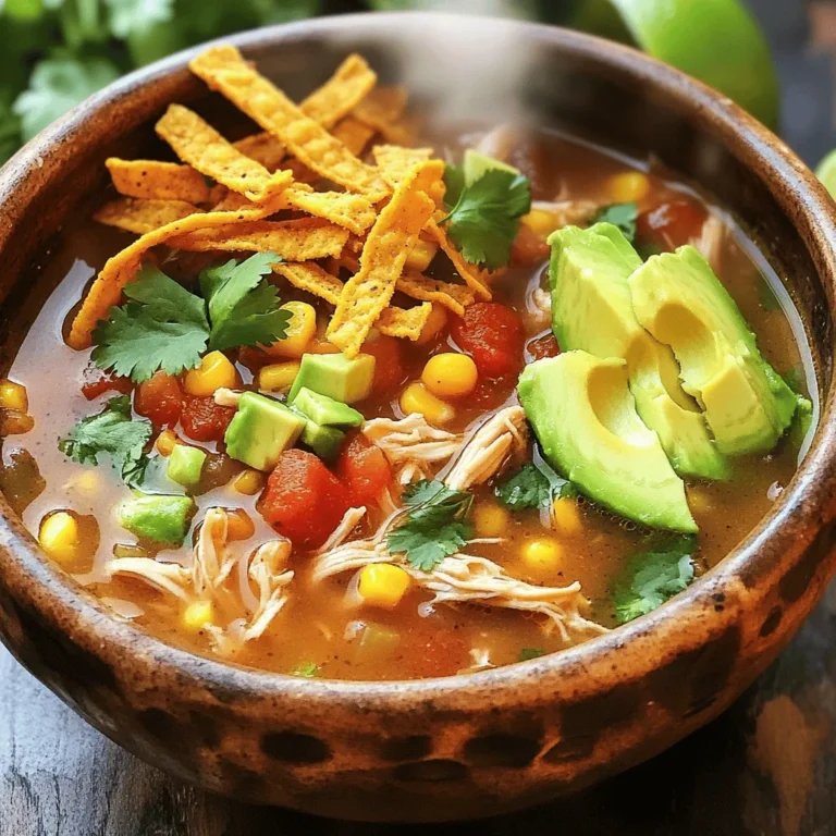 For a tasty bowl of chicken tortilla soup, you need these key ingredients: - 2 cups cooked chicken, shredded - 1 medium onion, finely chopped - 2 cloves garlic, minced - 1 can (14 oz) diced tomatoes with green chilies - 4 cups chicken broth - 1 can (15 oz) black beans, thoroughly rinsed and drained - 1 cup corn (frozen or canned) - 1 teaspoon ground cumin - 1 teaspoon chili powder - Salt and freshly ground black pepper to taste - 1 tablespoon olive oil These ingredients blend well for a quick and flavorful dish. The broth forms a rich base, while the chicken adds protein. The spices bring warmth and depth, making each bite special. Garnishes can elevate your soup. Here are some great options: - Tortilla strips - Fresh cilantro, finely chopped - Sliced avocado - Lime wedges Use these to add freshness and color. They also give a nice crunch and contrast to the warm soup. You can change some ingredients if you want. Here are some ideas: - Use turkey instead of chicken for a different flavor. - Try vegetable broth to make it vegetarian. - Swap black beans for pinto beans or kidney beans. - Use fresh corn instead of canned for a sweeter taste. These swaps keep the soup exciting and let you use what you have at home. For the full recipe, check out the detailed instructions above! 1. Heat the olive oil in a large pot over medium heat. 2. Add the chopped onion and sauté for about 5 minutes. The onion should be translucent. 3. Stir in the minced garlic for 1 minute. This will make the garlic fragrant. 4. Pour in the diced tomatoes, chicken broth, black beans, corn, cumin, and chili powder. 5. Stir all the ingredients well to combine. 6. Increase the heat to bring the soup to a gentle simmer. 7. Add the shredded chicken, then season with salt and pepper to taste. 8. Lower the heat and let the soup simmer for 15-20 minutes. This melds the flavors. 9. While the soup simmers, cut the tortillas into thin strips. 10. Spread the strips on a baking sheet and bake at 375°F for 10-12 minutes. 11. Taste the soup and adjust seasonings as needed. 12. Ladle the hot soup into bowls and garnish with tortilla strips, cilantro, and avocado. 13. Serve with lime wedges for a zesty kick. - Gather all your ingredients before starting. This saves time. - Use pre-cooked chicken to cut down on prep time. - Prepare the garnishes while the soup simmers. This keeps things moving fast. - Bake the tortilla strips while the soup cooks. Dual tasks save time. - Sautéing the onion and garlic first brings out their natural sweetness. - Simmering the soup allows flavors to blend well. - Using fresh herbs like cilantro brightens the dish. - Serving with lime adds a fresh pop of flavor. Experiment with these steps to make your Easy Chicken Tortilla Soup even better. You can find the Full Recipe to follow along easily. Enjoy creating a comforting bowl of soup! To make your chicken tortilla soup truly shine, focus on the broth. Use a quality chicken broth. This adds depth to your dish. Also, let your soup simmer long enough. This melds the flavors beautifully. Taste as you go. This way, you can adjust the salt and spices. Fresh lime juice brings out the flavors. A squeeze just before serving makes a big difference. One common mistake is adding too many ingredients at once. Each item needs its moment to shine. Add the chicken last, so it stays tender. Also, don’t skip the tortilla strips. They add a delightful crunch. Remember to bake them until crispy. If they are soft, the soup will lack texture. Serve your soup in colorful bowls. A visual feast makes it more enjoyable. Layer the garnishes, too. Start with the soup, then add tortilla strips, cilantro, and avocado. This not only looks nice but also enhances each bite. Encourage guests to squeeze lime over their soup. This adds brightness and freshness. For the full recipe, check the details above and enjoy! {{image_4}} You can easily switch this dish to fit a vegetarian or vegan diet. Instead of chicken, use chickpeas or lentils. These add protein and a nice texture. Swap chicken broth with vegetable broth for a rich base. Add more veggies like zucchini or bell peppers to boost flavor and nutrition. You can also include tofu for a hearty bite. This way, you keep the soup filling and delicious. If you crave heat, try adding jalapeños or serrano peppers. Chop them finely and stir them in with the onions. For a smokier flavor, use chipotle peppers in adobo sauce. Just a little bit goes a long way! To enhance the spice, sprinkle in some cayenne pepper or hot sauce before serving. These twists will make your soup a fiery treat. Feel free to change ingredients based on your tastes! Instead of black beans, try pinto beans or kidney beans. You could also use fresh corn if it's in season. If you love a tangy touch, toss in diced green apples or pineapple. They add a sweet contrast to the savory broth. These swaps make each bowl unique and exciting. For the full recipe, check out the detailed steps provided. To keep your chicken tortilla soup fresh, let it cool first. Once cool, transfer the soup to an airtight container. You can store it in the fridge for up to three days. If you want to keep it longer, consider freezing it. Just make sure to leave some space in the container for expansion. When you’re ready to enjoy your leftover soup, reheat it on the stove. Pour the soup into a pot and warm it over medium heat. Stir it often to avoid burning. Heat until it bubbles gently. You can also microwave it, but stir halfway to heat evenly. Add a splash of broth or water if it seems thick. Freezing is a great way to store your chicken tortilla soup. Use freezer-safe containers or bags. Split the soup into smaller portions for easy thawing. Label each container with the date. When you’re ready to use it, thaw the soup in the fridge overnight. Reheat it on the stove for the best taste. Always check for flavor and seasoning and adjust if needed. You can serve Chicken Tortilla Soup with several tasty sides. I love pairing it with warm cornbread or crunchy tortilla chips. A fresh salad with lime dressing adds a nice touch, too. You can also serve it with guacamole and salsa for extra flavor. Yes, you can make Chicken Tortilla Soup ahead of time. This soup tastes great when made a day before. Just store it in the fridge after it cools. When you're ready to eat, heat it on the stove until warm. Chicken Tortilla Soup lasts about 3 to 4 days in the fridge. Make sure to store it in an airtight container. To keep it fresh, avoid letting it sit out for too long. Yes, this recipe can be gluten-free. Just use gluten-free tortilla strips. Check the labels on canned ingredients, like broth and beans, to ensure they are gluten-free. To spice up your Chicken Tortilla Soup, add more chili powder or diced jalapeños. You can also stir in hot sauce for an extra kick. For a smoky flavor, try adding chipotle peppers. For more ideas, check out the full recipe. You learned about the key ingredients, cooking steps, and tips for chicken tortilla soup. Variations for diet needs and storage tips were also covered. Keep experimenting with flavors and garnishes. Making it your own will bring joy. Remember, avoid common mistakes for the best results. Enjoy sharing this soup with friends and family. It’s a simple dish that brings warmth and flavor to any table. Try new ideas and have fun with it!