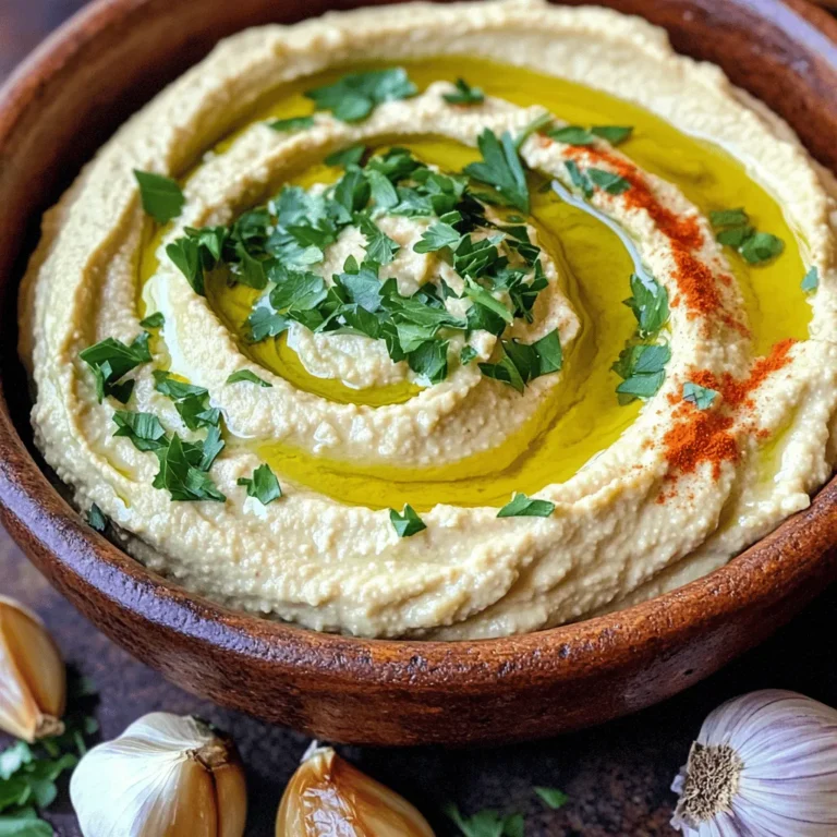 To make roasted garlic hummus, gather these essential ingredients: - 1 cup canned chickpeas, rinsed and drained - 1/4 cup tahini - 1/4 cup extra virgin olive oil - 1 whole head of garlic - 2 tablespoons freshly squeezed lemon juice - 1/2 teaspoon ground cumin - Sea salt, to taste - Water, as needed These ingredients work together to create a creamy and delicious hummus. The chickpeas provide a smooth base, while tahini adds richness. Roasted garlic brings a sweet, mellow flavor that transforms the dish. To elevate your hummus, consider these optional garnishes: - Chopped fresh parsley - Smoked paprika Adding these garnishes gives your hummus a pop of color. Fresh parsley adds a touch of brightness, while smoked paprika contributes a subtle warmth. You will need a few key tools to prepare your hummus: - Food processor - Aluminum foil - Baking sheet A food processor is essential for achieving a smooth texture. Aluminum foil helps roast the garlic evenly, while a baking sheet supports the garlic in the oven. For the full recipe, check out the complete guide to making roasted garlic hummus. Enjoy the process and get ready for a tasty treat! To start, I preheat my oven to 400°F (200°C). This heat helps the garlic roast well. Next, I take a whole head of garlic and cut off the top. I make sure to expose the tops of the cloves. Then, I drizzle a little olive oil over the cloves. This step helps the garlic stay moist. I wrap the garlic in aluminum foil tightly and place it in the oven. I roast it for about 30-35 minutes. The cloves should turn soft and golden brown. After roasting, I let it cool for a few minutes. In my food processor, I add 1 cup of rinsed chickpeas and 1/4 cup of tahini. Then, I squeeze in 2 tablespoons of lemon juice and add 1/2 teaspoon of ground cumin. I also sprinkle in some sea salt. Next, I squeeze the roasted garlic cloves from their skins into the bowl. I usually use three to four cloves for a great flavor. I blend everything until it becomes smooth and creamy. While blending, I slowly drizzle in 1/4 cup of extra virgin olive oil. If the hummus feels too thick, I add water by the tablespoon until I like the texture. Once my hummus is smooth, I taste it to check if it needs more salt or lemon juice. This step is key for flavor balance. I then transfer the hummus to a serving bowl. I drizzle a bit of olive oil on top to add richness. For a pop of color, I garnish it with chopped parsley and a sprinkle of smoked paprika. To serve, I love pairing the hummus with fresh pita bread or sliced veggies. This makes for a great snack or appetizer. You can find the Full Recipe [here]. To get the right texture, start with good chickpeas. Use canned chickpeas for ease. Rinse and drain them well to remove excess salt. When blending, add olive oil slowly. If your hummus is too thick, add water a bit at a time. This makes it smooth and creamy. Roasted garlic is the star here, but you can add more flavor. Try adding herbs like fresh parsley or basil. A pinch of smoked paprika gives a nice kick. For a zestier taste, add more lemon juice. Taste as you go—this is key! One big mistake is not roasting the garlic enough. Soft, golden cloves bring the best flavor. Another common error is adding too much water at once. This can make your hummus runny. Lastly, don’t forget to taste your blend. Adjusting salt and lemon juice helps create a balanced dip. For the full recipe, refer to the main article. {{image_4}} You can change the flavor of your hummus easily. Adding herbs like basil or cilantro gives a fresh taste. For a warm twist, try adding spices like smoked paprika or chili powder. Just a pinch can turn your dip into a flavor explosion. Mix in fresh herbs or spices after blending for the best taste. While chickpeas are classic, other beans work well too. White beans, like cannellini, add creaminess. Black beans offer a rich, earthy flavor. You can even use lentils for a different texture. Each bean brings its own taste. Feel free to swap them out and explore new flavors. If you love heat, this spicy hummus is for you. Start with the full recipe and add heat! After blending, mix in chopped jalapeños or a splash of hot sauce. You can also use crushed red pepper for a milder kick. This spicy version pairs well with crunchy veggies or pita chips, making your snack time exciting. To keep your roasted garlic hummus fresh, store it in an airtight container. This helps prevent exposure to air, which can lead to spoilage. Always let the hummus cool completely if you just made it. Once cooled, cover it tightly and place it in the fridge. You can freeze hummus for later use. Portion it into smaller containers. This makes it easy to thaw only what you need. Leave a little space at the top of the container. Hummus expands when frozen. When you’re ready to eat it, thaw it in the fridge overnight. Stir well before serving. Homemade roasted garlic hummus lasts about five to seven days in the fridge. Check for any off smells or changes in color. If you see any mold, it’s best to throw it away. Fresh hummus should have a smooth texture and rich aroma. Keeping these tips in mind helps you enjoy your hummus at its best. Don't forget to check the [Full Recipe] for the perfect hummus experience! Roasted garlic can last about one week in the fridge. Store it in a sealed container. If you want to keep it longer, you can freeze it. Roasted garlic freezes well and can last up to three months. Yes, you can use fresh garlic, but the flavor will be different. Fresh garlic is sharp and strong, while roasted garlic is sweet and mild. If you want a more intense garlic taste, add a small amount of fresh garlic to your hummus. Start with one clove and adjust to your taste. Roasted garlic offers many health benefits. It can help boost your immune system. It also may lower blood pressure and improve heart health. Roasted garlic is rich in antioxidants, which fight free radicals. Plus, it can aid digestion and add flavor to meals without extra fat or salt. Enjoying roasted garlic in hummus gives you these benefits in a tasty way. This blog covered all you need for tasty roasted garlic hummus. We explored key ingredients, helpful tools, and the easy steps for making hummus. You learned tips to get the right texture and boost flavor. We shared fun variations to try, plus essential storage advice. Roasted garlic hummus is simple and fun to make. Enjoy the process and don't hesitate to get creative with your flavors! Remember, practice makes perfect.