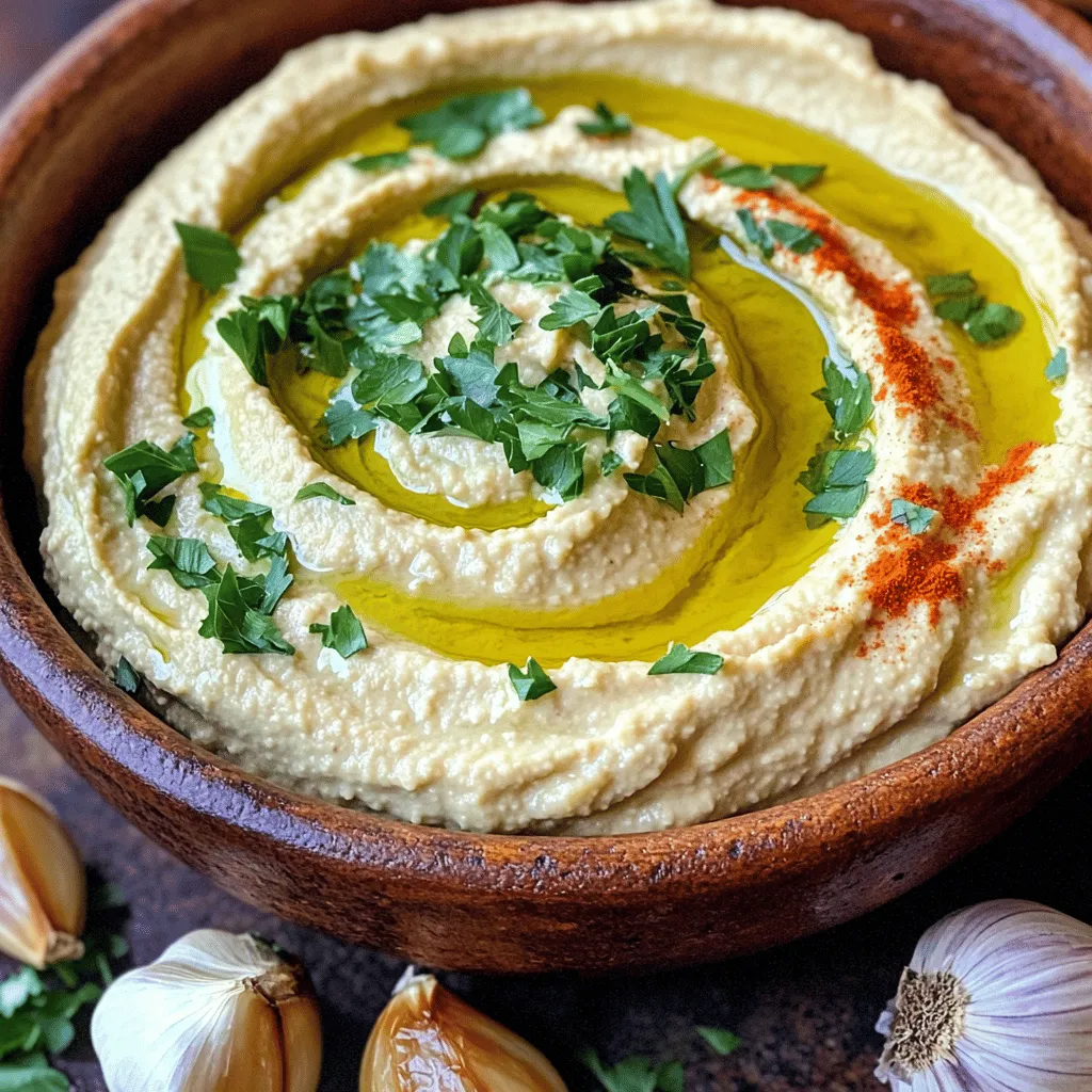 To make roasted garlic hummus, gather these essential ingredients: - 1 cup canned chickpeas, rinsed and drained - 1/4 cup tahini - 1/4 cup extra virgin olive oil - 1 whole head of garlic - 2 tablespoons freshly squeezed lemon juice - 1/2 teaspoon ground cumin - Sea salt, to taste - Water, as needed These ingredients work together to create a creamy and delicious hummus. The chickpeas provide a smooth base, while tahini adds richness. Roasted garlic brings a sweet, mellow flavor that transforms the dish. To elevate your hummus, consider these optional garnishes: - Chopped fresh parsley - Smoked paprika Adding these garnishes gives your hummus a pop of color. Fresh parsley adds a touch of brightness, while smoked paprika contributes a subtle warmth. You will need a few key tools to prepare your hummus: - Food processor - Aluminum foil - Baking sheet A food processor is essential for achieving a smooth texture. Aluminum foil helps roast the garlic evenly, while a baking sheet supports the garlic in the oven. For the full recipe, check out the complete guide to making roasted garlic hummus. Enjoy the process and get ready for a tasty treat! To start, I preheat my oven to 400°F (200°C). This heat helps the garlic roast well. Next, I take a whole head of garlic and cut off the top. I make sure to expose the tops of the cloves. Then, I drizzle a little olive oil over the cloves. This step helps the garlic stay moist. I wrap the garlic in aluminum foil tightly and place it in the oven. I roast it for about 30-35 minutes. The cloves should turn soft and golden brown. After roasting, I let it cool for a few minutes. In my food processor, I add 1 cup of rinsed chickpeas and 1/4 cup of tahini. Then, I squeeze in 2 tablespoons of lemon juice and add 1/2 teaspoon of ground cumin. I also sprinkle in some sea salt. Next, I squeeze the roasted garlic cloves from their skins into the bowl. I usually use three to four cloves for a great flavor. I blend everything until it becomes smooth and creamy. While blending, I slowly drizzle in 1/4 cup of extra virgin olive oil. If the hummus feels too thick, I add water by the tablespoon until I like the texture. Once my hummus is smooth, I taste it to check if it needs more salt or lemon juice. This step is key for flavor balance. I then transfer the hummus to a serving bowl. I drizzle a bit of olive oil on top to add richness. For a pop of color, I garnish it with chopped parsley and a sprinkle of smoked paprika. To serve, I love pairing the hummus with fresh pita bread or sliced veggies. This makes for a great snack or appetizer. You can find the Full Recipe [here]. To get the right texture, start with good chickpeas. Use canned chickpeas for ease. Rinse and drain them well to remove excess salt. When blending, add olive oil slowly. If your hummus is too thick, add water a bit at a time. This makes it smooth and creamy. Roasted garlic is the star here, but you can add more flavor. Try adding herbs like fresh parsley or basil. A pinch of smoked paprika gives a nice kick. For a zestier taste, add more lemon juice. Taste as you go—this is key! One big mistake is not roasting the garlic enough. Soft, golden cloves bring the best flavor. Another common error is adding too much water at once. This can make your hummus runny. Lastly, don’t forget to taste your blend. Adjusting salt and lemon juice helps create a balanced dip. For the full recipe, refer to the main article. {{image_4}} You can change the flavor of your hummus easily. Adding herbs like basil or cilantro gives a fresh taste. For a warm twist, try adding spices like smoked paprika or chili powder. Just a pinch can turn your dip into a flavor explosion. Mix in fresh herbs or spices after blending for the best taste. While chickpeas are classic, other beans work well too. White beans, like cannellini, add creaminess. Black beans offer a rich, earthy flavor. You can even use lentils for a different texture. Each bean brings its own taste. Feel free to swap them out and explore new flavors. If you love heat, this spicy hummus is for you. Start with the full recipe and add heat! After blending, mix in chopped jalapeños or a splash of hot sauce. You can also use crushed red pepper for a milder kick. This spicy version pairs well with crunchy veggies or pita chips, making your snack time exciting. To keep your roasted garlic hummus fresh, store it in an airtight container. This helps prevent exposure to air, which can lead to spoilage. Always let the hummus cool completely if you just made it. Once cooled, cover it tightly and place it in the fridge. You can freeze hummus for later use. Portion it into smaller containers. This makes it easy to thaw only what you need. Leave a little space at the top of the container. Hummus expands when frozen. When you’re ready to eat it, thaw it in the fridge overnight. Stir well before serving. Homemade roasted garlic hummus lasts about five to seven days in the fridge. Check for any off smells or changes in color. If you see any mold, it’s best to throw it away. Fresh hummus should have a smooth texture and rich aroma. Keeping these tips in mind helps you enjoy your hummus at its best. Don't forget to check the [Full Recipe] for the perfect hummus experience! Roasted garlic can last about one week in the fridge. Store it in a sealed container. If you want to keep it longer, you can freeze it. Roasted garlic freezes well and can last up to three months. Yes, you can use fresh garlic, but the flavor will be different. Fresh garlic is sharp and strong, while roasted garlic is sweet and mild. If you want a more intense garlic taste, add a small amount of fresh garlic to your hummus. Start with one clove and adjust to your taste. Roasted garlic offers many health benefits. It can help boost your immune system. It also may lower blood pressure and improve heart health. Roasted garlic is rich in antioxidants, which fight free radicals. Plus, it can aid digestion and add flavor to meals without extra fat or salt. Enjoying roasted garlic in hummus gives you these benefits in a tasty way. This blog covered all you need for tasty roasted garlic hummus. We explored key ingredients, helpful tools, and the easy steps for making hummus. You learned tips to get the right texture and boost flavor. We shared fun variations to try, plus essential storage advice. Roasted garlic hummus is simple and fun to make. Enjoy the process and don't hesitate to get creative with your flavors! Remember, practice makes perfect.