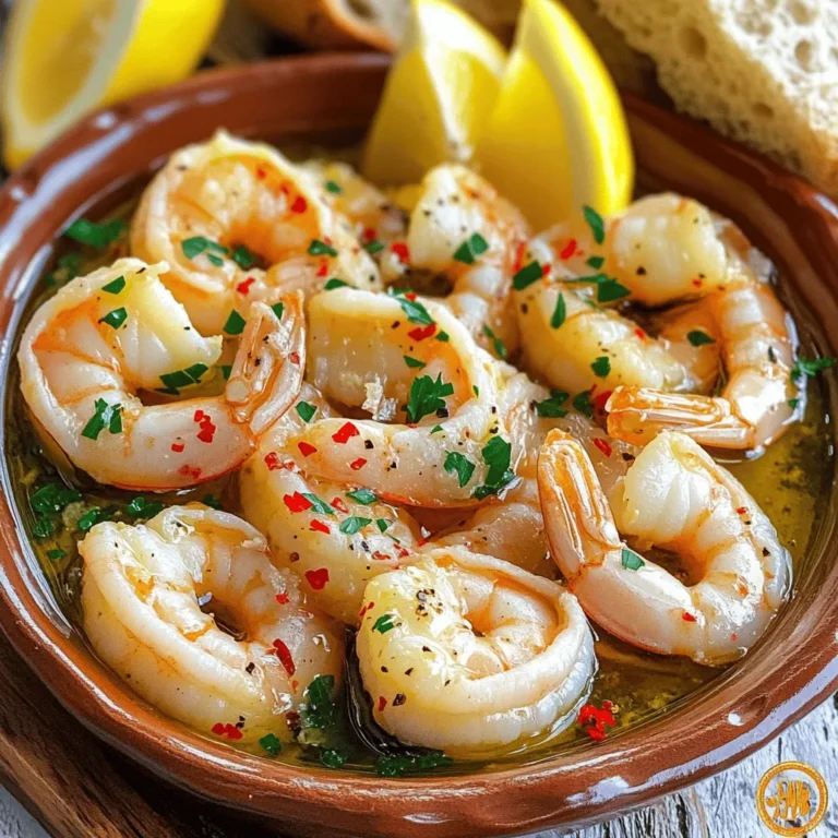 - 1 lb large shrimp, peeled and deveined - 4 cloves garlic, minced - 3 tablespoons olive oil - 1 teaspoon red pepper flakes (adjust to taste) - 1 tablespoon fresh lemon juice - 1 tablespoon fresh parsley, finely chopped - Salt and freshly ground black pepper to taste - Lemon wedges for serving For this easy garlic shrimp dish, you need just a few fresh ingredients. The shrimp should be large, peeled, and deveined. This helps them cook evenly and taste great. Fresh garlic is key. It gives the dish a strong flavor. Olive oil adds richness. Red pepper flakes bring heat, but you can adjust this to fit your taste. Adding lemon juice brightens the dish. Fresh parsley adds color and a hint of earthiness. Salt and black pepper finish the flavor. Serve with lemon wedges for that extra zing. You can find the complete recipe [Full Recipe]. This meal is quick to make and perfect for any night! - Rinse and dry shrimp - Mince garlic - Prepare lemon and parsley Start by rinsing the shrimp under cold water. Make sure to remove any dirt. Once rinsed, use paper towels to dry the shrimp. This helps achieve a nice sear later. Next, mince the garlic into small pieces. This adds flavor to the dish. Finally, cut the lemon in half and chop the parsley finely. Set these aside for later. - Heat olive oil - Sauté garlic - Cook shrimp In a large skillet, pour in the olive oil. Heat it over medium-high heat. Wait until the oil shimmers but does not smoke. Then, add the minced garlic. Sauté it for about 30 seconds. Stir it often to avoid burning. You will smell a great aroma when it’s ready. Now, add the shrimp in a single layer. Sprinkle red pepper flakes, salt, and black pepper on top. Cook the shrimp for 2-3 minutes on each side. They should turn pink and opaque. - Add lemon juice - Garnish with parsley - Serve with lemon wedges When the shrimp are done, take the skillet off the heat. Squeeze lemon juice over the shrimp and toss them gently. This adds a bright flavor. Next, sprinkle the chopped parsley on top for color. Lastly, transfer the shrimp to a serving plate and arrange lemon wedges around them. This makes the dish look nice and inviting. For the full recipe, check the detailed instructions above. Drying shrimp is key. It ensures a nice sear and prevents steaming. After rinsing, pat them dry with paper towels. This simple step makes a big difference in texture. Adjusting spice levels is easy. If you like heat, add more red pepper flakes. For a milder dish, reduce the amount. You control the flavor profile, making it your own. For presentation, use a large shallow dish. Arrange the shrimp and garnish with lemon wedges and parsley. This makes your meal look inviting and fresh. Pair this dish with crusty bread. It’s perfect for soaking up the flavorful garlic oil. A crisp salad or rice also works well. For drinks, try a chilled white wine. It complements the shrimp beautifully. You can find the full recipe in the earlier sections of this article. {{image_4}} You can change the flavor of your easy garlic shrimp by adding fresh herbs. Basil and cilantro bring a bright taste. Just chop them finely and sprinkle them in at the end. You can also mix in vegetables. Bell peppers add crunch and color. Spinach wilts down and adds nutrients. You can sauté these with the garlic to infuse their flavors into the shrimp. Grilling shrimp is fun and gives a smoky flavor. To grill, thread the shrimp on skewers and brush them with olive oil and seasoning. Grill them for about 2-3 minutes on each side until they are pink. If you prefer oven-baking, preheat your oven to 400°F. Place the shrimp in a single layer on a baking sheet. Drizzle with olive oil and season them. Bake for about 8-10 minutes. They will turn pink and cook through. Both methods keep the dish simple and delicious. For the full recipe, check out the Sizzling Garlic Shrimp Delight 🦐. To keep your garlic shrimp fresh, use airtight containers. Glass or plastic containers work well. Make sure they seal tightly to lock in flavor. Store the shrimp in the fridge. They will last for up to two days. After that, the quality may drop. When reheating, use low heat to keep the shrimp tender. A skillet is great for this. Add a splash of olive oil to help restore moisture. Stir gently to avoid overcooking. If you prefer the microwave, use a microwave-safe dish. Heat for short bursts, checking often. This way, you keep that tasty garlic flavor intact. Yes, you can use frozen shrimp. Just remember to thaw them first. To thaw shrimp properly, place them in the fridge overnight or run them under cold water for about 10-15 minutes. Make sure to dry them well with paper towels. This step ensures they cook evenly. To adjust the spice level, you can add or reduce red pepper flakes. For a milder dish, use less than a teaspoon. You can also add more garlic for flavor without heat. If you want more spice, add extra red pepper flakes or some sliced jalapeños while cooking. Garlic shrimp pairs well with many sides. Here are a few options: - Steamed rice or quinoa for a filling meal - Crusty bread to soak up the garlic oil - A fresh green salad for crunch and color - Roasted vegetables for extra flavor and nutrition These sides will enhance your garlic shrimp and make it a complete meal. For the full recipe, check out the section above. This blog post shared a simple and tasty garlic shrimp recipe. We covered key ingredients, easy steps, and useful tips. You learned how to cook shrimp perfectly and adjust flavors to your liking. We also explored variations and storage tips. Now you can enjoy this dish and impress friends at dinner. With your new skills, shrimp night will be a hit! Get creative and have fun with the recipe. Enjoy cooking and delighting your taste buds!