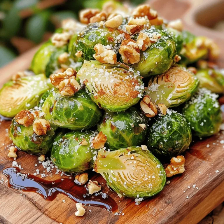 - 1 pound Brussels sprouts - 3 tablespoons olive oil - 2 tablespoons maple syrup - 2 tablespoons balsamic vinegar - 1 teaspoon garlic powder - 1 teaspoon smoked paprika - Salt and pepper to taste - 1/4 cup chopped walnuts (optional) - 2 tablespoons grated Parmesan cheese (optional) To create crispy Brussels sprouts, start with fresh Brussels sprouts. Look for firm, small ones for the best taste. Trim the ends and cut each sprout in half. This helps them cook evenly and get crispy. Next, use olive oil to coat the sprouts. It adds flavor and helps them crisp up in the oven. Maple syrup and balsamic vinegar give the sprouts a sweet and tangy glaze. These flavors work great together! For seasonings, garlic powder and smoked paprika add depth. Adjust salt and pepper to match your taste. If you want to add crunch, use walnuts. Grated Parmesan cheese also makes a delicious topping. You can find the full recipe in the article. Enjoy the process, and get ready for a tasty side dish! - Preheat oven to 425°F (220°C). - Trim and halve the Brussels sprouts. Start by preheating your oven. This step is vital for a perfect roast. Next, take your Brussels sprouts and trim off the tough ends. Then, cut each sprout in half. This helps them cook evenly and get crispy. - Mixing oil and seasonings. - Tossing the Brussels sprouts to coat evenly. In a large bowl, pour in three tablespoons of olive oil. Add garlic powder, smoked paprika, salt, and pepper. Mix well. Now, toss in the halved Brussels sprouts. Use your hands to coat them evenly. Each sprout should be shiny and full of flavor. - Spread out on a baking sheet. - Roasting time and tips for even crispiness. Spread the Brussels sprouts in a single layer on a baking sheet. Make sure there’s space between them; this helps with crispiness. Roast them for 20-25 minutes. Halfway through, stir them around. This helps them brown evenly for that perfect crunch. - Whisking together maple syrup and balsamic vinegar. While the sprouts roast, it’s time to make the glaze. In a small bowl, mix two tablespoons of maple syrup with two tablespoons of balsamic vinegar. Whisk until combined. This glaze adds a sweet and tangy kick to the sprouts. - Drizzling glaze and optional toppings. - Return to oven for additional roasting. Once the Brussels sprouts are done roasting, take them out of the oven. Drizzle the maple balsamic glaze over them. Toss gently to coat each sprout. For extra flavor, sprinkle chopped walnuts and grated Parmesan cheese on top. Return the baking sheet to the oven for another 5 minutes to caramelize the glaze. Serve these crispy Brussels sprouts warm for the best taste. Full Recipe can be found in the earlier section for a complete guide. To get the best crispiness, space matters. Place your Brussels sprouts in a single layer on the baking sheet. This helps them roast evenly. If they touch, they will steam instead of crisp. Stirring is key, too. Halfway through cooking, give them a good stir. This ensures all sides get that golden brown color. You can boost flavor with simple spices. Try adding cayenne for heat or lemon zest for brightness. Fresh herbs like thyme or rosemary also work great. For toppings, consider adding crunchy nuts or cheese. Chopped walnuts or grated Parmesan cheese add fun textures and flavors. Avoid overcrowding your pan. If you pack the sprouts too tight, they won’t crisp up. They need room to breathe. Also, always preheat your oven. A hot oven starts the cooking process right. If the oven isn’t hot enough, you’ll lose that nice crunch. For the full recipe, check out the complete guide on making crispy Brussels sprouts with bacon! {{image_4}} You can make crispy Brussels sprouts without bacon. For a tasty vegetarian version, skip the bacon and add a mix of nuts. Try using walnuts or pecans for crunch. You can also sprinkle on some nutritional yeast to give it a cheesy flavor. Adding roasted chickpeas can boost protein and flavor, making it hearty. To change the taste, try new herbs or spices. Rosemary or thyme can add a lovely earthiness. You could also use chili flakes for some heat. For a fresh twist, add lemon or orange zest. The citrus brightens up the dish and makes it pop. You can squeeze fresh lemon juice over the sprouts after roasting for extra zing. Crispy Brussels sprouts pair well with meats like chicken, pork, or fish. Serve them as a side to grilled chicken for a balanced meal. If you want plant-based protein, try adding lentils or quinoa. This makes the dish more filling and nutritious. You can also toss in some cooked bacon if you like the flavor and want to keep the original dish vibe. For the full recipe, check out the details on how to make this delicious side dish! To keep your crispy Brussels sprouts fresh, you need to cool them well. Allow them to sit at room temperature for about 30 minutes. This prevents moisture buildup. After they cool, use airtight containers. Glass or plastic containers work great. Make sure they are sealed tightly to keep out air. Store them in the fridge for up to three days. When it’s time to enjoy your leftovers, reheating is key. Use an oven or an air fryer. Preheat the oven to 350°F (175°C). Spread the sprouts on a baking sheet. Heat them for about 10 to 15 minutes. This helps regain their crispiness. If using an air fryer, set it to 375°F (190°C) for about 5 to 7 minutes. To keep the sprouts crunchy, avoid using the microwave. The microwave makes them soggy, which is not ideal. Enjoy your tasty side dish again with these simple steps. For the full recipe, check out the detailed instructions above! To make crispy Brussels sprouts, follow these steps: 1. Preheat your oven to 425°F (220°C). 2. Trim and halve 1 pound of Brussels sprouts. 3. Mix 3 tablespoons of olive oil, 1 teaspoon of garlic powder, and 1 teaspoon of smoked paprika in a bowl. 4. Toss the halved sprouts in the oil mixture until they are well coated. 5. Spread the sprouts on a baking sheet in a single layer. 6. Roast them for 20-25 minutes, stirring halfway through. 7. Drizzle with a maple balsamic glaze and toss. 8. Return to the oven for 5 more minutes for extra flavor. This method gives you a delicious side dish with a crisp texture. You can use frozen Brussels sprouts, but they might not get as crispy. Frozen sprouts often have more moisture. This can lead to steaming instead of roasting. If you use them, thaw first and pat dry to help with crispiness. Fresh is always best for a crunchy bite. Crispy Brussels sprouts pair well with many dishes. Try serving them with: - Grilled chicken - Roasted pork - Quinoa salad - Baked salmon These options balance flavors and make for a hearty meal. Crispy Brussels sprouts last in the fridge for about 3-4 days. Store them in an airtight container. This helps keep them fresh and safe to eat. However, they may lose some crispiness over time. Yes, you can prep Brussels sprouts ahead of time. Trim and halve them and store in the fridge for up to 2 days. For cooking, roast them fresh for the best texture. If you need to reheat, use the oven to keep them crispy. For the complete recipe for crispy Brussels sprouts with bacon, check out the [Full Recipe]. In this blog post, we explored how to make crispy Brussels sprouts. You learned about the key ingredients, from Brussels sprouts to maple syrup. We covered easy step-by-step instructions, tips for crispiness, and ways to customize flavors. Remember, good cooking involves attention to detail and a dash of creativity. With the right techniques, you can enjoy this tasty dish at home. Now, go ahead and try making it for yourself!