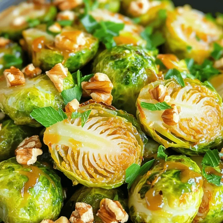 - 1 lb Brussels sprouts, trimmed and halved - 3 tablespoons extra virgin olive oil - 2 tablespoons pure maple syrup - 1 tablespoon Dijon mustard - 1 teaspoon garlic powder - 1/4 cup chopped walnuts (optional for added crunch) - Fresh parsley, roughly chopped, for garnish (optional) - Salt - Freshly ground black pepper When making Maple Mustard Brussels Sprouts, the main ingredients are key to flavor. Brussels sprouts bring a nice crunch. Extra virgin olive oil adds richness, while pure maple syrup gives a sweet touch. Dijon mustard adds a tangy kick that ties it all together. You might want to add garlic powder for more flavor. If you like crunch, chopped walnuts work well. A sprinkle of fresh parsley adds color and freshness to the dish. For seasoning, salt and freshly ground black pepper enhance the taste. Be sure to adjust these to your liking. The balance of flavors makes this dish a standout! Check the [Full Recipe] for detailed steps to prepare these delightful sprouts. - Preheat your oven to 400°F (200°C). - Line a baking sheet with parchment paper. This makes cleanup easy. - In a bowl, combine olive oil, maple syrup, Dijon mustard, and garlic powder. - Season with salt and pepper. Whisk until smooth. - Add halved Brussels sprouts to the dressing. - Toss until evenly coated. Make sure every sprout gets some flavor. - Spread sprouts on the baking sheet in a single layer. - If you like, sprinkle with walnuts for crunch. - Roast for 25-30 minutes. Remember to stir halfway through for even cooking. - Check if the sprouts are fork-tender and caramelized. - Garnish with fresh parsley before serving. This adds color and freshness to your dish. For the complete recipe, check out the [Full Recipe]. To get that golden-brown color, you need to space the Brussels sprouts well on the baking sheet. If they are too close, they will steam instead of roast. Stir them halfway through cooking. This helps them cook evenly and get that nice caramelized look. You can add more flavor by mixing in balsamic vinegar for a tangy twist. This will balance the sweetness of the maple syrup. Also, try using herbs like thyme or rosemary. These herbs add a fresh taste that brightens the dish. Use a large mixing bowl when tossing your ingredients. This gives you enough space to coat the Brussels sprouts well. A high-quality baking sheet is key for even roasting. It helps them brown nicely without sticking. For the full recipe, check out the details above. {{image_4}} To make this dish vegan, swap out the Dijon mustard for a vegan option. There are many great choices available, like a chickpea or tahini-based mustard. These alternatives keep the flavor bold and rich, just like the traditional recipe. You won’t lose any taste while making it plant-based. If you need a nut-free dish, simply leave out the walnuts. The Brussels sprouts will still have a lovely texture and taste. The maple and mustard glaze adds all the flavor you want. You can enjoy this dish without any worries about allergies. For a heartier meal, consider adding protein. Roasted chickpeas or crispy tofu work great here. They pair perfectly with the sweet and tangy flavors of the Brussels sprouts. You can serve them together on the same plate for a filling and nutritious dish. This option makes it easy to create a balanced meal. For the full recipe, check out the details above! Store any leftover Maple Mustard Brussels Sprouts in an airtight container. They will stay fresh for up to 3 days. This keeps them safe and tasty for later meals. Just remember to let them cool down first before sealing them up. You can freeze roasted Brussels sprouts for up to 2 months. To do this, place them in a freezer-safe bag or container. Make sure to squeeze out as much air as possible. This helps prevent freezer burn and keeps their flavor intact. To enjoy your Brussels sprouts again, reheat them in the oven or on the stovetop. The oven gives them a nice crispy texture. If you choose the stovetop, keep the heat medium to avoid burning. Just warm them through until they are hot and ready to eat. For the full recipe, check out the [Full Recipe]. The ideal roasting time is 25-30 minutes. This time allows them to cook perfectly. You want them fork-tender and golden brown. Stir them halfway through to help them caramelize well. Yes, you can prep these sprouts a day ahead. Just mix the Brussels sprouts with the maple-mustard dressing and store them in the fridge. When you're ready to serve, simply roast them before your meal. This saves time and keeps flavors fresh. Pair them with proteins like chicken or fish. They also go great with grains like quinoa or rice. The sweet and tangy flavor of the sprouts complements many dishes well. Absolutely! Maple Mustard Brussels Sprouts store well in the fridge. You can enjoy them throughout the week. Just reheat them in the oven or on the stovetop for the best texture. For the full recipe, be sure to check the earlier sections. This blog post shared a simple and tasty recipe for Maple Mustard Brussels Sprouts. You learned about the main ingredients and optional add-ins. The step-by-step instructions ensure you roast them to perfection. I’ve also shared tips for flavor and storage, plus variations to suit your needs. These Brussels sprouts are easy to make and full of flavor. Try them with your favorite protein for a delicious meal! Enjoy experimenting with this recipe and make it your own.