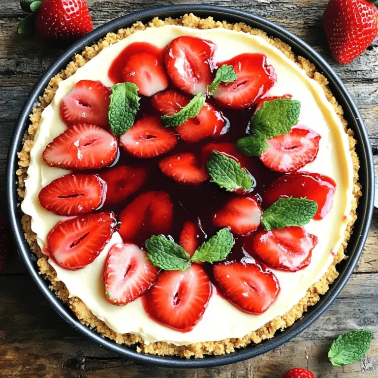 To make a no-bake strawberry cheesecake, you need a few key ingredients. Each ingredient plays a vital role in the flavor and texture of the cake. Here’s what you’ll need: - 200g digestive biscuits, finely crushed - 100g unsalted butter, melted - 400g cream cheese, softened to room temperature - 100g powdered sugar - 1 teaspoon pure vanilla extract - 250ml heavy whipping cream - 300g fresh strawberries, hulled and sliced - 100g strawberry jam - Fresh mint leaves for garnish (optional) If you're missing an ingredient, don't worry! You can make easy swaps. Instead of digestive biscuits, you can use graham crackers. For butter, margarine works too. If you want a lighter version, try using low-fat cream cheese. You can also substitute heavy cream with whipped topping for a similar effect. When choosing strawberries, look for bright red color and a shiny surface. Check for firmness and avoid any with soft spots. Fresh strawberries should smell sweet and fragrant. If you can, buy them from a local market to ensure they are in season. This will make your cheesecake taste even better! To start, gather your ingredients. You need 200g of digestive biscuits and 100g of unsalted butter. First, crush the biscuits into fine crumbs. A food processor works best for this. If you don’t have one, you can place the biscuits in a zip-top bag and crush them with a rolling pin. Next, melt the butter in a small saucepan or microwave. Mix the crushed biscuits and melted butter in a large bowl. Stir until the mixture looks like damp sand. Now, take a 9-inch springform pan. Firmly press the biscuit mix into the bottom of the pan. Make it even and flat. This is your base. Place the pan in the fridge for about 10 minutes to let it set. For the filling, you’ll need 400g of cream cheese, 100g of powdered sugar, and 1 teaspoon of pure vanilla extract. In a new bowl, use an electric mixer to beat the cream cheese. Add the powdered sugar and vanilla extract. Blend until the mix is smooth and creamy. Be sure there are no lumps. Now, in another bowl, whip 250ml of heavy cream until stiff peaks form. This means it should hold its shape. Gently fold the whipped cream into the cream cheese mix. Use a spatula for this. Be careful not to lose the air in the whipped cream. Once your filling is ready, pour it over the chilled biscuit base. Use a spatula to spread it out evenly. Next, take 300g of fresh strawberries. Slice them and arrange them on top of the cheesecake filling. Make a nice pattern for a pretty look. In a small saucepan, heat 100g of strawberry jam until it melts. Remove it from heat and let it cool slightly. Drizzle the melted jam over the strawberries. Cover the cheesecake with plastic wrap and place it in the fridge. Let it chill for at least 4 hours, but overnight is best. When it’s ready, run a warm knife around the edge of the pan to loosen it. Then, carefully release the sides of the springform pan. Now, your no-bake strawberry cheesecake is ready to enjoy! For the full recipe, check out the details provided earlier. To get the best texture, you need to mix well. First, ensure your cream cheese is soft. This helps it blend smoothly. When you whip the cream, aim for stiff peaks. This keeps your cheesecake light and fluffy. Always fold the whipped cream gently into the cheese mixture. This step is key to keeping air in your cheesecake. One big mistake is not chilling the base long enough. If the base isn't set, it will crumble when you cut it. Another mistake is over-mixing the cream cheese. This can lead to a dense texture. Make sure to use fresh strawberries; old ones can affect the taste. Finally, don’t skip the strawberry jam drizzle. It adds flavor and makes your cheesecake look great. To cut the cheesecake cleanly, use a warm knife. Dip the knife in hot water and wipe it dry. This helps you get neat slices. Serve each slice on a dessert plate. You can garnish with mint leaves and extra strawberries. This adds a pop of color and freshness. For the full recipe, check the details provided above. {{image_4}} You can switch out strawberries for other fruits. Try blueberries, raspberries, or peaches. Each will give a unique taste. Fresh fruit adds color and flavor. You can also use canned fruit if fresh isn’t available. Just make sure to drain any juice before adding. Chocolate or caramel can elevate your cheesecake. Melt chocolate and drizzle it on top for a rich taste. A caramel drizzle gives a sweet contrast to the tartness of the strawberries. You can use store-bought sauces or make your own. Just pour it on right before serving to keep it fresh. If you need a gluten-free option, use gluten-free biscuits. Brands like gluten-free graham crackers work well. Crush them just like regular biscuits. Blend with melted butter and press into your pan. This way, everyone can enjoy the cheesecake without worry. For more details, check out the Full Recipe. To keep your no-bake strawberry cheesecake fresh, store it in the fridge. Use an airtight container or cover it tightly with plastic wrap. This prevents odors from other foods from mixing in. Keep the cheesecake chilled until you are ready to serve it. You can freeze this cheesecake if you want to save leftovers. Slice the cheesecake into portions before freezing. Wrap each slice in plastic wrap, then place them in a freezer bag. This helps maintain its taste and texture. To thaw, take it out of the freezer and place it in the fridge for several hours. Avoid microwaving, as it can ruin the texture. In the fridge, your no-bake strawberry cheesecake will last for about three to four days. After that, it may start to lose its freshness. For the best taste, enjoy it within the first few days. Always check for any signs of spoilage before serving. The cheesecake needs at least four hours to set. I recommend letting it chill overnight for the best results. This allows the flavors to meld and the texture to firm up nicely. Yes, you can use frozen strawberries. Just thaw them first and drain any excess liquid. Frozen strawberries can work well, but fresh ones give a better taste and texture. You can use Greek yogurt or mascarpone cheese as substitutes. Both options offer a creamy texture, but the taste will differ slightly. Choose what you like best for your cheesecake. The cheesecake should be firm to the touch and not jiggle in the center. Run a warm knife around the edge before removing the springform pan. This method helps prevent cracks and ensures a clean slice. You learned how to make a no-bake strawberry cheesecake. We covered key ingredients, measurements, and tips for choosing ripe strawberries. I shared step-by-step instructions for the biscuit base, filling, and chilling process. Remember to avoid common mistakes for the best texture and serving. You can explore fruit variations and storage tips to keep it fresh. Enjoy your delicious dessert, and don't hesitate to experiment with new flavors!