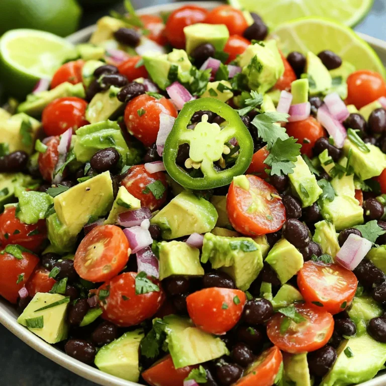 - Ripe avocados - Canned black beans - Cherry tomatoes - Red onion - Red bell pepper - Jalapeño pepper - Fresh cilantro - Lime juice - Extra virgin olive oil - Ground cumin - Salt and pepper For the Avocado Black Bean Salad, each ingredient plays a key role in the taste and texture. Ripe avocados bring creaminess, while canned black beans add protein. Cherry tomatoes offer a burst of sweetness. The red onion lends a zesty crunch, and the red bell pepper adds color and freshness. If you like some heat, the jalapeño pepper is perfect. Fresh cilantro gives a bright herbal note. Lime juice adds a tangy kick, and extra virgin olive oil provides richness. Ground cumin gives an earthy flavor, while salt and pepper enhance all the tastes. - Calories per serving: About 220 - Macronutrient breakdown: - Carbs: 30g - Fats: 10g - Proteins: 7g - Fiber content: 8g This salad is not just tasty; it is also good for you. Each serving has around 220 calories, making it a healthy choice. It has a good mix of carbs, fats, and proteins. The fiber content is high, which helps with digestion. This dish is perfect as a light meal or side. Enjoy making this vibrant salad with the Full Recipe! In a large bowl, start by adding the diced avocados, rinsed black beans, halved cherry tomatoes, finely chopped red onion, diced red bell pepper, and jalapeño if you want some heat. Use a soft spatula to mix everything gently. Be careful to keep the avocados whole. This gentle mixing helps the flavors blend without mashing the creamy avocados. In a small bowl, whisk together the lime juice, olive oil, ground cumin, salt, and pepper. Whisk until the dressing is well mixed and slightly thickened. This emulsifying helps the dressing coat the salad evenly. Now, slowly drizzle the dressing over the salad mix. With a gentle touch, toss the salad so every piece is coated. Be cautious not to mash the avocados, as they should stay chunky and fresh. Next, sprinkle the chopped cilantro on top. Give the salad another light toss to ensure the cilantro is spread throughout. The cilantro adds a burst of freshness that brightens the whole dish. Take a moment to taste the salad. If it needs more flavor, add a splash of lime juice or a pinch of salt. This step is key, as it makes sure your salad is just right for your palate. Let the salad rest at room temperature for 10-15 minutes. This waiting time helps all the ingredients mix together, enhancing the overall flavors. When you serve it, you’ll enjoy a salad that tastes even better! - Ripeness indicators: Look for avocados that feel slightly soft when you press them gently. If they are hard, they need more time to ripen. Dark green or black skin usually means they are ripe. - Best practices for cutting avocados: Cut the avocado in half lengthwise. Twist the two halves apart. Use a spoon to scoop out the seed. Then, slice or dice the flesh while it’s still in the skin. This keeps the pieces neat. - Alternative beans: You can use kidney or pinto beans instead of black beans. Each type brings a different taste and texture. - Replacing lime juice with other citrus: If you don’t have limes, try lemon or orange juice. They will add a different but tasty zing to your salad. - Adding feta cheese or corn: Crumbled feta adds creaminess. Sweet corn gives a nice crunch. Both enhance the flavor and texture. - Enhancing spiciness with additional jalapeños: If you like heat, add more jalapeños. You can also try a dash of hot sauce for an extra kick. These tips help you make the best Avocado Black Bean Salad. Enjoy the process of creating your tasty dish! For the complete recipe, check out the Full Recipe section. {{image_4}} You can easily switch up the flavors in your salad. Try adding corn and lime vinaigrette. This adds sweetness and a nice tang. If you want a fun crunch, toss in some corn chips. They add a great texture that makes each bite exciting. For a fresh spin, include mango or pineapple. This makes your salad taste bright and fruity. You might want to adjust the seasoning to make it sweeter. A bit of honey or extra lime juice can enhance that tropical vibe. If you want to make it heartier, add grilled chicken or shrimp. This boosts the protein while keeping it tasty. You can also mix in quinoa for extra nutrition. Quinoa adds a nice nutty flavor and makes the salad more filling. To keep your avocado black bean salad fresh, use an airtight container. This helps keep air out. Store it in the refrigerator right after making it. The salad stays fresh for about 1 to 2 days. After this, the avocados may brown and lose their taste. Lime juice is a great way to stop browning. It helps keep avocados green and fresh. Make sure to mix lime juice in well. You can also cover the salad with plastic wrap. Press the wrap down to touch the salad. This limits air exposure and helps keep it fresh longer. You do not need to heat this salad. It tastes best cold. If you have leftovers, enjoy them straight from the fridge. You can serve the salad with tortilla chips or on a bed of greens. This keeps each bite crunchy and refreshing. Yes, you can make this salad ahead. To keep it fresh, prepare the base first. Mix the avocados, beans, and veggies. Store them in an airtight container. Add the dressing right before serving. This way, the avocados stay bright and tasty. You can serve this salad with many dishes. Here are some great pairings: - Grilled chicken for protein - Tacos for a fun meal - Rice for a filling option - Tortilla chips for crunch These pairings enhance the salad's flavors and create a balanced meal. When choosing avocados, look for these signs: - The skin should be dark green or almost black. - It should feel soft when you press it gently. - Avoid avocados that have large dark spots. These tips help you pick perfect avocados for your salad. Yes, this recipe is both vegan and gluten-free. It contains no animal products. The black beans and avocados provide all the protein you need. This makes the salad perfect for many diets. When stored properly, this salad lasts about 1 to 2 days in the fridge. Keep it in an airtight container. To keep it fresh longer, avoid mixing in the dressing. This helps prevent browning and keeps flavors fresh. For the detailed steps and ingredients, check the Full Recipe of Avocado Black Bean Fiesta Salad. In this blog post, I shared a simple and tasty recipe for Avocado Black Bean Salad. We covered ingredient selections, step-by-step instructions, and helpful tips. The salad is full of flavor and nutrition, making it a perfect addition to any meal. Don't forget to mix gently and let it rest for the best taste. Remember, you can easily customize this dish to fit your preferences. Enjoy creating your own version of this healthy treat!