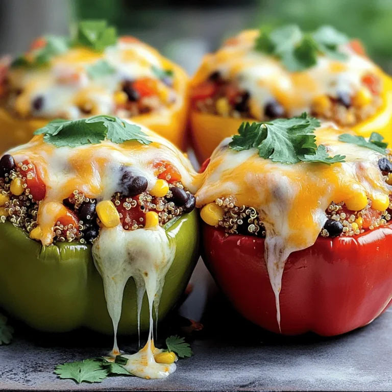 To make stuffed bell peppers with quinoa, gather these tasty ingredients: - 4 large bell peppers (mixed colors) - 1 cup quinoa (rinsed) - 2 cups vegetable broth - 1 can black beans (drained and rinsed) - 1 cup corn kernels - 1 medium onion (finely chopped) - 2 cloves garlic (minced) - 1 teaspoon ground cumin - 1 teaspoon chili powder - ½ teaspoon smoked paprika - Salt and pepper to taste - 1 cup diced tomatoes - 1 cup shredded cheese - Fresh cilantro (optional for garnish) These ingredients work together to create a colorful and healthy meal. Quinoa is the star here, adding protein and fiber. The bell peppers not only look great but also bring sweetness and crunch. If you want to learn how to combine them into a delicious dish, check out the Full Recipe. - To cook quinoa with vegetable broth, start by rinsing 1 cup of quinoa under cold water. This step removes bitterness. Pour the rinsed quinoa into a medium saucepan. Add 2 cups of vegetable broth for added flavor. Bring the mixture to a boil over medium-high heat. Once boiling, reduce the heat to low. Cover the pan and let it simmer for about 15 minutes. You will know it's done when all the liquid is absorbed. - After cooking, fluff the quinoa with a fork. This makes it light and airy. Set the quinoa aside to cool while you prepare the other ingredients. - Heat a non-stick skillet over medium heat. Add 1 medium onion, finely chopped, and 2 cloves of minced garlic. Cook these until the onion turns soft and translucent. This takes about 3 to 5 minutes. - Next, add 1 can of drained black beans and 1 cup of corn kernels to the skillet. Stir in 1 cup of diced tomatoes, along with 1 teaspoon of ground cumin, 1 teaspoon of chili powder, ½ teaspoon of smoked paprika, and salt and pepper to taste. Mix well and let it cook for an additional 5 minutes until everything is warm. - To prepare the bell peppers, slice off the tops and remove the seeds and membranes. Choose 4 large bell peppers for a colorful dish. Place the hollowed peppers upright in a baking dish. Make sure they stand stable. - Now, fill each bell pepper with the quinoa and vegetable mix. Press it down gently to pack it in well. For a cheesy touch, top each pepper with 1 cup of shredded cheese. Let it cascade down the sides for a fun look. - Cover the baking dish with aluminum foil. This helps keep the moisture in. Place it in the preheated oven at 375°F (190°C). Bake for 25 minutes. - After 25 minutes, carefully remove the foil. Return the dish to the oven for another 10 to 15 minutes. You want the peppers to be tender, and the cheese to melt and bubble. It should have a lovely golden color when done. Now you have a delicious, colorful dish ready to serve! For full details, refer to the [Full Recipe]. How to choose the right bell peppers Pick large, firm bell peppers for stuffing. Look for vibrant colors like red, yellow, or green. The best peppers have smooth skin. Avoid any with soft spots or blemishes. This ensures a tasty bite every time. Ensuring even cooking Cut off the tops of the peppers evenly. This helps them stand upright. Remove seeds and membranes for better stuffing. Place them in a baking dish that fits snugly. This keeps them from tipping over during cooking. Adding herbs or spices for variety Fresh herbs like cilantro or parsley boost flavor. Try adding a pinch of oregano or thyme for depth. For a spicy touch, sprinkle in some red pepper flakes. These small tweaks make a big difference in taste. Recommended cheese types for best flavor Cheddar and mozzarella melt well and taste great. For a kick, use pepper jack cheese. If you like tang, feta cheese can add a nice twist. Experiment to find your favorite cheese blend. Essential kitchen tools and equipment You’ll need a sharp knife and a cutting board for prep. A medium saucepan is great for cooking quinoa. Use a non-stick skillet for sautéing vegetables. A sturdy spoon helps you mix everything well. Baking dish recommendations for even heat distribution Choose a glass or ceramic baking dish. These materials distribute heat evenly. Make sure it’s big enough to hold all your stuffed peppers. This way, they cook through without burning. For the full recipe, follow this link: [Full Recipe]. {{image_4}} You can change the protein in stuffed peppers easily. If you want a meat option, try ground turkey. It adds great flavor. For a plant-based choice, use tofu. You can mash it and mix it into the filling. Black beans are great, but these options offer variety. You can also make vegetarian or vegan options. Use black beans or lentils for protein. These keep it meat-free. Just ensure you skip the cheese for a vegan meal. There are many ways to customize the protein to fit your needs. Quinoa is a fantastic base for stuffed peppers, but you can switch grains. Rice is a classic choice that works well. Farro or couscous can also bring a different texture. They make the meal hearty and filling. If you need gluten-free options, use rice or quinoa. Both are naturally gluten-free. This way, everyone can enjoy your stuffed peppers without worry. Think about different flavors to spice things up. For a Mexican twist, add jalapeños or taco seasoning. This gives the dish a kick and adds excitement. You can also use salsa for added flavor. For a Mediterranean vibe, add olives or crumbled feta cheese. These ingredients enhance the taste and bring a fresh feel. Both options are simple yet effective ways to change your stuffed peppers. To keep your stuffed bell peppers fresh, store them in the fridge. Place them in an airtight container. They will stay good for up to 4 days. If you want to save them for later, freezing is a great option. Wrap each stuffed pepper in plastic wrap, then put them in a freezer-safe bag. This way, they can last for up to 3 months. For reheating in the oven, preheat it to 350°F (175°C). Place the peppers in a baking dish with a little broth or water. Cover with foil to keep moisture in. Bake for about 20 minutes or until heated through. If you need a quick option, use the microwave. Place one stuffed pepper on a microwave-safe plate. Heat on high for about 2-3 minutes. If it's not hot enough, heat in 30-second bursts until warm. Stuffed peppers last in the fridge for about 4 days. After that, they may spoil. Look out for any signs of spoilage. If you see mold or a bad smell, it's time to toss them. Always trust your senses! You typically bake stuffed bell peppers for 35 to 40 minutes. Start by covering them with foil for the first 25 minutes. This keeps them moist. After that, remove the foil to let the cheese melt and brown for another 10 to 15 minutes. Check the peppers to ensure they are tender but not mushy. Yes, you can prepare stuffed peppers in advance. Stuff the peppers and place them in a baking dish. Cover with foil and store them in the fridge for up to 24 hours. When ready to bake, just pop them in the oven. You may need to extend the baking time by a few minutes. If you want to swap quinoa, try rice, farro, or couscous. These grains provide a nice texture. Rice cooks quickly and absorbs flavors well. Farro adds a chewy bite, while couscous is fluffy and light. You can also use lentils for a protein boost. Stuffed peppers are quite healthy! They are full of fiber from the quinoa, beans, and veggies. Bell peppers are rich in vitamins A and C. This dish tends to be low in calories and high in nutrients. It offers a balanced meal with protein, carbs, and healthy fats. Absolutely! You can use green, red, yellow, or orange bell peppers. Each type has a unique taste. Green peppers are more bitter, while red ones are sweet and fruity. Mixing colors not only looks pretty but also gives different flavors. Feel free to choose your favorite or what’s on hand! For the complete method to make flavorful stuffed bell peppers, check out the [Full Recipe]. Here, I’ll share key details about the dish that will help you create a yummy meal your family will love. Stuffed bell peppers are colorful and fun. They make a great meal for any day. You can use any bell pepper color. Red, yellow, and green peppers add a nice look to your plate. Each color has a different taste too. Quinoa is the star here. It’s a healthy grain packed with protein. Rinsing it before cooking helps remove any bitter taste. You cook quinoa in vegetable broth for extra flavor. This makes it soft and fluffy, perfect for mixing with veggies. The filling is made from black beans, corn, diced tomatoes, and spices. Black beans add protein and fiber. Corn brings sweetness and crunch. Diced tomatoes add moisture and flavor, making the filling juicy. The spices—cumin, chili powder, and smoked paprika—give your dish a tasty kick. They create layers of flavor that make each bite exciting. Don’t forget to add salt and pepper to taste! When you stuff the peppers, pack the filling well. This keeps everything together during cooking. Topping with shredded cheese adds a melty touch. As the peppers bake, the cheese melts and gets golden. Baking them with foil keeps the peppers moist. Then, removing the foil lets the cheese get bubbly and brown. The result is a beautiful dish that is sure to impress! Stuffed peppers combine colorful ingredients into a tasty meal. We discussed how to prepare quinoa, sauté vegetables, and stuff the peppers. I shared tips for choosing the right peppers and flavoring your dish. Variations allow you to substitute proteins and grains based on your taste. Storing leftovers properly extends the life of your meal. Making stuffed peppers can be fun and creative. Enjoy trying new flavors and share this recipe with others!