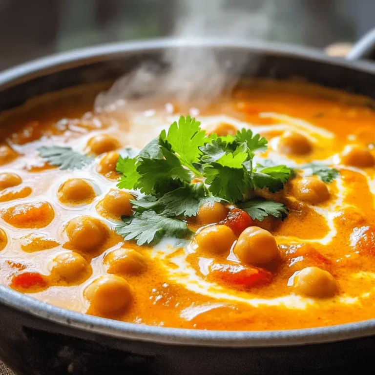To make Indian-spiced chickpea stew, you need fresh and flavorful ingredients. This stew brings warmth and comfort to your table. Here’s what you’ll need: - Canned chickpeas: 2 cups, thoroughly drained and rinsed - Vegetables and aromatics: - 1 medium onion, finely chopped - 2 cloves garlic, minced - 1 tablespoon fresh ginger, grated - Spices and liquids: - 1 can (14 oz) diced tomatoes with juice - 1 can (14 oz) coconut milk - 2 cups vegetable broth - 1 tablespoon curry powder - 1 teaspoon ground cumin - 1 teaspoon turmeric powder - 1/2 teaspoon red chili powder (adjust according to your heat preference) - 1 tablespoon olive oil - Salt and freshly ground black pepper, to taste - Fresh cilantro, chopped (for garnishing) These ingredients create a rich base for your stew. The chickpeas provide protein and texture. The diced tomatoes add acidity and sweetness. Coconut milk gives a creamy touch. Each spice brings its own unique flavor. You can find the full recipe [here]. Enjoy cooking! 1. Sautéing the aromatics Start by heating olive oil in a large pot over medium heat. Add the chopped onion and cook until it turns soft and golden. This should take around five minutes. Then, mix in minced garlic and grated ginger. Cook for one more minute, stirring often. You want to smell the lovely aroma from the garlic and ginger. 2. Adding spices and liquids Next, sprinkle in the curry powder, ground cumin, turmeric powder, and red chili powder. Stir until the onion is coated with these spices. Let them cook for two minutes. This step makes the flavors pop! Now, pour in the diced tomatoes with their juice, followed by the creamy coconut milk and vegetable broth. Mix everything well to combine. 3. Simmering the stew Gently fold in the rinsed chickpeas. Add salt and black pepper to taste. Bring the stew to a gentle simmer. Once simmering, lower the heat, cover the pot, and let it cook for 20 to 25 minutes. Stir occasionally to keep it from sticking. After cooking, taste and tweak the seasoning. If you want it thicker, mash a few chickpeas against the pot. Garnish with fresh cilantro before serving. Enjoy your delicious Indian-spiced chickpea stew! For the full recipe, refer back to the ingredients section. - Ensuring the perfect texture: To get that creamy and thick stew, you should mash some chickpeas. This adds a nice body. Stir gently while mashing to keep some whole. - Adjusting spice levels: If you want more heat, add more red chili powder. Start with a little, then taste and add more if needed. For less spice, cut the chili powder in half. - Enhancing flavor with garnishes: Fresh cilantro adds color and brightness to the stew. Just chop it up and sprinkle it on top before serving. You can also add a squeeze of lime for extra zing. These tips will help you craft a comforting dish. For the complete cooking process, check the Full Recipe. {{image_4}} You can easily change this stew to fit your taste. - Using different legumes or vegetables: If you don’t have chickpeas, try black beans or lentils. You can also add sweet potatoes, carrots, or spinach for more nutrients. - Dairy-free options: The coconut milk gives a rich taste, but you can swap it with almond or soy milk. This keeps the stew creamy without dairy. - Additional spices to suit taste: If you want more heat, add cayenne pepper or fresh chili. For a different flavor, try garam masala or coriander. Play around with spices to find your perfect blend. Feel free to explore these options! Every change can make your stew unique and delicious. Want to try the original? Check out the Full Recipe for the classic dish. To keep your Indian-spiced chickpea stew fresh, let it cool first. This step is key. Place the pot on a cool surface. Give it about 30 minutes to reach room temperature. Use airtight containers for storage. Glass containers work well. They keep the flavors locked in. You can also use plastic containers, but make sure they are BPA-free. When ready to reheat, take the stew from the fridge. Pour it into a pot. Heat it on medium-low. Stir often to stop it from sticking. If it seems thick, add a splash of vegetable broth or water. Heat until it's warm, about 5 to 10 minutes. For safe eating, ensure it reaches at least 165°F. This way, you'll enjoy the stew's warmth and flavor again! For the full recipe, check out the Spicy Indian Chickpea Stew 🥘. Yes, you can freeze this stew. Let it cool first. Then, put it in a safe container. Leave some space at the top for expansion. It stays good for about three months. To thicken your stew, mash some chickpeas. Use the back of a spoon against the pot. You can also simmer it longer. This helps reduce the liquid and makes it thicker. You can serve this stew with rice or naan. Both soak up the flavors well. A side salad or yogurt adds a nice touch too. Enjoy experimenting with different pairings! For the complete recipe, check out the [Full Recipe]. This blog post covered how to make a tasty Indian-spiced chickpea stew. We explored key ingredients like canned chickpeas, various vegetables, and spices. I shared step-by-step instructions for cooking, along with helpful tips for texture and flavor. You learned about fun ingredient variations and how to store leftovers properly. In conclusion, this stew is simple to make and packed with flavor. Feel free to get creative with your ingredients. Enjoy your cooking!