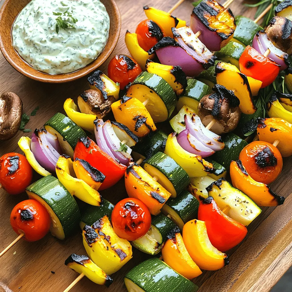 To make delicious grilled veggie kabobs, gather these fresh ingredients: - 1 bell pepper (any color), cut into 1-inch pieces - 1 zucchini, sliced into rounds - 1 yellow squash, sliced into rounds - 1 red onion, cut into wedges - 8 cherry tomatoes - 1 cup mushrooms, cleaned and stems removed - 3 tablespoons olive oil - 2 cloves garlic, finely minced - 1 teaspoon smoked paprika - 1 teaspoon dried oregano - Salt and freshly ground black pepper to taste - 8 skewers (wooden or metal) Fresh vegetables make a big difference in flavor. You can swap in seasonal veggies, like asparagus or eggplant, based on what you find at the market. This keeps your kabobs fresh and exciting. If you have frozen vegetables, use those too! Just remember to thaw and drain them well. Fresh veggies often taste better but frozen can be a great backup. Using fresh ingredients ensures better taste and texture. Fresh veggies hold their shape and crunch better on the grill. When you bite into a grilled kabob, you want that satisfying crunch. Plus, fresh produce packs more nutrients and flavor. So, always try to choose fresh when you can! For the full recipe, check the section above. Cutting vegetables evenly ensures they cook at the same rate. Aim for 1-inch pieces for bell peppers and wedges for onions. Slice zucchini and yellow squash into rounds. If using wooden skewers, soak them in water for at least 30 minutes. This step prevents burning and keeps them strong. Marinating vegetables adds rich flavor. Combine olive oil, minced garlic, smoked paprika, and oregano. Toss in salt and pepper, then mix well. Add your veggies and coat them with the marinade. Let them sit for 15 minutes to soak up the flavors. Preheat your grill to medium-high heat. A hot grill helps create nice grill marks and a good sear. Place the kabobs on the grill grates. Arrange them evenly for better cooking. Cook for about 10-15 minutes. Turn them occasionally to ensure even cooking. Look for tender veggies with nice grill marks. To serve kabobs, use a rustic platter for a warm touch. Garnish with fresh herbs for added color. Serve with tzatziki or yogurt dip for a creamy contrast. Pair with a light salad or grilled protein for a complete meal. Enjoy your delicious creation! For the full recipe, check out the Grilled Veggie Kabobs details above. To boost the taste of your grilled veggie kabobs, try different marinades. Balsamic vinegar adds a sweet tang. Citrus juices like lemon or lime give a bright kick. You can also add spices or herbs. Consider rosemary, thyme, or cayenne pepper for extra flavor. Smoking the veggies adds depth too. If you have a grill with a smoker box, use it. Wood chips like hickory or mesquite can make a big difference. When you assemble your kabobs, think about color and texture. Alternate your veggies for a pretty look. Start with a bell pepper, then add a mushroom, followed by a cherry tomato. This keeps the kabob interesting. To prevent veggies from falling apart, push them snugly together on the skewer. Avoid overloading them; a little space helps. You can also add proteins like chicken or shrimp, or even cheese cubes for variety. This makes your kabobs more filling and tasty. For a twist, try marinating the protein in the same mix as the veggies. If you want to dive deeper into the recipe, check out the Full Recipe for more details! {{image_4}} You can easily customize grilled veggie kabobs by using seasonal vegetables. Here are some ideas: - Summer: Try corn on the cob, eggplant, and asparagus. - Fall: Use butternut squash, Brussels sprouts, and sweet potatoes. - Winter: Consider root veggies like carrots, turnips, and beets. You can also grill fruits alongside your veggies. Fruits add sweetness and a nice contrast. Pineapple, peaches, and bell peppers work well. Skewer them together for fun color and taste. For a great look and texture, combine different colors and shapes. Mix round cherry tomatoes with long zucchini slices. Use bright peppers with earthy mushrooms. This creates visual interest on your plate. You can make grilled veggie kabobs vegan by omitting any animal products. The recipe is already plant-based, so it’s a perfect choice. If you want a gluten-free version, ensure your marinade is gluten-free. Most spices and oils are safe, but check labels. You can enhance nutrition by adding grains or legumes. Try adding cooked quinoa or chickpeas to your kabobs. This gives extra protein and fiber. If you follow a low-carb diet, focus on non-starchy vegetables. Zucchini, bell peppers, and mushrooms are great picks. You can skip the starchy veggies like corn or potatoes. Check out the Full Recipe for more ideas on how to adapt these kabobs! To keep your leftover kabobs fresh, store them in the fridge. Place them in an airtight container. They can last up to three days. For longer storage, freeze them. Wrap each kabob in plastic wrap, then place them in a freezer bag. They can stay frozen for up to three months. When reheating kabobs, use the oven or grill. Preheat the oven to 350°F. Place the kabobs on a baking sheet. Heat them for about 10 minutes. This method keeps the veggies tender. You can also grill them for 5 minutes on medium heat. Avoid microwaving, as it makes them soggy. The freshness of your ingredients matters. Bell peppers and zucchini last well in the fridge for about a week. Tomatoes and mushrooms are best if used within three days. Always check for signs of spoilage before using leftovers. You can prep veggies ahead of time for easy grilling. Cut your bell pepper, zucchini, and onion in advance. Store them in the fridge in sealed bags. This saves time when you're ready to grill. Kabobs are great for meal plans. You can mix and match different veggies throughout the week. Pair them with grains or salads for a full meal. They also work well for lunch boxes. Just make sure to keep them cool until you eat. If you have a gathering, kabobs are a hit! You can set up a kabob station. Guests can choose their favorite veggies. This adds fun and personalization to your meal. Kabobs not only taste great but also look colorful and inviting on the table. For the complete recipe, check out the [Full Recipe]. Can I make these kabobs in the oven? Yes, you can! Set your oven to 400°F. Place the kabobs on a baking sheet. Bake for about 20 minutes, turning halfway through. This gives you a tasty option when grilling isn't possible. What are the best vegetables for grilling? The best vegetables for grilling include: - Bell peppers - Zucchini - Yellow squash - Red onion - Cherry tomatoes - Mushrooms These veggies hold up well on the grill and taste great! How to know when the vegetables are done cooking? Look for nice grill marks and tenderness. You can pierce them with a fork. If they are soft but still firm, they are ready to eat. How to make grilled veggie kabobs more flavorful? Use a good marinade with olive oil, garlic, and spices. Let the veggies soak in the marinade for at least 15 minutes. This step really boosts their taste. Why should you marinate vegetables? Marinating adds flavor and helps keep them juicy. The oil and spices soak into the veggies, making each bite delicious. What type of skewers work best for grilling? Both wooden and metal skewers work well. If using wooden skewers, soak them first. This prevents burning. Metal skewers can be reused and do not need soaking. Can I use tofu or tempeh in veggie kabobs? Yes, tofu or tempeh can add protein. Cut them into cubes and marinate like the veggies. They grill nicely and taste great with the other flavors. How do I prevent vegetables from burning on the grill? Start with a clean grill and preheat it. Keep an eye on the kabobs while grilling. Turn them often to ensure even cooking and avoid burning. What can I serve alongside grilled veggie kabobs? Serve kabobs with dips like tzatziki or hummus. They also pair well with rice, quinoa, or a fresh salad. Adding some bread can complete the meal nicely. You now have all the tools to create delicious grilled veggie kabobs. We covered essential ingredients, preparation methods, grilling tips, and serving ideas. Remember, fresh ingredients make a big difference. You can also customize with various vegetables and flavors. Don’t forget to store leftovers properly for future meals. Enjoy your grilling adventure, and get creative with your kabob variations. With practice, you'll master this fun cooking method that delights everyone!