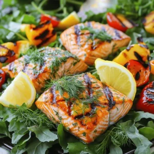 - 4 salmon fillets (approximately 6 ounces each) - 3 tablespoons extra-virgin olive oil - 2 tablespoons fresh dill, finely chopped - 2 garlic cloves, minced The main ingredients shine in this dish. The salmon fillets are the star, with their rich flavor and tender texture. I use extra-virgin olive oil for its fruity taste. Fresh dill adds a bright touch, while garlic brings depth. These simple ingredients combine to make a delightful meal. - Salt and freshly cracked black pepper, to taste - Lemon wedges, for serving Seasoning enhances the natural flavors of the salmon. I recommend using salt and black pepper to taste. These simple spices work wonders. Lemon wedges add a fresh burst of flavor when served. You can squeeze them over the salmon for a zesty kick. - Ideal accompaniments: grilled vegetables or a fresh salad - Pairing with side dishes: quinoa, rice, or roasted potatoes When serving, I love pairing the grilled salmon with colorful grilled vegetables. A fresh salad also complements the dish well. For heartier options, consider serving with quinoa, rice, or roasted potatoes. These sides balance the meal and create a satisfying plate. You can find the full recipe in the earlier section. To start, you need to mix some simple ingredients. In a medium bowl, combine: - 3 tablespoons extra-virgin olive oil - Zest and juice from 2 large lemons - 2 tablespoons fresh dill, finely chopped - 2 minced garlic cloves - Salt and freshly cracked black pepper to taste Whisk these ingredients together until they blend well. This marinade adds great flavor to the salmon. Marinating is key. Let the salmon soak up these flavors for at least 30 minutes in the fridge. This time allows the marinade to infuse the salmon deeply. Now it’s time to grill. First, preheat your grill to medium-high heat. Brush the grates lightly with olive oil. This step helps to stop the salmon from sticking. Once the grill is ready, take the salmon out of the fridge. Let any extra marinade drip off. Place the salmon skin-side down on the grill. Cook for about 4-5 minutes without moving it. This gives you nice grill marks. Carefully flip the fillets using a spatula. Grill for another 3-4 minutes. You know the salmon is done when it looks opaque and flakes easily with a fork. After grilling, it’s important to let the salmon rest for a couple of minutes. This helps keep it juicy. When you are ready to serve, plate the grilled salmon warm. Add fresh lemon wedges for extra flavor. A squeeze of lemon brightens each bite. For the full recipe, check the detailed instructions. Enjoy your Lemon Dill Grilled Salmon! To get those perfect grill marks, you need heat. Preheat your grill to medium-high. Brush the grates with olive oil to keep the salmon from sticking. Place the salmon skin-side down and avoid moving it for a few minutes. This helps the fish sear and form those beautiful char marks. Cook for about 4-5 minutes before flipping. Flip carefully with a spatula and cook for another 3-4 minutes. This method ensures you get those nice lines and a great taste. Keeping your salmon juicy is key. Marinate the fish for at least 30 minutes. This lets the flavors soak in. Use a good amount of olive oil in your marinade. It helps lock in moisture while grilling. If your salmon is thick, you may need to grill it a bit longer. Just make sure it's opaque and flakes easily. Let the salmon rest after grilling. This step helps keep it moist when you serve it. Feel free to make the marinade your own. If you want a strong lemon flavor, add more lemon juice or zest. For a different twist, try adding some honey for sweetness. You can also switch out the dill for other herbs like parsley or thyme. This way, you can adjust the taste to fit your mood. Experimenting with the marinade allows you to create a dish that feels personal and unique. For the full recipe, check the earlier sections. {{image_4}} Switching up your marinade can make a big difference. You can try using different herbs. Basil or parsley can add fresh notes. Adding mustard or honey can also change the taste. For a smoky flavor, try adding smoked paprika. Mix and match to create a new dish every time. While grilling is my favorite way to cook salmon, you can also bake it. To bake, set your oven to 375°F. Place the marinated salmon on a baking sheet. Bake for about 15-20 minutes, or until it flakes easily. Another method is pan-searing. Heat olive oil in a skillet over medium heat. Sear the salmon for 4-5 minutes on each side. This gives a lovely crust. How you serve your salmon can change the meal's vibe. For a cozy dinner, place the salmon on a plate with rice and steamed veggies. For a fancy touch, serve on a bed of arugula with lemon slices. You can also add a drizzle of balsamic glaze for style. Don't forget to sprinkle more fresh dill on top for color and flavor. To store leftover grilled salmon, let it cool first. Place the salmon in an airtight container. Make sure to seal it well to keep out air. Store it in the fridge for up to three days. This keeps the salmon fresh and safe to eat. If you want to keep grilled salmon longer, freezing is a great option. Wrap each piece in plastic wrap, then place it in a freezer bag. Squeeze out as much air as you can before sealing. You can freeze it for up to three months. When you’re ready to eat, move the salmon to the fridge. Let it defrost overnight for the best texture. Reheating grilled salmon can be tricky. You don’t want it to dry out. I recommend using the oven. Preheat it to 275°F (135°C). Place the salmon on a baking sheet and cover it with foil. Heat it for about 15 minutes. This keeps it moist and tasty. You can also use the microwave, but do it carefully. Heat in short bursts, checking often to avoid overcooking. Enjoy your leftover Lemon Dill Grilled Salmon just as much as the first time! For the full recipe, check out the complete article. I recommend marinating the salmon for at least 30 minutes. This time allows the flavors of the marinade to seep into the fish. If you have longer, up to 2 hours works well too. Just avoid marinating for too long, as the acid from the lemon can change the texture. Yes, you can use frozen salmon. Just ensure it is fully thawed before marinating. Thaw it in the fridge overnight or place it in cold water for quicker results. This helps maintain the fish's texture and flavor. Some great side dishes include: - Steamed asparagus - Garlic mashed potatoes - Quinoa salad - Grilled zucchini - Roasted Brussels sprouts These sides complement the salmon's bright flavors and create a balanced meal. Absolutely! You can bake or pan-sear the salmon. To bake, set your oven to 400°F (200°C) and cook for about 12-15 minutes. For pan-searing, heat a skillet over medium-high heat, cook for about 4-5 minutes on each side. Both methods work well, just adjust your cooking time. This blog post covered everything you need for making Lemon Dill Grilled Salmon. We discussed the key ingredients, step-by-step instructions, and tips for grilling. I shared variations, storage info, and answered common questions. Grilling salmon at home can be fun and rewarding. With the right steps and ingredients, you can impress everyone. Enjoy this dish with your favorite sides for a delicious meal. Happy cooking!